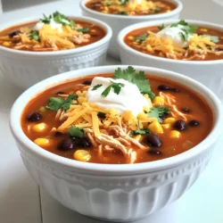 - 1 pound boneless skinless chicken breasts - 1 can black beans - 1 can corn - 1 can red enchilada sauce - 1 medium onion - 2 cloves garlic The main ingredients create the base of this soup. The chicken adds protein and heartiness. Black beans and corn bring in fiber and sweetness. Red enchilada sauce gives it a rich, spicy flavor. Onion and garlic add depth to the taste. - Chili powder - Cumin - Smoked paprika - Salt and pepper Seasonings elevate the flavor. Chili powder gives a warm, spicy kick. Cumin adds a nutty, earthy taste. Smoked paprika brings a subtle smokiness. Salt and pepper enhance all the flavors. Adjust these to suit your taste. - Shredded cheddar cheese - Fresh cilantro - Sour cream or Greek yogurt - Tortilla chips Garnishes make the dish pop. Shredded cheddar cheese adds creaminess. Fresh cilantro gives a bright, fresh taste. Sour cream or Greek yogurt adds tang. Tortilla chips provide a crunchy contrast. Serve these on top for a fun twist. - Place chicken breasts in the slow cooker. This gives a great base for the soup. - Combine the black beans, corn, enchilada sauce, onion, garlic, diced tomatoes, and chicken broth in a bowl. - Add chili powder, cumin, smoked paprika, salt, and pepper for flavor. - Pour this mixture over the chicken, ensuring it covers the chicken well. This will help the chicken absorb all the flavors. - Set the slow cooker to low for 6-7 hours or high for 3-4 hours. Cooking on low gives the best taste. - After the time is up, check if the chicken is tender. - Remove the chicken and shred it using two forks. This makes it easy to mix back into the soup. - Return the shredded chicken to the soup and stir well. - Taste the soup and adjust seasoning if needed. You can add more salt or spices for extra flavor. - Let the soup sit on warm for 10-15 minutes. This helps the flavors mix even better. - Serve hot, and enjoy the delicious meal! To get the best flavor in your Chicken Enchilada Soup, seasoning is key. Start with salt and pepper. These basics enhance all the other flavors. Next, add chili powder, cumin, and smoked paprika. These spices give your soup a warm, rich taste. For a thicker soup, you can mash some of the black beans into the broth. This adds body without changing the flavor. Another tip is to let the soup sit after cooking. The flavors mix and deepen, making each bite even better. Choosing the right slow cooker matters. A 6-quart slow cooker works best for this recipe. It gives you enough space for all the ingredients. Look for one with a temperature dial for low and high settings. This helps you get the cooking time right. Cooking times affect flavor too. Set your slow cooker on low for 6-7 hours. If you're short on time, high for 3-4 hours works. Just make sure the chicken is fully cooked before serving. Meal prepping can save you time. Chop the onion and garlic a day ahead. Store them in airtight containers. You can also rinse and drain the beans and corn early. This way, you can just toss everything in the slow cooker when you're ready to cook. For storing prepped veggies and chicken, keep them in the fridge. Use them within 1-2 days for the best taste. This will help you create a quick and tasty meal whenever you want! {{image_2}} You can swap in lean turkey or tofu for the chicken. Both options keep the soup tasty and lower in fat. Use low-sodium broth to cut back on salt. This helps keep your heart healthy while still enjoying a flavorful meal. Try adding bell peppers, zucchini, or spinach for extra nutrients. These veggies blend well with the soup and add color. To incorporate greens, chop them finely and toss them in during the last hour of cooking. This way, they stay vibrant and fresh. For a kick, add Southwest spices like cayenne or chipotle. They bring a smoky heat that enhances the soup's depth. Experiment with different cheeses, too. Queso fresco or pepper jack can add a new layer of flavor. Sprinkle them on top before serving for a melty treat. After you enjoy your Chicken Enchilada Soup, let it cool. Store leftovers in an airtight container. Refrigerate within two hours for safety. This keeps the soup fresh and tasty. It will last three to four days in the fridge. If you want to save some for later, freezing is a great option. First, let the soup cool completely. Then, pour it into a freezer-safe container. Leave some space at the top for expansion. Seal it well and label it with the date. You can freeze the soup for up to three months. To reheat, thaw it in the fridge overnight. Then, warm it on the stove or in the microwave until hot. When refrigerated, Chicken Enchilada Soup is best eaten within four days. If you freeze it, use it within three months for the best flavor. Always check for signs of spoilage before eating. If it smells off or looks strange, toss it out. This helps keep you safe and healthy. To make Chicken Enchilada Soup vegetarian, you can swap the chicken for plant-based proteins. Use: - 1 pound of cubed tofu or tempeh - 1 can of chickpeas, drained and rinsed These alternatives will provide protein and a good texture. You may also want to add more veggies, like diced bell peppers or zucchini, for extra flavor and nutrition. Yes, you can use frozen chicken in the slow cooker. It is safe, but there are some tips to follow: - Cook on high for 4-5 hours if the chicken is frozen. - Ensure the internal temperature reaches 165°F (75°C) for safety. - Always check the chicken for doneness before shredding. Using frozen chicken may alter the cooking time, so keep an eye on it. You can pair Chicken Enchilada Soup with a variety of sides. Here are some great options: - Warm tortilla chips for crunch. - A fresh green salad with lime vinaigrette. - Homemade guacamole or salsa for dipping. - Cornbread or crusty bread to soak up the soup. These sides will enhance the meal and make it even more enjoyable! This blog post shared a simple, tasty Chicken Enchilada Soup recipe. You learned about key ingredients and seasonings. Step-by-step instructions helped you cook with ease. Plus, you discovered tips for flavor and meal prep, along with variations for your taste. In the end, this soup is not just easy to make; it’s also versatile. Experiment with flavors and ingredients you love. Enjoy creating this warm, hearty dish!