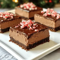 - 1 ½ cups chocolate graham cracker crumbs - ½ cup unsweetened cocoa powder - ½ cup unsalted butter, melted - 1 cup cream cheese, softened - ½ cup powdered sugar - 1 teaspoon peppermint extract - 2 cups whipped cream (or 1 tub of store-bought whipped topping) - ½ cup semi-sweet chocolate chips - Crushed peppermint candies for garnish These ingredients will come together to create a rich and creamy dessert. The chocolate graham cracker crumbs form a sweet crust that pairs well with the smooth cheesecake filling. The cream cheese gives the bars their classic texture, while the whipped cream makes them light and fluffy. Adding cocoa powder boosts the chocolate flavor, while peppermint extract brings a fresh twist. The chocolate drizzle on top adds both flavor and visual appeal. Finally, crushed peppermint candies provide a festive look and a nice crunch. Gather these items before you start. Having everything ready makes the process easier and more fun. You can find most of these ingredients at your local grocery store. Enjoy the process of making these delightful bars! - Combine 1 ½ cups chocolate graham cracker crumbs, ½ cup unsweetened cocoa powder, and ½ cup melted unsalted butter. - Mix until it resembles wet sand. - Press the mixture into a 9x9 inch baking pan evenly. - Refrigerate to set the crust. - Beat 1 cup cream cheese until smooth. - Gradually add ½ cup powdered sugar and 1 teaspoon peppermint extract. - Gently incorporate 2 cups whipped cream into the cream cheese mixture. - Spread the cheesecake filling over the chilled crust evenly. - Smooth the top with a spatula. - Melt ½ cup semi-sweet chocolate chips in a microwave. - Drizzle over the cheesecake filling. - Refrigerate for at least 4 hours to firm up. - Sprinkle with crushed peppermint candies before serving. - Cut into squares for serving. To make a great crust, press it firmly. Use the back of a measuring cup. This helps it hold together. If you want a twist, try using crushed Oreos or vanilla wafers. Both add a fun flavor. For a creamier texture, use room-temperature cream cheese. Blend it until smooth. If you like it sweeter, add more powdered sugar. Just remember to taste as you go. Garnish the bars with crushed peppermint candies. It adds color and crunch. For a festive touch, serve on a bright platter. You could also add a mint leaf on top for extra flair. {{image_2}} You can easily change the flavor of your cheesecake bars. Try adding different extracts. Vanilla or chocolate extracts can make it richer. You can also swap in candies for the garnish. Crushed Oreos or M&M's can add fun colors and textures. If you need gluten-free options, use gluten-free chocolate graham crackers. This keeps the crust tasty and safe for all. For vegan alternatives, try using cashew cream for the cream cheese. Coconut whipped cream works well too. These swaps keep the dessert creamy and delicious. Scaling the recipe is simple. You can double it for a bigger crowd. Just use a larger pan, like a 9x13 inch. If you want fewer bars, cut the recipe in half. A smaller 8x8 inch pan is perfect for this. Adjusting the size helps fit any occasion. After you make your No Bake Chocolate Peppermint Cheesecake Bars, you want to keep them fresh. Store any leftovers in the fridge. Use an airtight container to protect them from air and moisture. This helps maintain their creamy texture and rich flavor. If you don’t have an airtight container, cover the pan tightly with plastic wrap. You can also freeze these cheesecake bars. To do this, cut them into squares first. Place the pieces in a single layer on a baking sheet. Freeze until solid. Then, transfer them to a freezer-safe container. Use wax paper between layers to prevent sticking. When you want to enjoy a square, take it out and let it thaw in the fridge for a few hours. This keeps them tasting fresh and delicious. In the fridge, these cheesecake bars last about five days. Check for any signs of spoilage. If you see any mold or notice an off smell, it’s best to discard them. Keeping an eye on your treats helps ensure you enjoy every bite! Yes, you can use different types of graham crackers. Honey, cinnamon, or even chocolate graham crackers work well. Each type brings its own flavor. Experiment with your favorites to find the best taste. You can easily make these cheesecake bars a day ahead. Just prepare the dessert and refrigerate it. This gives the flavors time to blend. Make sure to cover it well to keep it fresh. If your cheesecake doesn’t set, it often needs more time in the fridge. Ensure it stays chilled for at least four hours. If it’s still soft, try adding more whipped cream to thicken the mixture. Yes, sugar substitutes can work in this recipe. Use sweeteners like stevia or erythritol. Just remember to adjust the amount since they are often sweeter than sugar. Always check the package for the correct ratio. Definitely! You can use milk chocolate, dark chocolate, or even white chocolate. Each type will give a unique taste to the bars. Choose the one you love best for a fun twist. This cheesecake bars recipe is simple yet delicious. You blend chocolate crumbs for the crust and create a creamy filling. Add fun toppings, and you have a delightful treat. Remember to chill your bars well for the best texture. Feel free to make variations or adjust for dietary needs. Enjoy these sweet moments with friends and family. They are sure to be a hit!
