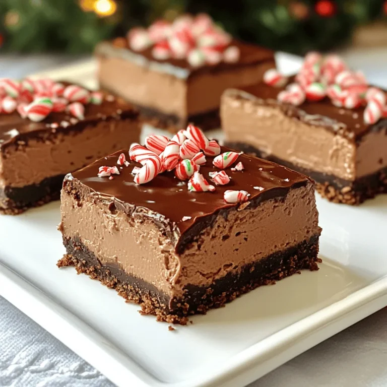 - 1 ½ cups chocolate graham cracker crumbs - ½ cup unsweetened cocoa powder - ½ cup unsalted butter, melted - 1 cup cream cheese, softened - ½ cup powdered sugar - 1 teaspoon peppermint extract - 2 cups whipped cream (or 1 tub of store-bought whipped topping) - ½ cup semi-sweet chocolate chips - Crushed peppermint candies for garnish These ingredients will come together to create a rich and creamy dessert. The chocolate graham cracker crumbs form a sweet crust that pairs well with the smooth cheesecake filling. The cream cheese gives the bars their classic texture, while the whipped cream makes them light and fluffy. Adding cocoa powder boosts the chocolate flavor, while peppermint extract brings a fresh twist. The chocolate drizzle on top adds both flavor and visual appeal. Finally, crushed peppermint candies provide a festive look and a nice crunch. Gather these items before you start. Having everything ready makes the process easier and more fun. You can find most of these ingredients at your local grocery store. Enjoy the process of making these delightful bars! - Combine 1 ½ cups chocolate graham cracker crumbs, ½ cup unsweetened cocoa powder, and ½ cup melted unsalted butter. - Mix until it resembles wet sand. - Press the mixture into a 9x9 inch baking pan evenly. - Refrigerate to set the crust. - Beat 1 cup cream cheese until smooth. - Gradually add ½ cup powdered sugar and 1 teaspoon peppermint extract. - Gently incorporate 2 cups whipped cream into the cream cheese mixture. - Spread the cheesecake filling over the chilled crust evenly. - Smooth the top with a spatula. - Melt ½ cup semi-sweet chocolate chips in a microwave. - Drizzle over the cheesecake filling. - Refrigerate for at least 4 hours to firm up. - Sprinkle with crushed peppermint candies before serving. - Cut into squares for serving. To make a great crust, press it firmly. Use the back of a measuring cup. This helps it hold together. If you want a twist, try using crushed Oreos or vanilla wafers. Both add a fun flavor. For a creamier texture, use room-temperature cream cheese. Blend it until smooth. If you like it sweeter, add more powdered sugar. Just remember to taste as you go. Garnish the bars with crushed peppermint candies. It adds color and crunch. For a festive touch, serve on a bright platter. You could also add a mint leaf on top for extra flair. {{image_2}} You can easily change the flavor of your cheesecake bars. Try adding different extracts. Vanilla or chocolate extracts can make it richer. You can also swap in candies for the garnish. Crushed Oreos or M&M's can add fun colors and textures. If you need gluten-free options, use gluten-free chocolate graham crackers. This keeps the crust tasty and safe for all. For vegan alternatives, try using cashew cream for the cream cheese. Coconut whipped cream works well too. These swaps keep the dessert creamy and delicious. Scaling the recipe is simple. You can double it for a bigger crowd. Just use a larger pan, like a 9x13 inch. If you want fewer bars, cut the recipe in half. A smaller 8x8 inch pan is perfect for this. Adjusting the size helps fit any occasion. After you make your No Bake Chocolate Peppermint Cheesecake Bars, you want to keep them fresh. Store any leftovers in the fridge. Use an airtight container to protect them from air and moisture. This helps maintain their creamy texture and rich flavor. If you don’t have an airtight container, cover the pan tightly with plastic wrap. You can also freeze these cheesecake bars. To do this, cut them into squares first. Place the pieces in a single layer on a baking sheet. Freeze until solid. Then, transfer them to a freezer-safe container. Use wax paper between layers to prevent sticking. When you want to enjoy a square, take it out and let it thaw in the fridge for a few hours. This keeps them tasting fresh and delicious. In the fridge, these cheesecake bars last about five days. Check for any signs of spoilage. If you see any mold or notice an off smell, it’s best to discard them. Keeping an eye on your treats helps ensure you enjoy every bite! Yes, you can use different types of graham crackers. Honey, cinnamon, or even chocolate graham crackers work well. Each type brings its own flavor. Experiment with your favorites to find the best taste. You can easily make these cheesecake bars a day ahead. Just prepare the dessert and refrigerate it. This gives the flavors time to blend. Make sure to cover it well to keep it fresh. If your cheesecake doesn’t set, it often needs more time in the fridge. Ensure it stays chilled for at least four hours. If it’s still soft, try adding more whipped cream to thicken the mixture. Yes, sugar substitutes can work in this recipe. Use sweeteners like stevia or erythritol. Just remember to adjust the amount since they are often sweeter than sugar. Always check the package for the correct ratio. Definitely! You can use milk chocolate, dark chocolate, or even white chocolate. Each type will give a unique taste to the bars. Choose the one you love best for a fun twist. This cheesecake bars recipe is simple yet delicious. You blend chocolate crumbs for the crust and create a creamy filling. Add fun toppings, and you have a delightful treat. Remember to chill your bars well for the best texture. Feel free to make variations or adjust for dietary needs. Enjoy these sweet moments with friends and family. They are sure to be a hit!