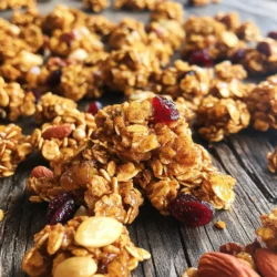 To make pumpkin pie granola clusters, gather these ingredients: - 2 cups rolled oats - 1 cup pumpkin puree - 1/2 cup maple syrup - 1/2 cup almond butter (or peanut butter) - 1 teaspoon vanilla extract - 1 teaspoon pumpkin pie spice - 1/2 teaspoon salt - 1 cup mixed nuts (almonds, pecans, walnuts) - 1/2 cup dried cranberries or raisins - 1/4 cup chia seeds These simple items create a perfect balance of flavors and textures. If you have allergies, here are some easy swaps: - Replace almond butter with sunflower seed butter for nut-free options. - Use agave syrup in place of maple syrup for a different sweetener. - Choose gluten-free oats if you need to avoid gluten. - Swap mixed nuts with seeds for a nut-free version. These changes keep the recipe safe while still delicious. Let’s break down some key nutrition facts: - Rolled oats: Great for fiber and energy. - Pumpkin puree: High in vitamins A and C, plus antioxidants. - Maple syrup: Natural sweetener with minerals like manganese and zinc. - Almond butter: Packed with healthy fats and protein. - Chia seeds: Full of omega-3s, fiber, and protein. These ingredients not only taste good, but they also provide health benefits. To start, gather your ingredients. You need: - 2 cups rolled oats - 1 cup pumpkin puree - 1/2 cup maple syrup - 1/2 cup almond butter (or peanut butter) - 1 teaspoon vanilla extract - 1 teaspoon pumpkin pie spice - 1/2 teaspoon salt - 1 cup mixed nuts (almonds, pecans, walnuts) - 1/2 cup dried cranberries or raisins - 1/4 cup chia seeds First, preheat your oven to 350°F (175°C). This ensures even baking. Next, line a baking sheet with parchment paper. This makes cleanup easy. In a large bowl, mix the rolled oats, pumpkin puree, maple syrup, almond butter, vanilla extract, pumpkin pie spice, and salt. Stir well until everything is combined. The mixture should be thick and sticky. Now it’s time to add the fun stuff! Fold in the mixed nuts, dried cranberries (or raisins), and chia seeds. Make sure they are evenly spread throughout the mix. Shape the mixture into clusters. Aim for golf ball-sized clumps. Place them on the lined baking sheet, giving them space to expand. Bake in the preheated oven for 20-25 minutes. Keep an eye on them. You want them golden brown and firm to the touch. The smell will be amazing! Once baked, remove the clusters from the oven. Let them cool completely on the baking sheet. They will harden as they cool, creating that satisfying crunch. After cooling, break any large clusters into smaller pieces if you like. Store your pumpkin pie granola clusters in an airtight container at room temperature. They stay fresh for up to two weeks. Enjoy this tasty snack at any time! To make sure your granola clusters are crunchy, start with the right mix. Use 2 cups of rolled oats, as they hold together well. Add 1 cup of pumpkin puree for moisture. The mix of 1/2 cup of maple syrup and 1/2 cup of almond butter binds everything. Shape the mixture into golf ball-sized clusters. This size helps them bake evenly. Want more flavor? Try adding a pinch of nutmeg or a dash of cinnamon. You can swap pumpkin pie spice for fresh spices for a unique twist. Mix in 1/2 cup of dried cranberries or raisins for sweetness. These additions brighten the flavor and add a chewy texture. One common mistake is not baking long enough. Bake the clusters for 20-25 minutes until they turn golden brown. If you remove them too soon, they may stay soft. Also, avoid overcrowding the baking sheet. Space out the clusters to allow even cooking and better crispiness. {{image_2}} You can change the flavor of your pumpkin pie granola clusters with seasonal twists. Try adding chopped apples and cinnamon for a fall vibe. In winter, swap in dried figs and a hint of nutmeg. For a summer treat, mix in fresh berries or coconut flakes. Each season brings new flavors to explore! If you want to change the sweet taste, use different sweeteners. Honey or agave syrup works well in place of maple syrup. You can even try brown sugar for a deeper flavor. Each sweetener adds its own twist, so taste as you go! Customizing your nut and fruit mix-ins makes your clusters unique. Use any nuts you love—like cashews or hazelnuts. Dried fruits like apricots or figs also add a nice touch. You can even skip the fruit altogether for a nut-only version. Mix and match to find your favorite combo! To keep your pumpkin pie granola clusters fresh, store them in an airtight container. Use a glass jar or a plastic container with a tight lid. This helps retain their crunch and flavor. Avoid storing them in a warm or humid place. A cool pantry or a kitchen cupboard works best. If you want to save your clusters for later, freezing is a great option. Place the clusters in a freezer-safe bag. Remove as much air as possible before sealing. Label the bag with the date. They can stay fresh in the freezer for up to three months. When ready to eat, just thaw them at room temperature. When stored correctly at room temperature, the granola clusters last about two weeks. If you see any signs of moisture or mold, discard them. Always check the smell and texture before eating. This way, you ensure you enjoy the best flavors and crunch. You can use peanut butter as a tasty swap. It adds a nice flavor too. Sunflower seed butter is another great choice if you need a nut-free option. Both will work well in the recipe and will keep the clusters nice and crunchy. To make these clusters gluten-free, choose certified gluten-free oats. Regular oats may have traces of gluten, so it's best to check. This small change ensures everyone can enjoy the snack safely. You can find pre-made pumpkin pie granola clusters at health food stores or online. Many brands offer them during the fall season. Just check the ingredients to make sure they fit your taste and diet needs. Yes, you can make these clusters without nuts if you prefer. Just leave out the mixed nuts and add more seeds or dried fruit. This will keep the clusters tasty and interesting without the crunch of nuts. You can enjoy these clusters as a snack on their own. They also work great as a topping for yogurt or smoothie bowls. Add them to your breakfast for a fun twist or pack them for a healthy lunch treat. This blog post covered all you need to know about making pumpkin pie granola clusters. We talked about the ingredients, step-by-step instructions, storage tips, and common mistakes. Now you can create tasty and healthy snacks that suit your needs. Don't be afraid to try different flavors or mix-ins. These clusters are easy to customize and store well. Grab your ingredients and have fun in the kitchen! Enjoy your tasty creations!