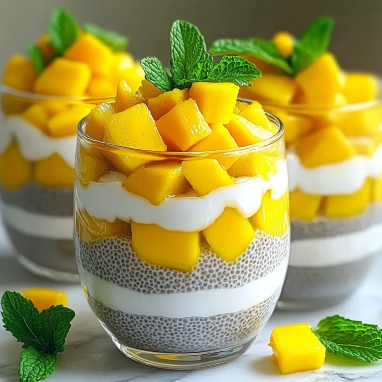Here is what you need for your Mango Coconut Chia Pudding: - 1 cup coconut milk (canned or carton) - 1/4 cup chia seeds - 2 tablespoons maple syrup (or honey) - 1 ripe mango, diced - 1/2 teaspoon vanilla extract - 1/4 teaspoon salt - Fresh mint leaves for garnish (optional) This blend of ingredients brings together rich flavors and creamy textures. Coconut milk gives a sweet, tropical taste. Chia seeds add thickness and nutrition. You can choose maple syrup or honey to sweeten it to your liking. The fresh mango provides a juicy burst of flavor. Vanilla extract enhances the overall taste, while salt balances the sweetness. Feel free to add mint leaves on top for a fresh touch. This pudding is not just tasty; it’s also simple to make. Gather these ingredients, and you’ll be ready for a tropical treat. Start by grabbing a mixing bowl. Pour in 1 cup of coconut milk. Add 1/4 cup of chia seeds to the bowl. Next, include 2 tablespoons of maple syrup or honey. Don't forget to add 1/2 teaspoon of vanilla extract and a pinch of salt. Stir the mixture well. This helps the chia seeds spread evenly. You want to avoid clumps at this stage. Once mixed, cover the bowl with plastic wrap. Place it in the fridge for 4 hours or overnight. This step is key. Chia seeds soak up the liquid and grow. They turn into a thick, pudding-like texture. Patience is important here. The longer you let it sit, the better it becomes. After chilling, take the bowl out of the fridge. Give the mixture a good stir to break any clumps. Now, it's time to layer! Take serving glasses or bowls. Start with a layer of chia pudding at the bottom. Then, add a layer of diced mango. Repeat these layers until your glasses are full. For the final touch, top with more mango and a few fresh mint leaves. This adds a pop of color and a fresh taste. Serve it chilled and enjoy your tropical delight! You can easily change the sweetness of this dish. If you want more sweetness, add more maple syrup or honey. Taste as you go to find your perfect balance. Each person has their own favorite level of sweetness. If you prefer non-dairy, try other milks. Almond milk or oat milk are great choices. These options work well and still taste delicious. They can help you make this dish fit your diet. Refrigeration is key for a great chia pudding. You must let it chill for at least 4 hours. This time allows the chia seeds to soak up the liquid. If you want a thicker pudding, let it sit longer. When ready to serve, give it a good stir. This breaks up any clumps and makes it smooth. Enjoy your creamy delight! {{image_2}} You can mix in other fruits for fun flavors. Try adding diced pineapple, papaya, or kiwi. Each fruit gives a new twist to the pudding. Pineapple makes it bright and tangy. Papaya adds a soft sweetness. Kiwi brings a refreshing zing. These fruits pair well with mango and coconut. They create a tasty tropical blend. If you want to change things up, add coconut flakes or chocolate. Coconut flakes give a crunchy texture. You can sprinkle them on top or mix them in. For a chocolate twist, add cocoa powder or chocolate chips. The chocolate will deepen the flavor and make it richer. This will please any chocolate lover. Make sure all your ingredients fit vegan and gluten-free diets. Use maple syrup instead of honey for sweetness. Check your coconut milk to ensure it’s plant-based. Chia seeds are naturally gluten-free and vegan-friendly. This pudding is a great treat for everyone. Enjoy it without worry! To store chia pudding, place it in an airtight container. Make sure it's closed tightly. You can keep it in the refrigerator for easy access. This way, it stays fresh and ready to eat. Chia pudding usually lasts about 5 days in the fridge. After that, it may lose its taste and texture. Always check for any strange smell or changes in color before eating. Chia pudding is best served cold. You do not need to reheat it. Just grab a spoon and enjoy! If you prefer it slightly warmer, let it sit at room temperature for a few minutes. Chia seeds are tiny but mighty. They are loaded with fiber, protein, and healthy fats. One ounce has about 11 grams of fiber. This helps with digestion and keeps you full longer. The omega-3 fatty acids in chia seeds can boost heart health. They also contain calcium, magnesium, and iron, which are great for your bones. Eating chia seeds can also help regulate blood sugar levels. Yes, you can use frozen mango. It’s a great option if fresh mango is out of season. However, the flavor and texture differ. Fresh mango is juicy and sweet, while frozen mango may be a bit softer when thawed. You may want to blend it into a puree for a smoother texture. This can still create a tasty layer in your pudding. Just make sure to let it thaw before using it. Making this recipe ahead is easy! You can prepare the chia pudding a day in advance. Just mix all the ingredients and refrigerate overnight. This gives the chia seeds enough time to thicken. You can also layer the pudding with mango ahead of time. Store it in airtight jars. This way, it stays fresh and ready to enjoy. Just add mint leaves before serving for a nice touch! This recipe for coconut chia pudding showcases simple ingredients like coconut milk, chia seeds, and fresh mango. You learned how to create a creamy mixture, refrigerate it, and serve it with delicious garnishes. Customization is key, allowing you to adjust sweetness or switch fruits. Remember, this treat is vegan and gluten-free, making it a fit for many diets. With easy storage tips and a solid understanding of health benefits, you can enjoy this nutritious dish anytime. Embrace your creativity and enjoy making this tasty pudding!