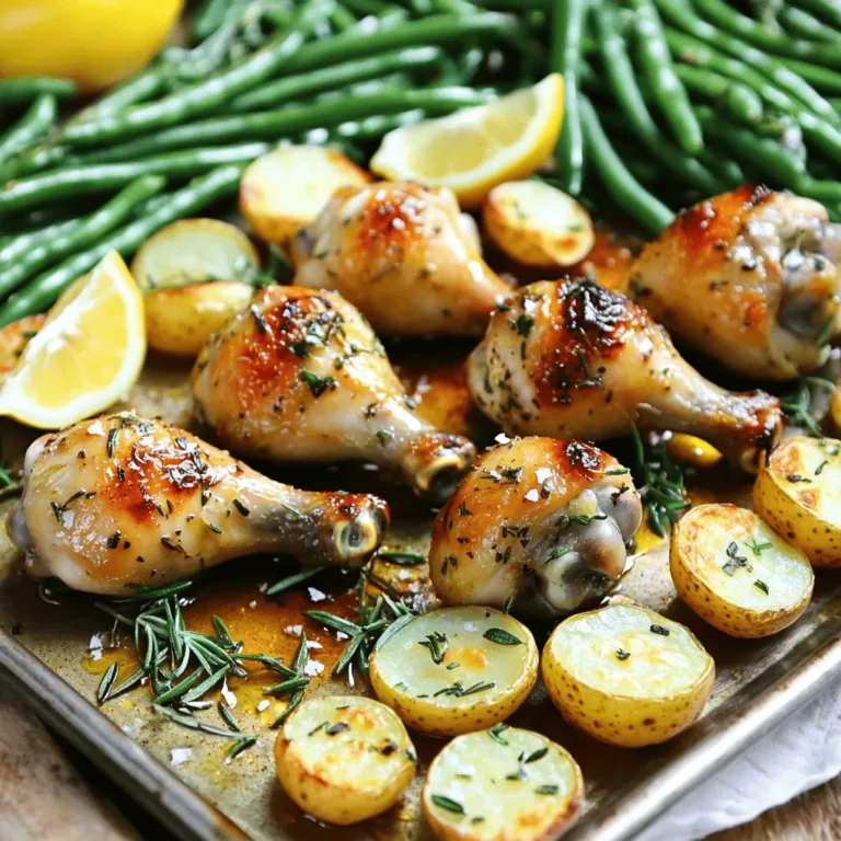 - 8 chicken drumsticks - 4 cloves garlic, minced - 2 tablespoons fresh rosemary, chopped - 2 tablespoons fresh thyme, chopped - 1 tablespoon fresh parsley, chopped - 3 tablespoons olive oil - Juice of 1 lemon - Salt and pepper to taste - 1 pound baby potatoes, halved - 2 cups green beans, trimmed - 1 teaspoon paprika To make Garlic Herb Chicken Drumsticks, you need simple yet fresh ingredients. The chicken drumsticks provide a juicy base. The garlic adds a strong, savory flavor. Fresh herbs like rosemary, thyme, and parsley bring brightness and depth. Olive oil helps the marinade stick and keeps the chicken moist. Lemon juice adds a tangy kick, balancing the richness of the chicken. Salt and pepper enhance all the flavors. The baby potatoes give you a hearty side. They will roast up tender and golden. Green beans add a fresh crunch. Each ingredient plays a role. Together, they create a dish that is easy and full of flavor. For the best taste, use fresh herbs and quality chicken. This recipe is perfect for family meals or gatherings. 1. Preheating the oven Set your oven to 425°F (220°C). This high heat helps the chicken and veggies cook fast. 2. Mixing the marinade In a large bowl, combine these ingredients: - 4 cloves garlic, minced - 2 tablespoons fresh rosemary, chopped - 2 tablespoons fresh thyme, chopped - 1 tablespoon fresh parsley, chopped - 3 tablespoons olive oil - Juice of 1 lemon - Salt and pepper to taste - 1 teaspoon paprika Stir until everything blends well. This mix adds great flavor. 3. Marinating the chicken Add 8 chicken drumsticks to your bowl. Make sure they get a good coat of marinade. Let them sit for at least 30 minutes. If you have time, marinate for one hour in the fridge. This step brings out the best taste in your chicken. 1. Arranging on the baking sheet Grab a large baking sheet. Place the marinated chicken drumsticks on one side. On the other side, add 1 pound of halved baby potatoes that you tossed with olive oil, salt, and pepper. This setup makes the most of the space. 2. Roasting the chicken and vegetables Put the baking sheet in the oven. Roast everything for 20 minutes. This gets the chicken cooking and starts to crisp the potatoes. 3. Checking doneness After 20 minutes, add 2 cups of trimmed green beans to the sheet. Drizzle with a bit of olive oil and season with salt and pepper. Roast for another 20-25 minutes. Check the chicken; it should reach an internal temperature of 165°F (75°C). The potatoes should look tender and golden. How long do you marinate for maximum flavor? Marinate the chicken for at least 30 minutes. For the best taste, let it sit for one hour. This allows the herbs and garlic to soak into the meat. What are the temperature benefits during marination? Marinate in the fridge. This keeps the chicken safe and helps flavors blend well. Warm chicken can grow bacteria. Always be safe and chill. How do you ensure even cooking? Arrange the chicken and vegetables with space between them. This helps hot air flow and cooks them evenly. Use a big enough sheet pan so nothing is crowded. What are tips for crispy skin? Pat the chicken dry before marinating. The less moisture, the crispier the skin. Also, roast the chicken at 425°F (220°C) for that perfect crunch. You can turn it halfway through to crisp all sides. {{image_2}} You can swap out the green beans for other vegetables. Try using broccoli, asparagus, or bell peppers. These veggies cook well and add color. They also bring different flavors to the dish. Make sure to cut them into similar sizes for even cooking. Root vegetables are another great choice. Carrots, parsnips, or sweet potatoes can add sweetness. They roast nicely alongside the chicken drumsticks. Just remember to cut them into smaller pieces to help them cook faster. You can add more excitement to the dish with spices or sauces. A sprinkle of chili powder can give a nice kick. If you like a sweet touch, try a drizzle of honey or maple syrup. Both will caramelize beautifully during roasting. Mixing herbs can also change the taste. Instead of rosemary, try basil or oregano for an Italian flair. For a fresh twist, combine mint and cilantro. The options are endless, so feel free to experiment with your favorite flavors. To store leftovers, let the chicken cool first. Place the chicken drumsticks and veggies in an airtight container. This keeps them fresh and tasty. You can store them in the fridge for up to three days. If you have extra marinade, keep it separate and use it later for flavor. For optimal storage, use glass or BPA-free plastic containers. These containers seal well and help prevent spills. Make sure to label the containers with the date, so you know when they were made. The best way to reheat chicken and vegetables is in the oven. Preheat your oven to 350°F (175°C). Place the chicken and veggies on a baking sheet. Heat for about 15-20 minutes. This method keeps them warm and juicy. If you need a quicker method, use the microwave. Place the chicken and veggies in a microwave-safe dish. Cover with a damp paper towel to keep moisture. Heat on medium power for 2-3 minutes, checking halfway through. To maintain texture, avoid reheating too long. Overcooking can make the chicken dry. If using the microwave, try to use short bursts of heat. This will help keep the chicken tender and the veggies crisp. To know when your chicken is done, check the internal temperature. You want it to reach 165°F (75°C). Use a meat thermometer to check the thickest part of the drumstick. If the thermometer reads this temperature, your chicken is safe to eat. Make sure to avoid touching the bone with the thermometer. This can give you a false reading. Let the chicken rest for a few minutes after cooking. This helps keep it juicy and tender. Yes, you can use skinless chicken drumsticks. However, you will need to make some changes. Skin helps keep the meat moist while cooking. Without it, the chicken may dry out. First, reduce the cooking time by about 5-10 minutes. Monitor the internal temperature closely. Second, consider adding a bit more olive oil to the marinade. This will help keep the meat moist and flavorful. Making this recipe ahead is easy. You can marinate the chicken a day in advance. Just mix the marinade and coat the chicken. Cover and refrigerate it overnight. For the veggies, you can prep them a few hours before cooking. Wash and cut the potatoes and green beans. Store them in the fridge in a sealed container. When you are ready to cook, just arrange everything on the baking sheet and roast. This saves time and makes meal prep a breeze! This blog post covered how to make a tasty chicken dish with herbs and veggies. You learned the key ingredients, step-by-step prep, and cooking steps. I shared tips for marinating and cooking for the best flavor. We explored fun variations for vegetables and spices. Finally, you have storage and reheating tips for leftovers. Embrace your kitchen skills, and enjoy your tasty meals! Cooking can be simple and fun.