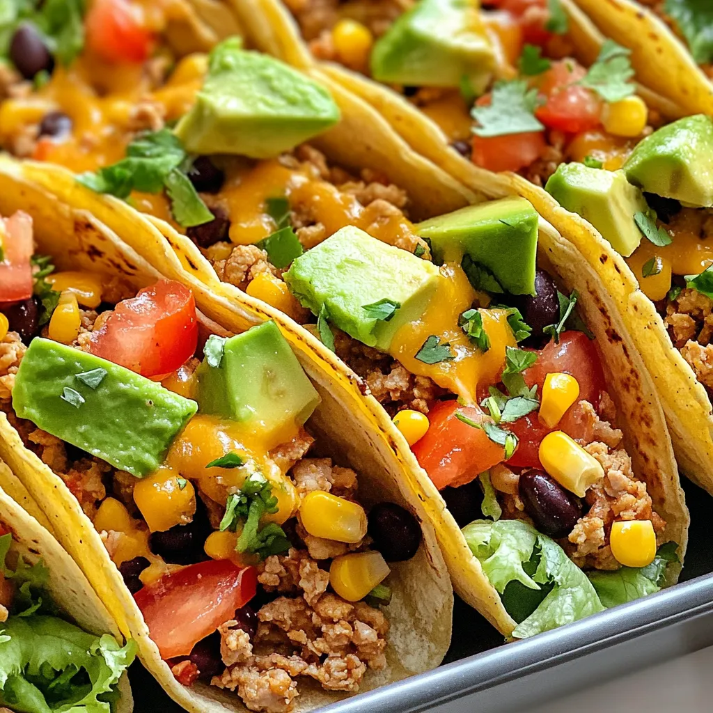 - 1 lb ground chicken - 1 tablespoon olive oil - 1 small onion, finely chopped - 2 cloves garlic, minced - 1 tablespoon taco seasoning - 1/2 cup tomato sauce - 1/2 cup corn kernels (canned or frozen) - 1 cup black beans, rinsed and drained - Salt and pepper to taste - 8 small taco shells or tortillas - Toppings: shredded lettuce, diced tomatoes, shredded cheese, sour cream, avocado slices Gathering the right ingredients is key for these tacos. Start with ground chicken. It’s lean and cooks quickly. Olive oil helps to sauté the onion and garlic, adding a rich flavor. Next, chop a small onion finely. This adds sweetness when you cook it. Minced garlic gives a nice punch. For flavor, you need taco seasoning. It mixes with tomato sauce, corn, and black beans to create a tasty filling. Finally, don’t forget the taco shells or tortillas. They hold all the goodness together. Top your tacos with lettuce, tomatoes, cheese, and more. Kids love to customize their own! {{ingredient_image_1}} 1. Heat 1 tablespoon of olive oil in a large skillet over medium heat. 2. Add 1 small, finely chopped onion. Sauté for about 3-4 minutes until it softens. 3. Stir in 2 minced garlic cloves and cook for another minute. You want to smell that garlic! 4. Now, add 1 pound of ground chicken to the skillet. Break it apart with a spatula. 5. Cook the chicken until it turns brown and is fully cooked. This should take about 6-8 minutes. 1. Once the chicken is cooked, mix in 1 tablespoon of taco seasoning and 1/2 cup of tomato sauce. 2. Next, add 1/2 cup of corn kernels and 1 cup of rinsed black beans. 3. Stir everything well to combine. Season with salt and pepper to taste. 4. Reduce the heat to low and let it simmer for about 5 minutes. This helps the flavors blend together nicely. 1. While the chicken mixture simmers, warm 8 small taco shells or tortillas in an oven or microwave. 2. To assemble, spoon the chicken mix into each taco shell. 3. Add your favorite toppings like shredded lettuce, diced tomatoes, shredded cheese, sour cream, and avocado slices. Enjoy your tasty, kid-approved ground chicken tacos! Customizing toppings Let your kids choose their toppings. This makes them feel involved. Some great options are: - Shredded lettuce - Diced tomatoes - Shredded cheese - Sour cream - Avocado slices These toppings add color and taste. Kids often love to create their own taco. Let them pick what they want! Adjusting spice levels Keep spices mild for the kids. You can skip hot sauce or spicy seasonings. Try a mild taco seasoning instead. You can always add heat later for adults. This way, everyone enjoys their meal. Ensuring chicken is cooked through Cook the ground chicken well. Use a spatula to break it apart. It should be brown and no longer pink inside. This usually takes about 6 to 8 minutes. Use a meat thermometer if you are unsure. The chicken should reach 165°F. Tips for sautéing vegetables Sauté the onions and garlic first. This makes them soft and sweet. Cook them for about 3 to 4 minutes until they are clear. Stir often to avoid burning. Add the minced garlic for just one minute more. This way, you’ll get a great base flavor. Fun ways to serve tacos Set up a taco bar! Place all the toppings in small bowls. Let everyone build their own tacos. This makes the meal fun and interactive. Kids love to pick what goes on their food. Creative garnishing ideas Add a sprinkle of chopped cilantro on top. This adds color and a fresh taste. You can also use lime wedges on the side. A squeeze of lime can make tacos even tastier. Pro Tips Use Fresh Ingredients: Always opt for fresh vegetables and high-quality spices to enhance the flavor of your tacos. Customize Taco Seasoning: Feel free to adjust the taco seasoning to your taste. Adding a pinch of cayenne can give it a spicy kick! Warm Taco Shells Properly: Ensure taco shells are warmed properly to prevent them from breaking. A quick bake in the oven can do wonders. Add More Protein: Consider adding extra protein like shredded chicken or turkey for a heartier filling that kids will love. {{image_2}} You can swap ground chicken for other meats. Ground turkey works well and has a light taste. Ground beef is another option for a heartier flavor. If you want a meatless meal, try a veggie mix. Black beans or lentils can replace meat. You can also use crumbled tofu for texture. Changing the seasoning can bring new life to your tacos. Try a taco blend with cumin and paprika for a bolder taste. You can also mix in some chili powder for extra heat. Adding salsa or hot sauce can spice things up, too. A mild salsa is good for kids. If they like heat, choose a hotter sauce. Tacos pair well with many side dishes. Serve them with rice or beans for a filling meal. You can also add a fresh salad to your spread. For a fun twist, create a taco night theme. Set up a taco bar with toppings. Let each person build their own taco. This makes dinner fun and interactive! To store leftover taco mixture, let it cool first. Then, place it in an airtight container. This helps keep it fresh for up to three days. For taco shells, seal them tightly in their original packaging or use a zip-top bag. This keeps them crisp and prevents them from getting stale. You can freeze portions for later meals. Divide the taco mixture into small containers. This makes it easy to thaw only what you need. Wrap taco shells in foil or place them in a freezer bag. They can last in the freezer for about two months. For best practices when thawing, move the containers to the fridge a day before you plan to use them. This helps the mixture thaw evenly. If you’re in a hurry, you can use the microwave on defrost setting. To reheat tacos, the oven works best. Preheat it to 350°F (175°C). Place the taco mixture in an oven-safe dish and cover it with foil. Heat for about 15 minutes. This keeps the tacos moist and tasty. You can also microwave the mixture in short bursts. Start with 30 seconds, then stir. Repeat until it's warm. To keep the taco shells crispy, warm them separately in the oven or microwave for a few seconds. Enjoy your tacos just as they were! No, these tacos are not spicy. You can adjust the spice levels for kids easily. If your child prefers milder flavors, skip any extra seasoning. Use just a pinch of taco seasoning. You can also serve the tacos with yogurt or sour cream. These toppings can cool down any heat from the dish. Yes, you can make this dish in advance. It’s great for meal prep! Cook the chicken mixture and let it cool. Store it in an airtight container in the fridge. It will keep well for up to three days. You can also warm it up when ready to eat. Just heat on low in a skillet. Don’t forget to warm the taco shells right before serving! Kids love fun toppings! Here are some great options: - Shredded lettuce - Diced tomatoes - Shredded cheese - Sour cream - Avocado slices Let kids build their own tacos. This makes it more fun for them! They can pick their favorite toppings and be creative. This way, every taco can be just the way they like it. These delicious tacos start with ground chicken and fresh ingredients. You can customize the flavor with different spices and toppings. The assembly is easy, making it perfect for a fun meal. Store any leftovers properly, so nothing goes to waste. Whether you stick to the basics or try new protein options, these tacos bring joy to every dinner table. Enjoy making these tacos your own and share them with family and friends. Tacos are not just food; they are a celebration!