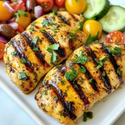 - 4 boneless, skinless chicken breasts - 1 cup Greek yogurt - 2 tablespoons olive oil - 2 cloves garlic, minced - 1 tablespoon lemon zest - 2 tablespoons fresh lemon juice - 1 teaspoon dried oregano - 1 teaspoon dried thyme - 1 teaspoon paprika - Salt and pepper to taste - 1 cup cherry tomatoes, halved - 1 cucumber, diced - 1/2 red onion, finely chopped - 1/2 cup pitted Kalamata olives, sliced - 1/4 cup fresh parsley, chopped The main ingredients in this recipe are simple and flavorful. Chicken breasts serve as the protein base. Greek yogurt adds creaminess and tang. Olive oil enhances the overall taste and helps with cooking. Next, we have the seasoning and marinade. Garlic gives a bold flavor. Lemon zest and juice add a fresh, bright note. Dried oregano and thyme bring in that classic Mediterranean taste. Paprika adds a touch of warmth, while salt and pepper balance the flavors. For the salad, we use fresh cherry tomatoes and cucumber for crunch. Red onion adds sharpness, while Kalamata olives offer a briny kick. Fresh parsley brightens the dish and adds color. Each ingredient works together to create a healthy and tasty meal. {{ingredient_image_1}} To start, make the marinade. In a mixing bowl, combine 1 cup Greek yogurt, 2 tablespoons olive oil, 2 minced garlic cloves, 1 tablespoon lemon zest, 2 tablespoons fresh lemon juice, 1 teaspoon dried oregano, 1 teaspoon dried thyme, 1 teaspoon paprika, and salt and pepper to taste. Mix everything until smooth. This mix gives the chicken great flavor and keeps it juicy. Next, take 4 boneless, skinless chicken breasts. Coat each chicken breast well in the marinade. Cover the bowl and place it in the fridge. Let the chicken marinate for at least 1 hour, but for the best taste, leave it overnight. The longer it sits, the more flavor it gets. When you're ready to cook, preheat the grill or a non-stick skillet over medium-high heat. Lightly grease it with a bit of olive oil. Take the chicken out of the marinade and shake off any extra. Grill each piece for about 6-7 minutes on each side. Make sure the chicken is fully cooked; it should reach an internal temperature of 165°F (75°C). While the chicken cooks, prepare a fresh Mediterranean salad. In a large bowl, mix 1 cup halved cherry tomatoes, 1 diced cucumber, 1/2 finely chopped red onion, 1/2 cup sliced Kalamata olives, and 1/4 cup chopped fresh parsley. Drizzle a little olive oil over the salad and add salt and pepper. Toss it all together. Once the chicken is cooked, let it rest for a few minutes before slicing. Serve the sliced chicken on a platter with the salad on the side. For extra flavor, drizzle any leftover marinade over the chicken. Enjoy this delicious and healthy meal! Marinating chicken adds deep flavor. I recommend marinating for at least one hour, but overnight is best. This lets the flavors soak in well. To marinate, combine Greek yogurt, olive oil, garlic, lemon zest, lemon juice, and spices in a bowl. Coat the chicken evenly and cover. Place it in the fridge until ready to cook. Getting the right cooking temperature is key. Cook the chicken until it reaches an internal temperature of 165°F (75°C). Use a meat thermometer for accuracy. This ensures the chicken is safe to eat and juicy. Undercooked chicken can be unsafe, while overcooked chicken can be dry. Presentation can elevate your meal. Slice the cooked chicken and arrange it on a large platter. Sprinkle fresh parsley on top for color. Serve the Mediterranean salad in a separate bowl, adding a lemon wedge on the side. Drizzle any leftover marinade over the chicken for extra flavor. This makes your dish look and taste great! Pro Tips Marinate Longer for Better Flavor: For the best flavor, marinate the chicken overnight. This allows the spices and yogurt to penetrate the meat, resulting in juicier and more flavorful chicken. Use Fresh Herbs: Fresh herbs like parsley or thyme can elevate the dish. Swap dried herbs for fresh ones for a brighter flavor profile in the chicken and salad. Check Chicken Temperature: Always use a meat thermometer to ensure the chicken reaches an internal temperature of 165°F (75°C) for safety and optimal juiciness. Customize Your Salad: Feel free to add more vegetables or your favorite ingredients to the salad. Bell peppers, feta cheese, or even avocado can enhance the Mediterranean flavor. {{image_2}} You can switch chicken for other proteins. Turkey works well for a leaner option. Tofu is great for a vegetarian choice. Use firm tofu and press it to remove extra water. Cut it into slabs and marinate it like the chicken. This makes it flavorful and protein-rich. Spice things up by changing herbs and spices. Try basil or rosemary for a different taste. You might also like using cumin for a warm flavor. If you want a kick, add red pepper flakes. Experiment and find what you love best! Want to boost your salad? Add bell peppers for crunch or avocado for creaminess. Feta cheese is a tasty option for a salty bite. You can also mix in some chickpeas for extra protein and fiber. Get creative with your salad to make it even more delicious! Store any leftover chicken in an airtight container. Make sure it's cooled down first. Place the container in the fridge. Eat leftovers within 3 to 4 days for the best taste and safety. The chicken stays juicy and flavorful this way. To freeze, wrap the cooked chicken tightly in plastic wrap. Place it in a freezer bag, squeezing out as much air as possible. Label the bag with the date. For the salad, you can freeze it too. Pack the vegetables in a separate container. Use both within 2 to 3 months for the best quality. When reheating, avoid the microwave if possible. It can dry out the chicken. Instead, use a skillet over low heat. Add a splash of water or broth to keep it moist. Cover the skillet to trap steam. For the salad, simply thaw it in the fridge overnight. Toss it with a little olive oil before serving. This keeps the flavors fresh and vibrant. The protein content in High Protein Mediterranean Chicken is impressive. Each serving has about 30 grams of protein. The main source is the chicken breast, which is lean and packed with nutrients. Greek yogurt also adds protein while keeping the dish moist. This combination makes it a great choice for anyone wanting to boost their protein intake. Yes, you can use frozen chicken. Just remember to thaw it first. The best way to thaw chicken is in the fridge overnight. If you're in a hurry, you can use cold water. Seal the chicken in a bag and submerge it in cold water for about an hour. Once thawed, follow the recipe as normal to ensure even cooking. Pair High Protein Mediterranean Chicken with tasty sides for a full meal. Here are some great options: - Quinoa or couscous for a hearty grain - Steamed broccoli or green beans for a fresh crunch - A simple green salad with lettuce, cucumber, and a light vinaigrette - Roasted sweet potatoes for a sweet contrast These sides not only complement the chicken but also add more nutrients to your plate. This blog post covered all you need to make high protein Mediterranean chicken. We discussed key ingredients like chicken, Greek yogurt, and olive oil, plus tasty seasonings. I shared step-by-step instructions, tips for flavor, and fun variations. Proper storage ideas ensure your meal stays fresh. In the end, this dish is not just healthy; it's also simple to prepare. Use these tips to impress your family and friends with a flavorful meal. Enjoy your cooking!