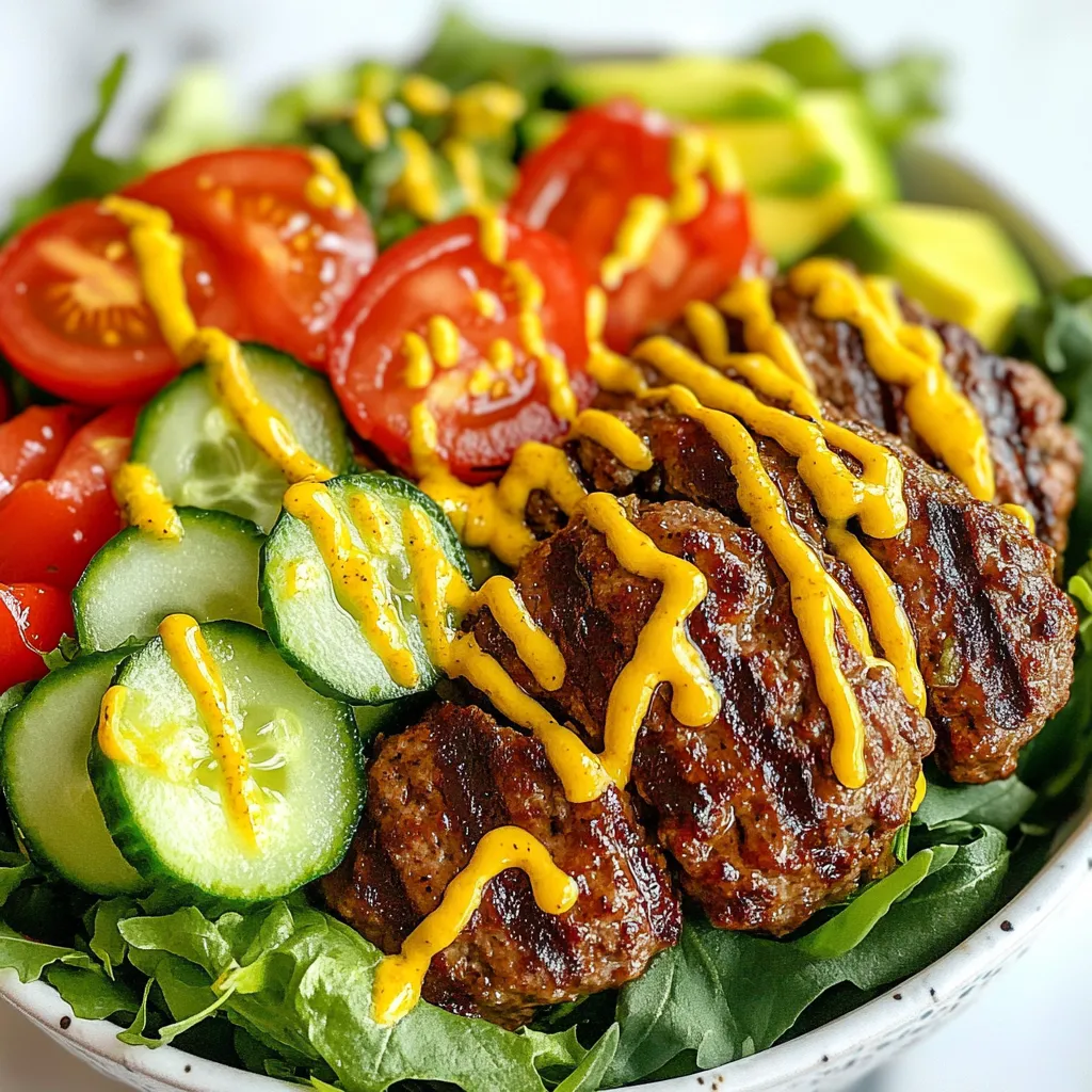 For a delicious burger bowl, here are the main ingredients you need: - 1 pound ground beef (or turkey for a leaner option) - 1 teaspoon garlic powder - 1 teaspoon onion powder - 1 teaspoon smoked paprika - Salt and pepper to taste - 4 cups mixed greens (spinach, arugula, and romaine) - 1 cup cherry tomatoes, halved - 1 cucumber, diced - 1/2 cup pickles, sliced - 1 avocado, sliced - 1/2 cup shredded cheddar cheese - 1/4 cup ketchup - 1/4 cup mustard - Optional: sliced jalapeños for heat These ingredients create a flavorful base for your burger bowl. The ground beef or turkey brings the protein. The spices add zest. The greens and veggies provide crunch and freshness. You can customize your burger bowl with these tasty options: - Crispy bacon bits - Sliced olives - Roasted corn - Fresh herbs like cilantro or parsley - A dollop of sour cream or Greek yogurt Feel free to mix and match. Each topping can add a new flavor twist. If you want a spicy kick, add sliced jalapeños. You can easily adapt this recipe for different diets: - Use ground chicken or plant-based meat for a lighter option. - Swap mixed greens for kale or spring mix. - For a vegan bowl, skip the cheese and meat, and add black beans instead. - Use gluten-free condiments if needed. These swaps make the burger bowl suitable for everyone. You can enjoy this meal without missing out on flavor. {{ingredient_image_1}} To start, grab a mixing bowl. Add 1 pound of ground beef or turkey. Then, sprinkle in 1 teaspoon of garlic powder, 1 teaspoon of onion powder, and 1 teaspoon of smoked paprika. Next, add salt and pepper to taste. Mix gently until just combined. Be careful not to overwork the meat. Shape the mixture into 4 even patties. This helps them cook evenly. Now heat a skillet over medium-high heat. Add the patties to the skillet. Cook them for about 4-5 minutes on each side. This time will give you medium doneness. If you like them well done, cook a bit longer. Always check that they are fully cooked. You want them juicy, not dry. While the burgers cook, prepare your bowl base. Take a large bowl and layer in 4 cups of mixed greens. I like a mix of spinach, arugula, and romaine for a fresh taste. Once the burgers are ready, place them right on top of the greens. Next, arrange the halved cherry tomatoes, diced cucumber, sliced pickles, and avocado around the burger. To finish, sprinkle 1/2 cup of shredded cheddar cheese on each burger. Drizzle ketchup and mustard over the whole bowl as you like. For extra heat, add sliced jalapeños. Serve this bowl right away, mixing it all together as you eat. Enjoy! To cook the best burgers, use fresh meat. Ground beef or turkey works well. Mix in garlic powder, onion powder, and smoked paprika for flavor. Form four equal patties. Avoid pressing them too hard; this keeps them juicy. Cook on medium-high heat for 4 to 5 minutes on each side. Check for a nice brown crust. For medium doneness, look for an internal temp of 160°F. Let the burgers rest a few minutes before serving. This helps keep the juices inside. Seasoning is key to a tasty burger. Use garlic powder, onion powder, and smoked paprika in your meat mix. Add salt and pepper to taste. You can experiment with other spices too. Try cayenne for heat or Italian herbs for a twist. After cooking, top your burger with cheddar cheese for extra flavor. The cheese melts and adds richness. Don’t forget your favorite condiments like ketchup and mustard. They add moisture and tang to the bowl. A well-presented burger bowl makes the meal more fun. Start with a colorful base of mixed greens like spinach, arugula, and romaine. Place your burger on top, then artfully arrange cherry tomatoes, cucumber, and pickles around it. Add sliced avocado for creaminess and color. Sprinkle shredded cheddar on top for a finishing touch. Drizzle ketchup and mustard all over for a pop of color. If you like heat, toss in sliced jalapeños. Mixing the ingredients while you eat adds to the enjoyment. Pro Tips Use Fresh Ingredients: Always opt for fresh greens and ripe tomatoes for the best flavor in your burger bowls. Experiment with Seasonings: Feel free to add herbs like oregano or basil to the meat mixture for a unique twist. Customize Your Toppings: Personalize your burger bowl with your favorite toppings such as roasted red peppers or olives. Perfectly Cook Your Patties: Use a meat thermometer to ensure your patties reach an internal temperature of 160°F for beef or 165°F for turkey. {{image_2}} If you want a meat-free meal, try a vegetarian burger bowl. You can use black beans or chickpeas to form your patties. Just mash them well and mix in garlic powder, onion powder, and spices. Shape them into patties and cook like regular burgers. For toppings, add roasted vegetables, corn, and avocado. This bowl is packed with flavor and nutrients. Keto diets focus on low carbs. For a keto-friendly burger bowl, skip the bun and use lettuce or spinach as the base. Use ground beef or turkey, seasoned just like the original recipe. Top with cheese, avocado, and a dollop of sour cream. Add jalapeños for a spicy kick. This bowl keeps you full while staying low in carbs. You can explore global flavors in your burger bowls. Try a Mediterranean twist with feta cheese, olives, and a drizzle of olive oil. For an Asian flair, add sesame oil, sliced radishes, and green onions. Use ground pork and teriyaki sauce for a unique taste. Each variation brings new flavors to your table, making burger bowls exciting and fun. Store leftover burger bowls in airtight containers. This keeps them fresh. You can layer the ingredients separately or together. If you layer them together, the greens may get soggy. To reheat, use a microwave-safe dish. Heat your burger patties for about 1-2 minutes. Check the temperature to ensure they’re warm. If you prefer, you can reheat in a skillet. Just warm them over low heat for a few minutes. Avoid overheating, as this can dry them out. Meal prep makes lunch easy. Cook the burger patties in advance. Store them in the fridge for up to four days. Chop veggies early and store them in separate containers. This way, you can grab and assemble quickly. You can also prepare the dressings in advance. Just mix ketchup and mustard together for a quick sauce. Enjoy fresh meals all week without stress! Burger bowls are a fun way to enjoy burgers without the bun. They have all the flavors of a classic burger but in a bowl. You start with a base of greens, then add cooked burger patties and fresh veggies. It’s a fresh and colorful meal that’s easy to customize. Yes, you can make burger bowls ahead of time! Cook the burger patties and prepare the toppings. Keep each part in separate containers. When ready to eat, just assemble the bowl. This makes it easy for meal prep or quick lunches. The best toppings for burger bowls include: - Cherry tomatoes - Diced cucumber - Sliced pickles - Sliced avocado - Shredded cheese - Ketchup and mustard For extra flavor, you might add sliced jalapeños for a spicy kick. To make burger bowls gluten-free, use gluten-free ground meat. Most toppings are already gluten-free. Just check the labels on ketchup and mustard. Serve the burger on a bed of greens instead of using any bread. This keeps the meal tasty and safe for gluten-free diets. You’ve learned about making delicious burger bowls. We explored the main ingredients, cooking steps, and helpful tips. I shared ways to add your favorite toppings and even how to cater to special diets. Variations like vegetarian and keto make this meal fun and flexible. Don’t forget to store leftovers right and reheat them well. Enjoy experimenting with different flavors and presentations. With these ideas, you can create tasty meals for everyone. Burger bowls are simple, fun, and packed with flavor!