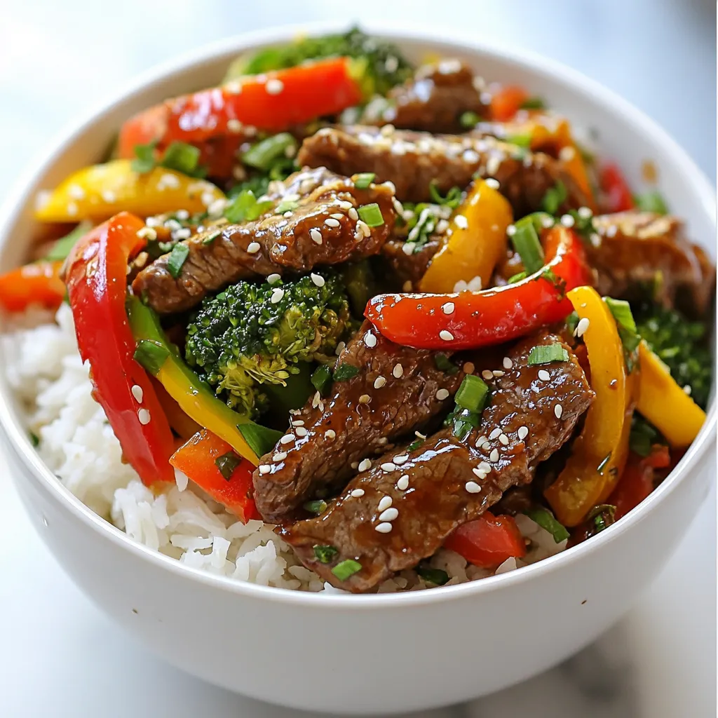 - 1 lb (450g) beef sirloin, thinly sliced - 2 tablespoons soy sauce - 1 tablespoon oyster sauce - 1 teaspoon sesame oil - 2 tablespoons vegetable oil - 1 red bell pepper, sliced - 1 yellow bell pepper, sliced - 1 cup broccoli florets - 1 cup snap peas - 3 cloves garlic, minced - 1 inch ginger, grated - 1 tablespoon cornstarch mixed with 2 tablespoons water (slurry) - Salt and pepper to taste - Cooked rice or noodles for serving - Sesame seeds for garnish - Green onions, chopped, for garnish The key to a great beef stir-fry is using fresh, quality ingredients. I often choose beef sirloin for its taste and tenderness. Slicing it thin helps it cook fast. Fresh vegetables add color and crunch. I love using red and yellow bell peppers for sweetness and broccoli for a healthy bite. Snap peas add a nice snap and texture. For sauces, soy sauce gives a savory depth. Oyster sauce adds a hint of sweetness and richness. Sesame oil brings a unique aroma. The cornstarch slurry thickens the sauce, making it cling to the beef and veggies. When you gather these ingredients, remember that fresh makes all the difference. Enjoying the vibrant colors and fresh scents is part of the fun! {{ingredient_image_1}} - Marinate the beef: Start by slicing 1 pound of beef sirloin into thin strips. In a bowl, mix the sliced beef with 2 tablespoons of soy sauce, 1 tablespoon of oyster sauce, and 1 teaspoon of sesame oil. Let it marinate for about 10 minutes. This step adds great flavor to the beef. - Prepare the vegetables: While the beef marinates, wash and slice your veggies. You will need 1 red bell pepper and 1 yellow bell pepper, both sliced. Also, prepare 1 cup of broccoli florets and 1 cup of snap peas. Having everything ready makes cooking quick and easy. - Heat oil and cook the beef: Heat 1 tablespoon of vegetable oil in a large skillet or wok over high heat. Once the oil is hot, add the marinated beef in batches. Stir quickly for 2 to 3 minutes until it turns brown. Remove the beef from the skillet and set it aside. Cooking in batches helps the beef brown well. - Sauté garlic and ginger: In the same skillet, add 1 tablespoon of vegetable oil. Then, add 3 minced garlic cloves and 1 inch of grated ginger. Sauté for about 30 seconds until you smell the aroma. This step boosts the dish's flavor. - Add veggies to the skillet: Now, toss in the sliced bell peppers, broccoli florets, and snap peas. Stir-fry for 3 to 4 minutes until the veggies are tender-crisp. This keeps them bright and fresh. - Return beef to the skillet: Add the cooked beef back into the skillet with the veggies. - Thicken the sauce: Mix 1 tablespoon of cornstarch with 2 tablespoons of water to create a slurry. Pour this into the skillet while stirring. Cook until the sauce thickens and coats the beef and veggies. Season with salt and pepper to taste. This final step brings all the flavors together. What cut of beef to choose I recommend using beef sirloin for this dish. It has great flavor and tenderness. Sirloin cooks quickly, making it perfect for stir-fry. You can find it at most grocery stores or butcher shops. Tips for slicing To slice beef easily, freeze it for about 30 minutes. This firms it up, making it easier to cut. Always slice against the grain. This helps keep the meat tender and juicy. High heat importance Always use high heat when cooking your stir-fry. This helps sear the beef quickly, locking in flavors. A hot surface also cooks the veggies fast, keeping them crispy. Cooking in batches Cook the beef in batches. This prevents overcrowding in the skillet. When the beef has space, it gets a nice brown color. This makes each bite delicious. Addition of spices Add spices like black pepper and red pepper flakes for a kick. You can also try garlic powder or onion powder. These spices boost the overall flavor of your dish. Alternative sauces and garnishes Feel free to switch up the sauces. You can use teriyaki or hoisin sauce instead. For garnishes, chopped green onions and sesame seeds add a nice touch. Pro Tips Marinate for Flavor: Allowing the beef to marinate for at least 10 minutes enhances its flavor and tenderness. For even better results, marinate for up to an hour in the refrigerator. High Heat is Key: Cooking on high heat ensures that the beef sears quickly, locking in juices and creating a nice texture. Make sure your skillet or wok is hot before adding ingredients. Veggie Variety: Feel free to mix in other vegetables like carrots, zucchini, or mushrooms to add more flavor and nutrition to your stir-fry. Perfect Serving: Serve over fluffy rice or noodles, and garnish with fresh green onions and sesame seeds to elevate both presentation and taste. {{image_2}} You can easily swap beef for tofu. Tofu absorbs flavor well and adds protein. Choose firm or extra-firm tofu for the best texture. For veggies, consider using: - Bell peppers - Carrots - Zucchini - Snow peas These veggies not only taste great but also add color. You can mix and match based on what you enjoy or have on hand. Changing the sauce can bring new life to your stir-fry. Teriyaki stir-fry sauce adds a sweet and savory taste. To make it, mix soy sauce, sugar, and a bit of ginger. Spicy Szechuan sauce offers a kick. Combine soy sauce, chili paste, and garlic for heat. Adjust the spice level to your liking. You can add more veggies for extra flavor and nutrition. Here are some to think about: - Mushrooms - Baby corn - Bok choy Seasonal veggies are also a great choice. During summer, use fresh asparagus or cucumbers. In fall, try adding pumpkin or squash. These choices enhance taste and make cooking fun! You can store leftover stir-fry in the fridge. First, let it cool down. Then, place it in an airtight container. This keeps the flavors fresh. I recommend using glass containers for easy reheating. They don’t stain and can go from fridge to microwave. The best way to reheat stir-fry is on the stove. Heat a pan over medium heat and add a splash of water. This helps steam the dish. Stir it gently to warm through. If using a microwave, cover it loosely to avoid sogginess. Heat in short bursts, stirring in between. Yes, you can freeze the stir-fry. To freeze, let it cool completely. Then, pack it in freezer-safe bags. Try to remove as much air as possible. This prevents freezer burn. To thaw, place it in the fridge overnight. You can also use the microwave on low power. Just stir it halfway through to ensure even heating. This beef stir-fry is quick to make. It takes about 10 minutes to prep and 10 minutes to cook. In total, you will spend around 20 minutes from start to finish. This makes it a great choice for busy weeknights or last-minute meals. Yes, you can use frozen vegetables. They save time and are convenient. Here are some pros and cons to consider: - Pros: - Frozen vegetables are pre-washed and cut, which saves prep time. - They have a long shelf life and reduce food waste. - Cons: - Frozen veggies may lose some crunch and flavor. - They can release extra moisture, which may affect the sauce. If you choose frozen, cook them a bit longer to ensure they heat through. You can serve this stir-fry with several tasty sides. Here are some great options: - Cooked rice: White or brown rice works well. - Noodles: Rice or egg noodles are great choices. - Salad: A simple green salad adds freshness. - Spring rolls: They add a nice crunch and flavor. These sides will complement your stir-fry and create a full meal. Enjoy! This blog post covered the essential ingredients and steps for a tasty beef stir-fry. From marinating this flavorful beef sirloin to sautéing fresh veggies, each step enhances the dish. I shared tips for choosing the right beef and perfecting your stir-fry skills. Plus, I offered variations, storage tips, and answers to common questions. By following these insights, you'll create a delicious meal every time. Enjoy the cooking process and make it your own! Happy stir-frying!