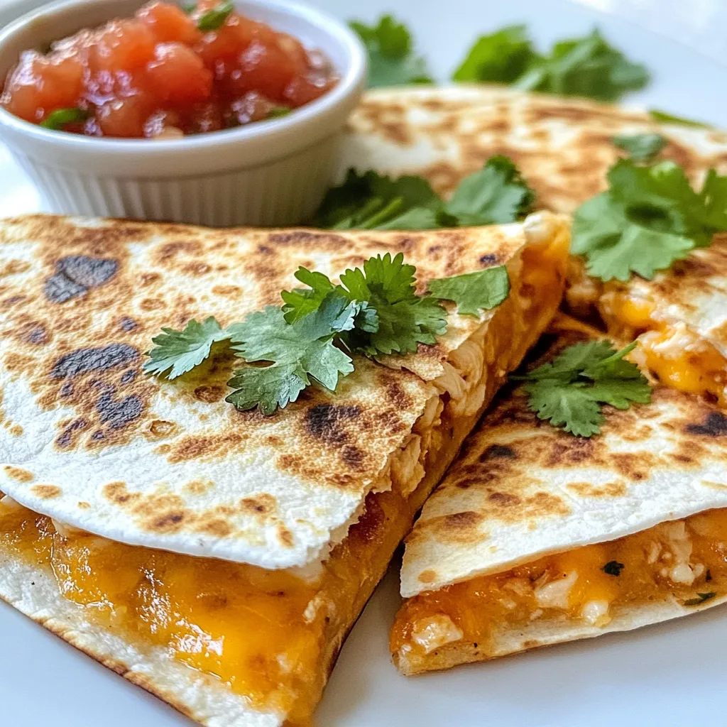 To make the Taco Bell Copycat Chicken Quesadilla, you need: - 2 cups cooked chicken, shredded - 1 ½ cups shredded cheddar cheese - ½ cup cream cheese, softened - ½ teaspoon garlic powder - ½ teaspoon onion powder - 1 teaspoon taco seasoning - 4 large flour tortillas - 2 tablespoons olive oil (for frying) - Salsa (for serving) - Fresh cilantro, chopped (for garnish) For the best taste, I suggest using: - Chicken: Rotisserie chicken adds great flavor. - Cheddar Cheese: Tillamook or Kraft make excellent choices. - Cream Cheese: Philadelphia is a well-known brand you can trust. - Taco Seasoning: Old El Paso or McCormick provide nice spice blends. These brands help give your quesadilla that authentic taste. If you have dietary needs, here are some swaps: - Chicken: Use shredded tofu for a vegetarian option. - Cheese: Try dairy-free cheese if you're lactose intolerant. - Tortillas: Corn tortillas can replace flour for a gluten-free option. - Cream Cheese: Use cashew cream for a vegan twist. These changes let everyone enjoy your delicious quesadilla! {{ingredient_image_1}} To start, grab a medium bowl. You need to mix the shredded chicken, cream cheese, garlic powder, onion powder, and taco seasoning. Stir well until everything is combined. This mix gives your quesadilla that creamy and tasty filling. Make sure the cream cheese is soft. It helps the mix blend smoothly. Next, take one large flour tortilla. Spread a quarter of your chicken mix over half of the tortilla. Top this with about ⅓ cup of shredded cheddar cheese. Fold the tortilla in half to cover the filling. Press down gently to seal it. This step keeps the filling inside while cooking. Heat 1 tablespoon of olive oil in a large skillet over medium heat. Place your quesadilla in the skillet. Cook it for about 2-3 minutes until it turns golden brown. Carefully flip the quesadilla. If the skillet looks dry, add another tablespoon of olive oil. Cook the other side for another 2-3 minutes, ensuring the cheese melts and the tortilla crisps up. Remove the quesadilla from the skillet and cut it into wedges. Repeat the process with the rest of your tortillas and filling. Enjoy these crispy delights warm with salsa and fresh cilantro on top. To get the best flavor, use fresh ingredients. Fresh herbs, like cilantro, enhance your dish. Choose quality chicken for the filling. You can roast or grill it for extra taste. Use full-fat cream cheese for a rich texture. Taco seasoning adds a nice kick, so don’t skip it. If you want more flavor, add a squeeze of lime. Having the right tools makes cooking easier. A large skillet works best for frying the quesadillas. You need a spatula to flip them safely. Use a medium bowl for mixing your filling. A sharp knife helps cut quesadillas into wedges. Consider using a cutting board to protect your counters. If you have a food processor, it can shred chicken quickly. One mistake is overstuffing the quesadilla. This makes it hard to flip. Another error is not preheating the skillet. A hot pan creates a crispy texture. Don’t rush the cooking time; each side needs 2-3 minutes. Lastly, avoid using low-fat cream cheese. It won’t melt as well, affecting the taste. Pro Tips Use Rotisserie Chicken: For a quicker option, use store-bought rotisserie chicken. It saves time and adds great flavor! Customize Your Cheese: Feel free to mix different types of cheese like Monterey Jack or Pepper Jack for added flavor and spice. Don't Overfill: Be careful not to overfill your quesadillas. This can make them difficult to flip and cause the filling to spill out. Keep It Warm: If making multiple quesadillas, keep them warm in a low oven (200°F) while you cook the rest to ensure they stay crispy. {{image_2}} To make a vegetarian version of the quesadilla, swap the chicken for black beans or grilled veggies. You can use 2 cups of cooked black beans or a mix of bell peppers, zucchini, and onions. This adds great flavor and texture. Also, keep the cream cheese and cheddar cheese for richness. You will still enjoy the same cheesy goodness without meat. If you love heat, add jalapeños or hot sauce. You can mix in 1-2 tablespoons of chopped jalapeños into the chicken mixture. For extra spice, drizzle hot sauce on the finished quesadilla. This will give your meal a nice kick. Just be careful; you can always add more heat, but you can't take it away! Cheese is key to a great quesadilla. While cheddar is classic, feel free to mix it up. Try using pepper jack cheese for a spicy flavor. Or, use mozzarella for a milder taste and gooey texture. You can even blend different cheeses for a unique twist. Just aim for about 1 ½ cups of cheese to keep it cheesy and delicious. Store leftover quesadillas in an airtight container. This keeps them fresh. You can place wax paper between layers to prevent sticking. They can last in the fridge for up to three days. If you want them longer, consider freezing. To reheat, use a skillet for the best results. Heat it over medium heat. Add a little oil to the pan for crispiness. Place the quesadilla in the skillet for about two to three minutes per side. You can also use a microwave, but it may make them soggy. To freeze, wrap each quesadilla tightly in plastic wrap. Then, place them in a freezer bag. Squeeze out as much air as you can. They can last up to three months in the freezer. When ready, thaw in the fridge overnight before reheating. To make this quesadilla from scratch, start with cooked chicken. Shred about 2 cups of it. In a bowl, mix the shredded chicken with ½ cup of softened cream cheese, ½ teaspoon of garlic powder, ½ teaspoon of onion powder, and 1 teaspoon of taco seasoning. Mix until everything blends well. Take a large flour tortilla and spread a quarter of the chicken mix over one half. Add ⅓ cup of shredded cheddar cheese on top. Fold the tortilla in half. Heat 1 tablespoon of olive oil in a skillet over medium heat. Cook the quesadilla for 2-3 minutes until golden. Flip it and cook for another 2-3 minutes. Cut into wedges and enjoy with salsa. Yes, you can make a gluten-free version. Simply swap regular flour tortillas for gluten-free tortillas. Many brands offer tasty options that work well. Check for cross-contamination if you have a severe allergy. The filling remains the same, so you can enjoy the same great taste. Each serving of this quesadilla has about 400-500 calories. It packs around 20-25 grams of protein. The fat content can be around 25 grams, depending on the cheese and oil used. There are also carbs from the flour tortillas, which can be about 40 grams per quesadilla. Check specific brands for exact values, as they can vary. You can get creative with your filling! Try adding black beans, corn, or even diced peppers for extra flavor. Want it spicy? Add jalapeños or a splash of hot sauce. For a cheesy twist, mix in Monterey Jack or pepper jack cheese. Each option can give your quesadilla a unique taste that you'll love. In this article, we explored how to make a Taco Bell Copycat Chicken Quesadilla. We detailed the key ingredients and shared brand recommendations. You learned step-by-step instructions for preparing and cooking. We discussed helpful tips to enhance flavor and avoid common mistakes. Variations for vegetarians and spice fans were highlighted, too. Don't forget about storage tips for leftovers. Enjoy crafting your own delicious quesadillas, whether for a meal or snack. With these insights, you’re ready to impress everyone with your tasty creations!