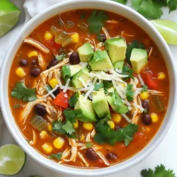 - Chicken and broth - 1 lb boneless, skinless chicken breasts - 4 cups chicken broth - Vegetables - 1 medium onion, diced - 3 cloves garlic, minced - 1 red bell pepper, diced - 1 can (15 oz) black beans, rinsed and drained - 1 can (15 oz) corn, drained - Spices and seasonings - 1 can (10 oz) enchilada sauce - 1 teaspoon ground cumin - 1 teaspoon chili powder - 1 teaspoon smoked paprika - Salt and pepper to taste - Toppings and garnishes - Fresh cilantro, chopped (for garnish) - Avocado, diced (for topping) - Shredded cheese (for topping) - Lime wedges (for serving) Each ingredient plays a key role in making this soup rich and tasty. The chicken provides protein, while the broth adds depth. The vegetables bring freshness and color. Spices like cumin and chili powder give it that warm flavor. Lastly, toppings like avocado and cheese make every bowl a treat. This mix of ingredients makes Chicken Enchilada Soup a favorite. {{ingredient_image_1}} - Prepping the chicken and vegetables Start by washing your chicken. Cut it into smaller pieces for easy cooking. Dice one medium onion and three cloves of garlic. Chop one red bell pepper into small bits. These will add great flavor to your soup. - Sautéing the aromatics In a large pot, heat one tablespoon of olive oil over medium heat. Add the diced onion. Cook it for about 3-4 minutes until it softens. Next, stir in the minced garlic and red bell pepper. Sauté for another 2 minutes until you smell their nice aroma. - Combining ingredients in the pot Now, it’s time to gather all the goodness. Add the chicken pieces to the pot. Pour in four cups of chicken broth and one can of enchilada sauce. Don’t forget to add one can of black beans and one can of corn. Sprinkle in one teaspoon each of ground cumin, chili powder, and smoked paprika. Season with salt and pepper to your liking. - Boiling and simmering the soup Bring the mixture to a boil. Once it bubbles, lower the heat to a gentle simmer. Cover the pot and let it cook for 20-25 minutes. This allows the chicken to cook through and the flavors to blend well. - Shredding the chicken After the chicken is cooked, take it out of the pot. Use two forks to shred it into bite-sized pieces. Return the shredded chicken back to the pot and stir everything together. - Final touches before serving Let the soup simmer for another 5 minutes. This helps the flavors meld perfectly. Taste the soup and adjust the seasoning if needed. If you want more flavor, add extra enchilada sauce. Serve your delicious soup hot and garnish with fresh cilantro, diced avocado, shredded cheese, and a squeeze of lime juice for that extra zing. - Adjusting seasoning: Taste your soup as it cooks. If it lacks flavor, add salt or more spices. I love to sprinkle in extra chili powder for a kick. Just a little can make a big difference! - Using fresh ingredients: Fresh veggies make your soup pop. Always use ripe tomatoes, crisp peppers, and fresh herbs. When I use fresh cilantro, it brightens the whole dish. It’s worth the effort! - Stovetop vs. slow cooker variations: You can make this soup on the stovetop or in a slow cooker. Stovetop cooking is quick and easy, taking about 50 minutes. If you use a slow cooker, it takes longer but allows flavors to deepen over time. Cook for 6-8 hours on low for best results. - Quick tips for meal prep: Chop your veggies ahead of time for easy cooking. You can also shred chicken in advance and store it in the fridge. This makes busy nights stress-free. Just heat, combine, and enjoy! Pro Tips Use Rotisserie Chicken: For a quicker version, substitute the raw chicken with pre-cooked rotisserie chicken. Just shred it and add it in the last few minutes of cooking. Adjust Spiciness: If you prefer a milder soup, opt for a mild enchilada sauce and reduce the chili powder. For added heat, consider adding diced jalapeños. Flavor Boost: To enhance the flavor, squeeze some fresh lime juice into the soup just before serving. This brightens the overall taste. Make It Creamy: For a creamy texture, stir in a dollop of sour cream or Greek yogurt just before serving. This adds richness to the soup. {{image_2}} You can easily change up the protein in this soup. If you prefer turkey, swap out the chicken for ground turkey. If you want a lighter option, try shredded rotisserie chicken. For those who follow a vegan or vegetarian diet, you can use beans or lentils instead of chicken. Chickpeas also work well, giving you a good protein boost. Replace the chicken broth with vegetable broth to keep it plant-based. To spice things up, consider adding extra chili powder or cayenne pepper. This will give your soup a nice kick. You could also add cumin for a deeper flavor. Garnishes make a big difference too. Try adding sliced jalapeños for heat or pickled red onions for tang. Fresh lime juice will brighten the flavors. Don't forget to top it with fresh cilantro, diced avocado, or even a dollop of sour cream for creaminess. Each of these adds a unique twist that can elevate your soup. To store your leftover chicken enchilada soup, let it cool first. Once cooled, pour it into airtight containers. Make sure to leave some space at the top for expansion. This soup stays fresh in the fridge for up to four days. For best taste, use glass or BPA-free plastic containers. When you want to reheat the soup, the best way is on the stove. Pour it into a pot over medium heat. Stir often until it’s hot all the way through. You can also use the microwave. Just put it in a microwave-safe bowl and cover it loosely. Heat in one-minute bursts, stirring in between. If you want to store the soup longer, freezing is a good option. Let it cool completely before transferring to freezer-safe bags or containers. Remove as much air as possible to prevent freezer burn. This soup can last up to three months in the freezer. When ready to eat, thaw it in the fridge overnight before reheating. How long does it take to cook? It takes about 50 minutes to cook Chicken Enchilada Soup. You spend 15 minutes prepping and 35 minutes cooking. The chicken simmers in the broth for about 20-25 minutes. This allows all the flavors to blend well. Can I use frozen chicken? Yes, you can use frozen chicken. Just add it to the pot with the broth and cook longer. Make sure the chicken reaches 165°F to ensure it is safe to eat. You might need to adjust the cooking time by 10-15 minutes. What to serve with Chicken Enchilada Soup? You can serve Chicken Enchilada Soup with tortilla chips or warm tortillas. A side of rice or a fresh salad pairs well too. Don't forget to offer lime wedges for squeezing. You can also add extra toppings like sour cream or jalapeños for more flavor. In this post, we covered how to make a tasty chicken enchilada soup. You learned about key ingredients like chicken, veggies, and spices. I shared steps for prepping and cooking the soup, as well as tips to enhance the flavor. You also explored variations and storage advice to keep your soup fresh. Now, you have the tools to make a delicious meal. Don't hesitate to experiment with flavors and enjoy this warm dish!