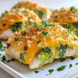- 4 boneless, skinless chicken breasts - 1 cup fresh broccoli florets, steamed and chopped - 1 cup shredded cheddar cheese - 1/2 cup cream cheese, softened - 1/4 teaspoon garlic powder - 1/4 teaspoon onion powder - Salt and pepper to taste - 1 cup breadcrumbs - 2 tablespoons olive oil To make broccoli cheese stuffed chicken, gather your ingredients first. Start with the chicken breasts. They should be boneless and skinless for easy stuffing. Next, use fresh broccoli florets. Steaming them makes them tender and easy to chop. The cheese is key. I love using shredded cheddar for its flavor. Cream cheese adds creaminess to the filling, making it rich and delicious. Don’t forget your seasonings. A touch of garlic powder and onion powder gives great depth. Salt and pepper are must-haves to taste. For the crispy outer layer, grab some breadcrumbs. Lastly, you will need olive oil for frying. These ingredients come together to form a dish that is both tasty and satisfying. Each bite bursts with cheesy goodness and healthy greens. {{ingredient_image_1}} Set your oven to 375°F (190°C). This step is key to cooking the chicken evenly. In a mixing bowl, combine these ingredients: - 1 cup fresh broccoli florets, steamed and chopped - 1 cup shredded cheddar cheese - 1/2 cup cream cheese, softened - 1/4 teaspoon garlic powder - 1/4 teaspoon onion powder - Salt and pepper to taste Mix them well until they blend together. This filling gives the chicken a creamy and cheesy taste. Take each chicken breast and carefully slice it to make a pocket. Make sure not to cut all the way through. Stuff each pocket with the broccoli and cheese mixture. You can use toothpicks to close them if needed. Season the outside of the stuffed chicken breasts with salt and pepper. Dredge each one in breadcrumbs. This will give the chicken a nice, crispy coating. Heat 2 tablespoons of olive oil in a large skillet over medium-high heat. Sear the chicken for about 3-4 minutes on each side until they turn golden brown. Transfer the seared chicken into a baking dish. Place it in the oven and bake for about 20-25 minutes. The chicken should reach an internal temperature of 165°F (74°C) to ensure it is fully cooked. After baking, let the chicken rest for a few minutes. This helps keep the juices inside. Remove any toothpicks and slice the chicken to serve. Enjoy your delicious broccoli cheese stuffed chicken! To make your stuffed chicken shine, start with even cooking. Use a meat mallet to pound each chicken breast to an even thickness. This step helps the chicken cook evenly. It also allows the flavors to mix well. When you create the pockets, be careful not to cut all the way through. A solid pocket keeps the filling inside. Searing the chicken is key to a tasty crust. Heat olive oil in a skillet until hot. Sear each side for 3-4 minutes until golden brown. This step locks in moisture and flavor. After searing, bake the chicken in the oven at 375°F for 20-25 minutes. Use a meat thermometer to check for 165°F inside. This ensures your chicken is safe to eat. A pretty plate makes your meal more inviting. Serve your broccoli cheese stuffed chicken on a bed of steamed rice or fresh salad greens. Add a sprinkle of extra cheese on top. Garnish with freshly chopped parsley for color. This touch turns your dish into a feast for the eyes. Pro Tips Use Fresh Broccoli: Fresh broccoli adds a vibrant flavor and texture. If using frozen, ensure it's thawed and well-drained to avoid excess moisture. Perfectly Cooked Chicken: To ensure your chicken breasts are juicy and tender, avoid overcooking. Use a meat thermometer to check for an internal temperature of 165°F (74°C). Breadcrumb Coating: For an extra crunch, consider mixing panko breadcrumbs with the regular breadcrumbs. This will give your dish a delightful texture. Resting Time: Allow the chicken to rest for a few minutes after baking. This helps the juices redistribute, making each bite tender and flavorful. {{image_2}} You can switch up the cheese for your stuffed chicken. Instead of cheddar, try mozzarella or pepper jack. Cream cheese can be replaced with ricotta or goat cheese. These options add new flavors and textures. Each cheese brings something unique to your dish. Experiment to find your favorite mix! Don’t feel limited to just broccoli. You can add spinach, bell peppers, or even mushrooms to your filling. Each vegetable adds color and taste. Just make sure to chop them small and steam them if needed. Mixing in more veggies makes your meal healthier and more exciting. For a gluten-free version, skip regular breadcrumbs. Use crushed gluten-free crackers or almond flour instead. This keeps the dish crispy without gluten. You can also try ground oats or cornmeal. Each alternative gives a different crunch and flavor. Enjoy your meal without worrying about gluten! After you enjoy your broccoli cheese stuffed chicken, store any leftovers. First, let the chicken cool down to room temperature. Place it in an airtight container. This keeps it fresh for up to three days. Make sure to store it in the fridge. This helps prevent bacteria from growing. Avoid leaving the chicken out for too long. Keeping it cold is key to safe eating. When you are ready to eat your leftovers, there are a few ways to reheat them. The oven is great for keeping that crispy outside. Preheat it to 350°F (175°C). Place the chicken on a baking sheet and cover it with foil. Heat for about 15-20 minutes. You can also use the microwave for quicker meals. Place the chicken on a microwave-safe plate. Heat it for about 1-2 minutes, checking every 30 seconds. Make sure it's hot all the way through. If you want to save your stuffed chicken for later, freezing is a good option. Wrap each piece in plastic wrap tightly. Then, place it in a freezer bag. Squeeze out as much air as you can. Label the bag with the date. This way, you know how long it has been in the freezer. It can last up to three months. When ready to cook, thaw it in the fridge overnight before reheating. To check if chicken is done, use a meat thermometer. The safe internal temperature is 165°F (74°C). Insert the thermometer into the thickest part of the chicken. If it reads 165°F, your chicken is fully cooked. This ensures it is safe to eat and juicy. Undercooked chicken can cause foodborne illness, so always check the temperature. Yes, you can prepare broccoli cheese stuffed chicken ahead. You can mix the filling and stuff the chicken earlier in the day. Cover the chicken and store it in the fridge until you are ready to bake. This saves time and makes cooking easier. Just remember to bake it within 24 hours for the best taste. Many sides pair nicely with this dish. Here are some great options: - Steamed rice - Fresh salad greens - Roasted vegetables - Mashed potatoes - Garlic bread These sides complement the rich flavors of the chicken. They also add color and texture to your meal. Enjoy exploring these pairings to create a complete dinner! This blog post covered how to make delicious stuffed chicken with easy steps. You learned about the ingredients, instructions, and helpful tips. We explored tasty variations and how to store your leftovers. Cooking should be fun and rewarding, and this dish fits the bill. Try experimenting with different cheeses and veggies to make it yours. Successful cooking starts with practice and creativity, so enjoy the process and share your results!