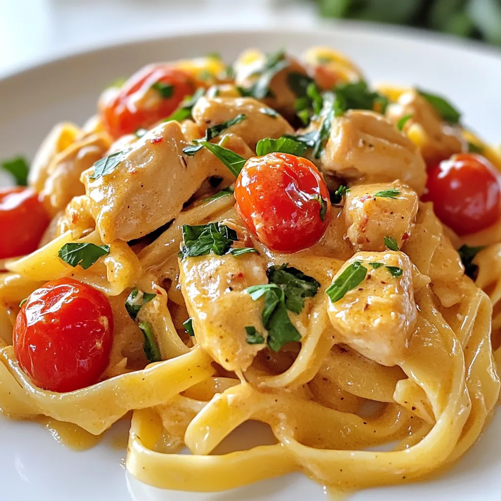 - 8 oz linguine pasta - 2 chicken breasts, diced - 4 tablespoons cowboy butter - 3 cloves garlic, minced - 1 teaspoon smoked paprika - ½ teaspoon cayenne pepper - 1 cup cherry tomatoes, halved - 1 cup spinach, roughly chopped - ½ cup heavy cream - Salt and pepper to taste The main ingredients bring flavor and texture to this dish. The linguine pasta serves as a great base. Diced chicken adds protein and heartiness. The garlic gives a nice aroma, while smoked paprika adds a hint of warmth. Cherry tomatoes provide sweetness and brightness. Spinach adds color and nutrients, and heavy cream makes everything rich and creamy. - ½ cup unsalted butter, softened - 2 tablespoons fresh chives, chopped - 1 tablespoon fresh parsley, chopped - 1 tablespoon lemon zest - 1 teaspoon garlic powder - 1 teaspoon onion powder - Salt to taste Cowboy butter is the star of this recipe. It combines creamy butter with fresh herbs. The lemon zest adds a zing, making each bite pop. Garlic and onion powders enhance the flavor profile. This butter is easy to make and adds a lot of depth to your meal. - Fresh parsley, chopped Garnishing with fresh parsley adds a splash of color. It also brings a fresh taste that brightens the dish. You can also consider adding a squeeze of lemon for extra zest. Enjoy your Cowboy Butter Chicken Linguine with these simple yet effective garnishes! {{ingredient_image_1}} To make cowboy butter, you need softened unsalted butter. Add chives, parsley, lemon zest, garlic powder, onion powder, and salt. Mix well until smooth. Next, place the mix on parchment paper. Roll it into a log and refrigerate it for at least 30 minutes. This lets all the flavors blend. Start by boiling salted water in a large pot. Once it boils, add the linguine. Cook it according to package instructions until it's al dente. Be sure to drain the pasta, but save half a cup of pasta water for later. This water helps the sauce stick to the pasta. In a large skillet, melt two tablespoons of cowboy butter over medium-high heat. Add diced chicken breasts and season them with smoked paprika, cayenne, salt, and pepper. Cook until the chicken is golden brown and fully cooked, about 7 to 10 minutes. This adds great flavor. Now, reduce the heat to medium. Add minced garlic to the skillet and cook it for one minute. This wakes up the flavor. Then, toss in halved cherry tomatoes. Cook them until they soften, which takes about 3 to 5 minutes. It smells amazing! Next, pour in the heavy cream, stirring well. Add the chopped spinach and let it simmer for 2 to 3 minutes until the spinach wilts. Adjust the seasoning with salt and pepper to taste. This gives your sauce a rich and creamy texture. Add the cooked linguine to the skillet. Pour in the reserved pasta water and the rest of the cowboy butter. Toss everything together until the pasta is well-coated and heated through. This ensures every bite is flavorful. Plate your cowboy butter chicken linguine and garnish it with freshly chopped parsley. This adds a nice touch of color. Serve it warm and enjoy a delightful meal that’s sure to impress your family and friends! To make the best cowboy butter, start with soft unsalted butter. Mix it well with fresh chives, parsley, lemon zest, garlic powder, onion powder, and a pinch of salt. This blend gives your dishes a rich flavor. Roll it into a log with parchment paper. Chill it in the fridge for at least 30 minutes. This helps the flavors meld and makes it easier to slice. When cooking chicken, cut it into small, even pieces. This helps it cook quickly and evenly. Use medium-high heat to get a nice golden color. Season the chicken with smoked paprika, cayenne, salt, and pepper before cooking. This adds depth to the flavor. Cook it until it's no longer pink, about 7-10 minutes. To boost flavor, add minced garlic right after cooking the chicken. It brings a wonderful aroma. After that, toss in halved cherry tomatoes. They soften and add sweetness. Don’t forget the heavy cream and spinach! The cream makes the dish creamy, and spinach brings a fresh taste. Adjust seasoning with salt and pepper to match your palette. For perfect linguine, boil salted water until it bubbles. Add the pasta and cook until al dente, about 8-10 minutes. Stir often to prevent sticking. Reserve half a cup of pasta water before draining. This starchy water helps the sauce stick to the pasta. Toss the cooked linguine into the skillet with the sauce for a well-coated meal. Pro Tips Homemade Cowboy Butter: Make extra cowboy butter and store it in the fridge or freezer. It’s perfect for adding flavor to grilled meats or vegetables! Adjust the Heat: Feel free to adjust the cayenne pepper based on your spice preference. Start with less and add more if you like it hotter! Fresh Ingredients: Using fresh spinach and ripe cherry tomatoes will enhance the flavors of the dish. Try to source the best quality ingredients you can find. Pasta Water: Don’t forget the reserved pasta water! It helps to bind the sauce and pasta together, creating a creamy texture. {{image_2}} You can easily swap chicken for shrimp or tofu. Shrimp cooks fast and adds a sweet flavor. Tofu is great for a plant-based option and absorbs all the spices. If you like beef, try diced steak. Just make sure to adjust cooking times for each protein. Feel free to add more veggies for color and nutrition. Bell peppers, zucchini, or broccoli work well. Add them when you sauté the garlic. This way, they soften but still keep some crunch. Fresh herbs like basil or thyme can also brighten the dish. Linguine is great, but other pastas can shine too. Try fettuccine for a thicker bite or spaghetti for a classic look. For gluten-free options, use rice noodles or gluten-free pasta. Always cook until al dente for the best texture. To store your leftover Cowboy Butter Chicken Linguine, let it cool first. Then, place it in an airtight container. This keeps the flavors fresh. You can refrigerate it for up to three days. If you want to keep it longer, freeze it for up to three months. When you’re ready to enjoy your leftovers, you can reheat them in a few ways. The best method is on the stove. Heat it over medium heat in a skillet. Add a splash of water or cream to keep it moist. Stir occasionally until it warms through. You can also use the microwave. Place it in a microwave-safe bowl and cover it. Heat for one to two minutes, stirring halfway through. Meal prepping this dish is easy and fun. You can cook a big batch ahead of time. Divide it into portions and store them in the fridge or freezer. This way, you have quick meals ready to go. Just remember to reheat properly! You can also prep the Cowboy Butter in advance. Store it in the fridge for up to a week. Use it for other dishes too! Cowboy Butter is a rich and flavorful compound butter. It blends softened butter with herbs and spices. You mix in chives, parsley, lemon zest, garlic powder, onion powder, and salt. This butter adds a tasty kick to many dishes, making them special. It shines in Cowboy Butter Chicken Linguine, enhancing the whole meal. Yes, you can make Cowboy Butter Chicken Linguine gluten-free. Just swap the linguine pasta with a gluten-free version. Many brands offer great gluten-free pasta made from rice or corn. This way, you can enjoy the same rich flavors without any gluten. The dish can be as spicy as you like! It includes cayenne pepper, which adds heat. You can adjust the amount to suit your taste. If you prefer less spice, use less cayenne. You can also skip it completely for a milder version. Absolutely! While linguine works well, you can use any pasta shape you like. Fettuccine, penne, or even spaghetti are great choices. Just cook the pasta according to package instructions to get the right texture. Cowboy Butter Chicken Linguine lasts about 3 to 4 days in the fridge. Store it in an airtight container to keep it fresh. When you're ready to eat it again, just reheat on the stove or in the microwave until warm. Cowboy Butter Chicken Linguine is a simple dish with bold flavors. We explored the main ingredients, how to prepare them, and step-by-step cooking tips. You learned about variations, storage, and even common questions. Now, you can enjoy a tasty meal that meets your needs. Whether you stick to the recipe or try new spins, this dish is easy to love. Get cooking and share this warm, comforting meal with anyone you choose!