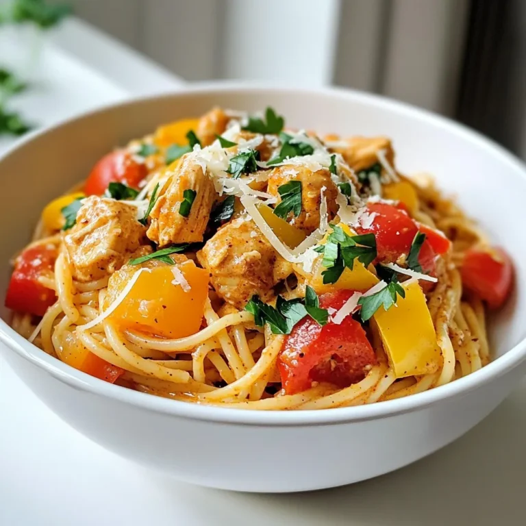 To make a tasty creamy Cajun chicken spaghetti, gather these simple ingredients: - 8 ounces spaghetti - 2 tablespoons olive oil - 1 pound chicken breast, cubed - 1 teaspoon Cajun seasoning - 1 medium onion, diced - 3 cloves garlic, minced - 1 bell pepper, sliced (any color) - 1 can (15 ounces) diced tomatoes, drained - 1 cup heavy cream - 1 cup chicken broth - 1 cup grated Parmesan cheese - Salt and pepper to taste - Fresh parsley, chopped (for garnish) These ingredients come together to create a creamy, flavorful dish. The Cajun seasoning adds a nice kick, while the heavy cream makes it rich and smooth. You can pick any color of bell pepper to brighten your dish. Enjoy the blend of flavors from the chicken, veggies, and spices. This dish serves about four people, making it perfect for a family dinner or a gathering with friends. {{ingredient_image_1}} Start by boiling a large pot of salted water. Once it boils, add 8 ounces of spaghetti. Cook it until it is al dente, which usually takes about 8 to 10 minutes. Drain the spaghetti in a colander and set it aside for later. Next, heat 2 tablespoons of olive oil in a large skillet over medium-high heat. Add 1 pound of cubed chicken breast to the skillet. Sprinkle 1 teaspoon of Cajun seasoning, salt, and pepper over the chicken. Cook it for about 5 to 7 minutes until it turns golden brown. Once done, remove the chicken from the skillet and set it aside. In the same skillet, add the diced onion, minced garlic, and sliced bell pepper. Cook them for about 3 to 4 minutes. You want them to be tender and smell great. This adds a nice flavor to your dish. Now, stir in a can of drained diced tomatoes, 1 cup of chicken broth, and 1 cup of heavy cream into the skillet. Bring the mixture to a simmer and let it cook for 5 minutes. This helps the sauce to thicken up nicely. Return the cooked chicken to the skillet and mix everything well. Add the drained spaghetti and stir to coat it in that creamy sauce. Remove the skillet from heat and mix in 1 cup of grated Parmesan cheese until it melts into the dish. Taste it and adjust the salt and pepper as needed. Finally, serve your creamy Cajun chicken spaghetti warm, garnished with fresh parsley for a pop of color. Enjoy! To cook perfect spaghetti, start with a big pot. Fill it with water and add salt. Bring the water to a full boil before adding the spaghetti. Stir the pasta right away to prevent it from sticking. Follow the package cooking time for al dente pasta. Taste a piece before draining to check if it’s done. Drain it and set it aside for later. For juicy chicken, use fresh, boneless chicken breasts. Cut them into small cubes to help them cook evenly. Heat olive oil in your skillet on medium-high heat. Add the chicken and season it with Cajun spices, salt, and pepper. Cook it for 5-7 minutes until it turns golden brown. Make sure it cooks all the way through before removing it from the skillet. This keeps the chicken tender and tasty. To boost the sauce flavor, add garlic and onion to your sautéed veggies. These ingredients add depth and aroma. You can also mix in extra Cajun seasoning if you want more spice. For added richness, use a bit more cream or cheese. Fresh herbs, like parsley, can brighten the dish, too. Serve your creamy Cajun chicken spaghetti in deep bowls. Sprinkle extra Parmesan cheese on top for a nice touch. Add a few fresh parsley leaves for color. Pair it with garlic bread for a complete meal. This combination will impress your family and friends! Pro Tips Use Fresh Ingredients: Fresh vegetables and herbs will enhance the flavor and texture of your dish significantly. Adjust the Spice Level: Feel free to increase or decrease the Cajun seasoning depending on your preference for heat. Perfectly Cooked Chicken: Ensure the chicken is cooked through and slightly golden for the best flavor. Use a meat thermometer to check for doneness. Leftover Storage: Store any leftovers in an airtight container in the fridge, and reheat gently to preserve the creamy texture. {{image_2}} To add more heat, use extra Cajun seasoning. You can also use spicy sausage instead of chicken. This option gives a nice kick. Add sliced jalapeños for an even spicier flavor. You may want to adjust the cream based on how spicy you like it. For a vegetarian twist, swap the chicken with mushrooms or zucchini. Use vegetable broth instead of chicken broth. To make it vegan, replace heavy cream with coconut cream or cashew cream. Nutritional yeast can add a cheesy flavor. This keeps the dish rich and satisfying. If you want a gluten-free version, select gluten-free pasta. Many brands offer great options that cook well. Make sure your chicken broth is gluten-free as well. Check labels to ensure all ingredients are safe. This way, everyone can enjoy the dish! To store your creamy Cajun chicken spaghetti, let it cool first. Use an airtight container for storage. Keep it in the fridge for up to three days. Make sure to label it with the date. To reheat, use a microwave or stovetop. If using the microwave, heat for one to two minutes. Stir halfway through for even heating. If using the stovetop, add a splash of chicken broth to help with moisture. Heat over low until warm. You can freeze this dish too! Portion it into freezer-safe containers. It stays good for up to three months. When ready to eat, thaw it in the fridge overnight. Reheat as described above for the best taste. Yes, you can make this recipe ahead of time. Cook the chicken and sauce, then store them separately from the pasta. This keeps the spaghetti from getting soggy. When you are ready to eat, just heat everything up and combine. If you need a lighter option, use half-and-half or whole milk. You can also use coconut milk for a dairy-free choice. Just keep in mind that this will change the flavor a bit. To lower the spice, reduce the Cajun seasoning. You can also add a bit of sugar to balance the heat. For more spice, add a pinch of cayenne pepper or some hot sauce. Absolutely! You can swap spaghetti for penne, fettuccine, or even gluten-free pasta. Just make sure to adjust cooking times based on the pasta type you choose. Great side dishes include garlic bread, a fresh salad, or roasted vegetables. These sides complement the creamy pasta well and add more flavor to your meal. This blog post covered all you need to make chicken spaghetti. We shared the key ingredients and step-by-step cooking methods. I offered tips for perfecting your dish, including variations for spice lovers and dietary needs. Storing leftovers and reheating were also discussed to save you time. Cooking should be fun and easy. Remember, the best part is making it your own. Enjoy crafting this dish and sharing it with others!