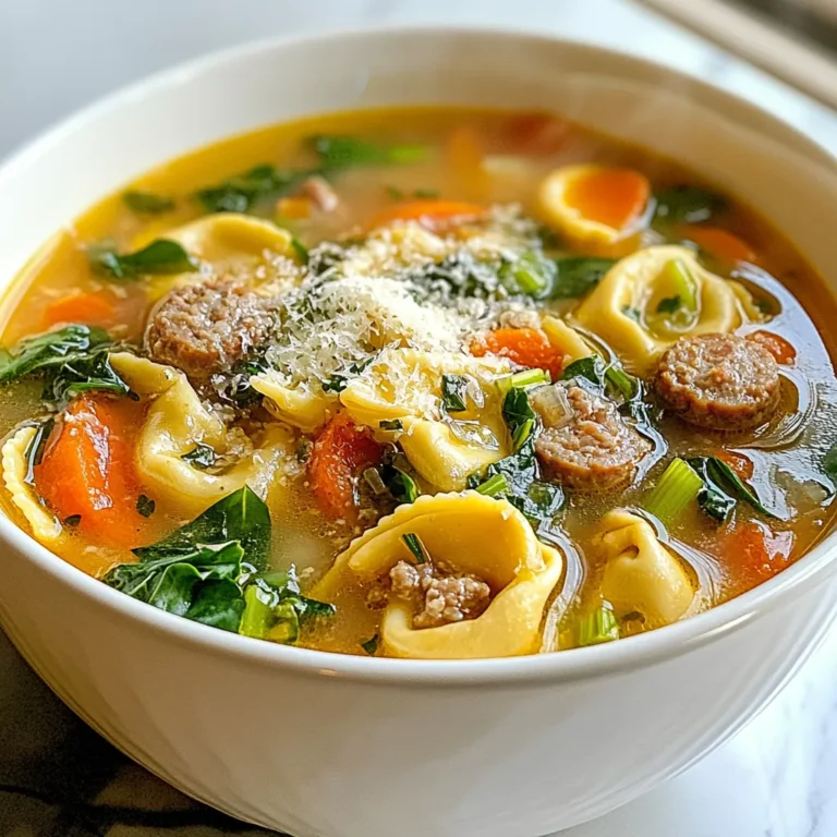 To make a warm bowl of Sausage Tortellini Soup, you need key items: - 1 tablespoon olive oil - 1 pound Italian sausage (choose mild or spicy) - 1 medium onion, diced - 3 cloves garlic, minced - 2 medium carrots, diced - 2 celery stalks, diced - 6 cups chicken broth - 1 can (14 ounces) diced tomatoes, undrained - 1 teaspoon dried basil - 1 teaspoon dried oregano - Salt and pepper to taste - 1 package (9 ounces) cheese tortellini - 2 cups fresh spinach - Grated Parmesan cheese for serving These ingredients create a rich and tasty soup that warms your soul. You can make this soup even better with some add-ins: - Chopped kale or Swiss chard for more greens - Red pepper flakes for extra heat - Fresh herbs like parsley or thyme for brightness - A splash of lemon juice for zing These options let you customize your soup to fit your taste. If you need to swap some items, here are great choices: - Use turkey or chicken sausage for a leaner option - Swap vegetable broth for chicken broth if you want a vegetarian soup - Use frozen spinach if fresh isn’t available - Try mini tortellini or even gnocchi as a fun twist These substitutions keep the soup flavorful while accommodating your needs. {{ingredient_image_1}} First, grab a large pot. Add the olive oil and heat it over medium heat. Next, add the Italian sausage. Cook it for about 5 to 7 minutes. Break the sausage into small pieces as it cooks. It should brown nicely. Now, add the diced onion, carrots, and celery to the pot. Stir these veggies into the sausage. Sauté them for another 5 to 7 minutes. You want them to soften up. Then, add the minced garlic and cook for one minute. This will make your kitchen smell great! Pour in the chicken broth. Next, add the can of diced tomatoes. Don’t forget those juices! Stir in the dried basil and oregano. Season with salt and pepper. Bring everything to a simmer. Let it cook for about 10 minutes to blend the flavors. After that, add the tortellini. Cook it according to the package instructions, usually about 3 to 5 minutes. In the last minute, stir in the fresh spinach until it wilts. Taste the soup and adjust the seasoning if needed. To boost the flavor of your sausage tortellini soup, start with good sausage. Choose mild or spicy based on your taste. Sauté the sausage well to get nice browning. This step brings out rich flavors. Adding fresh herbs can also help. Try some thyme or parsley for extra depth. Finally, don’t forget to taste as you go. Adjust salt and pepper as needed. The texture of your soup is key. Use fresh tortellini for the best bite. Cook it just until tender. Overcooking can make it mushy. Adding spinach last keeps it bright and fresh. You want it to wilt but not lose its color. For a thicker soup, consider adding a little more tortellini or even a small amount of cream. Serve your soup in deep bowls for a cozy meal. Top each bowl with a sprinkle of grated Parmesan cheese. This adds a salty, nutty flavor that pairs well with the soup. Fresh spinach leaves on top look nice too. Pair your soup with crusty bread for dipping. This makes every bite enjoyable. Pro Tips Use Fresh Ingredients: Fresh vegetables and herbs significantly enhance the flavor of your soup. Opt for fresh spinach instead of frozen for a vibrant taste and texture. Adjust the Spice Level: If you prefer a milder soup, choose mild Italian sausage, or remove the casing from spicy sausage and mix it with ground turkey or chicken for a balanced flavor. Perfect Tortellini Cooking: To prevent overcooking, add the tortellini to the soup only during the last few minutes of cooking. This ensures they remain firm and don’t become mushy. Enhance with Cheese: For an extra layer of flavor, try adding a Parmesan rind to the simmering soup. It will infuse a rich, cheesy taste throughout the broth. {{image_2}} To make a vegetarian version, skip the sausage. Use a mix of mushrooms and lentils instead. These add great texture and protein. For the broth, use vegetable broth. This keeps the soup hearty and satisfying. Add extra veggies like zucchini or bell peppers for more flavor. You can still use tortellini, just choose cheese or spinach tortellini for the best taste. If you love heat, choose spicy Italian sausage. It adds a nice kick. You can also add red pepper flakes to the soup. Start with a pinch and taste as you go. For more spice, include jalapeños or hot sauce. These options make the soup warming and exciting. The flavors come together well and make your taste buds dance. For a low-carb soup, replace tortellini with zucchini noodles or cauliflower. Both options keep the dish light. You might also reduce the carrots and use more spinach. This adds nutrients without adding too many carbs. Use a low-sodium broth to keep it healthy. You can still enjoy the rich flavors without the extra carbs. This version is great for those watching their carb intake. You can store your sausage tortellini soup in the fridge. Use an airtight container. It stays fresh for about three to four days. Make sure to let it cool before sealing. This helps keep the flavors intact. If you want to save some soup for later, freezing is a great choice. First, let it cool completely. Then, pour the soup into freezer-safe bags or containers. Leave some space for expansion. It can last up to three months in the freezer. Remember to label the bags with the date. When you're ready to enjoy the soup again, take it out of the fridge or freezer. If frozen, let it thaw in the fridge overnight. For reheating, use a pot on the stove over medium heat. Stir often to heat evenly. You can also use the microwave. Just heat in short bursts, stirring in between. Add a splash of broth if the soup seems thick. Enjoy your warm and cozy delight! Yes, you can use homemade broth. It adds great flavor to the soup. If you have some on hand, feel free to use it. Just make sure it is not too salty. Homemade broth can make your soup taste even better. To store leftovers, let the soup cool first. Then, place it in an airtight container. You can keep it in the fridge for up to three days. If you want to keep it longer, freeze it. Use a freezer-safe container and store it for up to three months. Some great sides include crusty bread or a fresh salad. A simple green salad adds crunch. You can also serve garlic bread for a tasty treat. Both options work well to soak up the soup. This blog post covered the key parts to make a great Sausage Tortellini Soup. We looked at ingredients, cooking steps, and how to enhance flavor. I shared tips for texture and serving ideas. Plus, we explored tasty variations and storage tips. In conclusion, you can make this soup your own. Try different add-ins or swaps. Enjoy your cooking adventure!