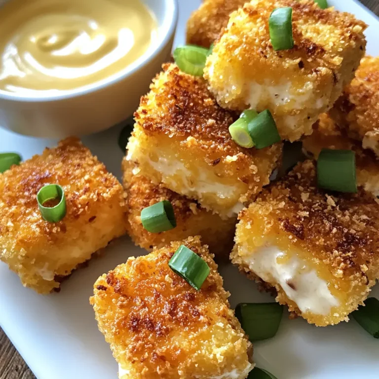 - 1 pound salmon fillet, skinless and boneless, cut into bite-sized cubes - 1/2 cup all-purpose flour - 1 teaspoon garlic powder - 1 teaspoon paprika - 1/2 teaspoon salt - 1/4 teaspoon black pepper - 1 large egg, beaten - 1 cup panko breadcrumbs - 1/2 cup mayonnaise - 2 tablespoons sweet chili sauce - 1 tablespoon sriracha (adjust to taste) - 1 tablespoon lemon juice - Fresh scallions, sliced (for garnish) To make crispy Bang Bang salmon bites, gather these ingredients first. You need fresh salmon fillets, so choose high-quality, skinless, and boneless pieces. Cut them into small cubes. This size helps them cook evenly and gives you a great bite. Next, you will need some basic pantry items. All-purpose flour acts as a base for your breading. Garlic powder adds a nice kick, while paprika gives a lovely color. Salt and black pepper enhance the flavors. For the coating, you need a beaten egg and panko breadcrumbs. Panko gives that crunch we all love. For the sauce, mix together mayonnaise, sweet chili sauce, sriracha, and lemon juice. Adjust the sriracha to your taste for a spicy kick. Fresh scallions make a perfect garnish, adding color and freshness to your dish. Gather these ingredients, and you are ready to create a delicious and crispy treat! {{ingredient_image_1}} To make the breading, start with a shallow bowl. In this bowl, mix together: - 1/2 cup all-purpose flour - 1 teaspoon garlic powder - 1 teaspoon paprika - 1/2 teaspoon salt - 1/4 teaspoon black pepper Stir the dry mix well to combine all the flavors. Set up your breading station. You will need three bowls: one for the flour mix, one for a beaten egg, and one for panko breadcrumbs. This setup helps keep things organized and makes breading easy. Now it’s time to coat the salmon. Take each salmon cube and follow these steps: 1. Dredge the cube in the flour mix. Make sure to coat it well. 2. Dip the floured salmon cube into the beaten egg. Let any extra egg drip off. 3. Roll the cube in the panko breadcrumbs. Press lightly so the crumbs stick. Repeat these steps for all the salmon pieces. Each piece should be fully coated for the best crunch. For frying, use a large skillet. Heat about 1/2 inch of oil over medium-high heat. You want the oil hot enough to fry the salmon bites. To check, drop a small piece of bread in the oil. If it bubbles and browns quickly, you’re ready. Fry the salmon bites in batches. Do not overcrowd the pan; this helps them cook evenly. Cook for about 3-4 minutes on each side. Look for a perfect golden brown color. Once done, use a slotted spoon to remove them. Drain them on paper towels to remove extra oil. Enjoy the crunch! To get that perfect crunch, oil choice matters. I recommend using vegetable oil or canola oil for frying. They have high smoke points and help achieve a golden color. Heat the oil to medium-high before adding the salmon bites. This ensures they fry fast and stay crispy. Panko breadcrumbs are key to the crunch. They are coarser than regular breadcrumbs, which makes them perfect for frying. When you coat the salmon bites, press the panko down lightly. This helps it stick and creates a nice crust. Adjust the spice level in the Bang Bang sauce to your taste. If you like it spicy, add more sriracha. If you prefer mild, reduce the sriracha and use more mayonnaise. This sauce pairs well with the crispy salmon bites. Drizzle it over the bites or serve it on the side for dipping. For side dishes, I love serving these salmon bites with a fresh salad or steamed rice. They balance the flavors nicely. Creative plating can make your meal look fancy. Try stacking the salmon bites on a small tower and drizzle the sauce on top. Add some sliced scallions for a pop of color. This makes your dish look as good as it tastes! Pro Tips Use Fresh Salmon: For the best flavor and texture, opt for fresh salmon fillets over frozen whenever possible. Control the Oil Temperature: Make sure the oil is hot enough before adding the salmon bites to ensure they become crispy rather than greasy. Customize the Bang Bang Sauce: Adjust the amount of sriracha in the sauce to suit your heat preference; you can even add a touch of honey for a sweeter flavor. Experiment with Seasonings: Feel free to add other spices or herbs to the flour mixture for an extra layer of flavor, like cayenne pepper or dried dill. {{image_2}} You can switch up the main protein in this recipe. Shrimp, chicken, or tofu all work well. For shrimp, use medium to large shrimp, peeled and deveined. Cut chicken into cubes like the salmon. If using tofu, choose firm tofu and press it to remove excess water. Each of these options brings a unique taste and texture to the dish. If you need a gluten-free version, it's simple to adapt. Use gluten-free breadcrumbs instead of panko. You can also swap regular flour for almond flour or coconut flour. Both options provide a different flavor while keeping your bites crispy. Always check labels to ensure all ingredients are gluten-free. Want to boost the flavor? Add herbs and spices to the breading mix. Dill or parsley adds freshness. For a kick, consider red pepper flakes or cayenne pepper. You can also experiment with garlic or onion powder for extra depth. Mixing in these flavors makes your crispy bites even more exciting! Store your crispy salmon bites in an airtight container. This keeps them fresh and tasty. Place a paper towel at the bottom of the container. This will absorb any moisture. You can store them in the fridge for up to three days. After that, the texture may change and they won’t be as crispy. To heat your salmon bites while keeping them crispy, use an oven or air fryer. Preheat your oven to 375°F (190°C). Arrange the bites on a baking sheet. Bake for about 10 minutes, flipping halfway through. If using an air fryer, set it to 350°F (175°C) and heat for around 5-7 minutes. This helps them stay crunchy and delicious. You can freeze the salmon bites for later use. First, let them cool completely. Place them in a single layer on a baking sheet. Freeze for about an hour until firm. Then, transfer them to a freezer-safe bag. For the sauce, store it in a separate container. It can last up to three months in the freezer. When ready to eat, thaw both the bites and sauce overnight in the fridge before reheating. Yes, you can bake the salmon bites. Preheat your oven to 400°F (200°C). Place the breaded salmon bites on a baking sheet lined with parchment paper. Lightly spray or brush them with oil. Bake for about 12-15 minutes, turning halfway through. Look for a crispy texture and golden color. To check if the salmon is done, use a fork. Gently flake the salmon at the thickest part. It should be opaque and flake easily. The internal temperature should reach 145°F (63°C). Always check a couple of pieces to ensure they are cooked properly. For sides, consider serving: - Steamed rice or quinoa - Fresh salad with a light dressing - Crispy vegetables like broccoli or asparagus - French fries or sweet potato fries For drinks, pair with: - A chilled white wine - Sparkling water with lemon - A light beer or cider This blog post showed how to make delicious Bang Bang Salmon Bites. You learned about the right ingredients, perfect frying technique, and ways to serve them. You can also try different proteins or sauces to mix things up. With the tips provided, your salmon bites will turn out crispy and flavorful. Use these methods and recipes to impress your friends and family. Enjoy your cooking journey and share these tasty bites with others!