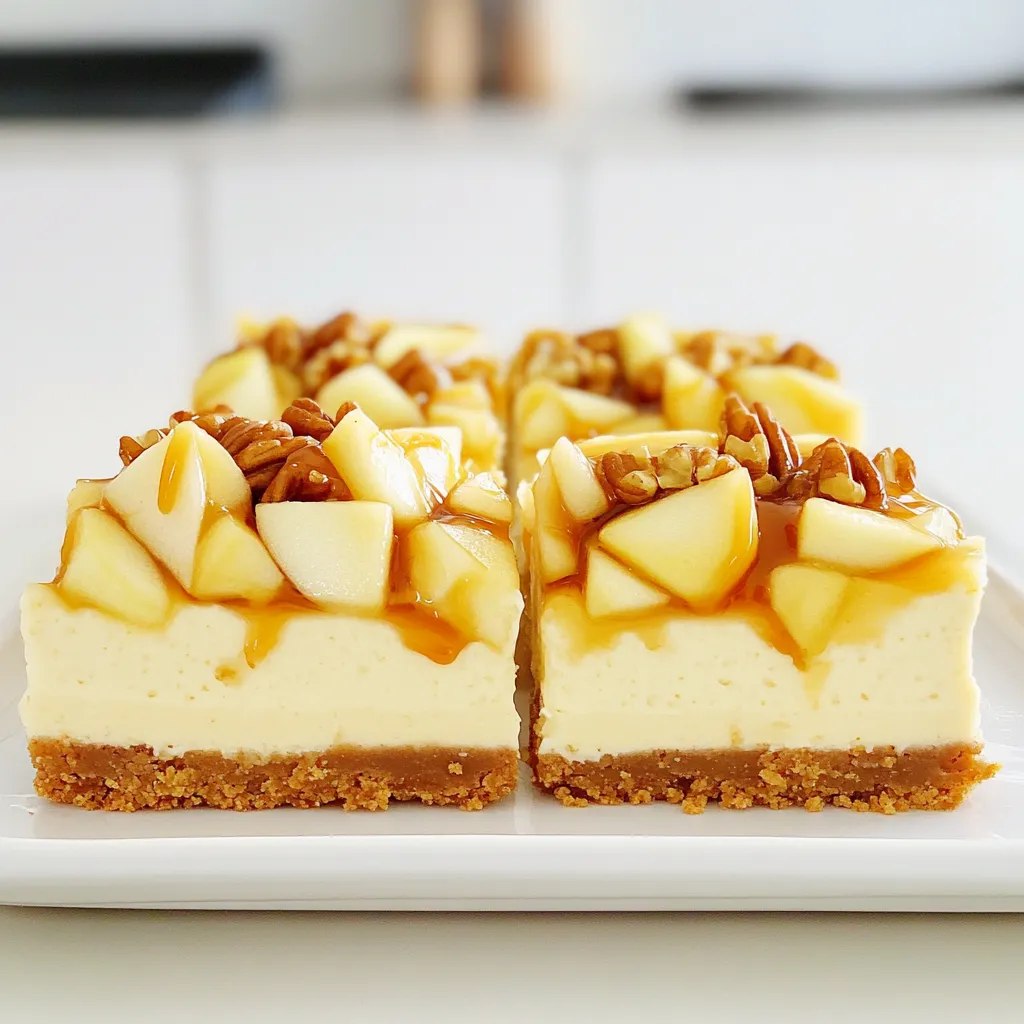 To make delicious caramel apple cheesecake bars, you need the right ingredients. Here’s what you’ll need: - 1 ½ cups graham cracker crumbs - ½ cup unsalted butter, melted - 1 cup cream cheese, softened - ½ cup granulated sugar - 2 large eggs - 1 teaspoon vanilla extract - 2 cups apples, peeled, cored, and diced - 1 teaspoon cinnamon - ½ cup caramel sauce - ¼ cup chopped nuts (walnuts or pecans) Each ingredient plays a key role in the flavor and texture of the bars. The graham cracker crumbs create a sweet and crunchy crust. The cream cheese adds a rich and creamy filling. Apples bring freshness and sweetness, while caramel sauce adds that delightful gooey touch. Chopped nuts give a nice crunch on top. You can choose walnuts or pecans based on your taste. If you want a twist, try different nuts or even leave them out. Remember that the quality of your ingredients matters. Fresh apples and pure vanilla extract can really enhance the bars. Gather these items before you start. You’ll find that having everything ready makes the cooking process smooth and fun! - Preheat the oven and prepare the baking pan. Set your oven to 325°F (160°C). Grease a 9x9 inch baking pan. - Make the graham cracker crust. In a medium bowl, mix graham cracker crumbs with melted butter. Press this mixture firmly into the bottom of the pan. - Prepare the cheesecake filling. In a large bowl, beat softened cream cheese and granulated sugar for about 2 minutes until creamy. - Fold in the apple mixture. In another bowl, mix diced apples with cinnamon. Gently fold this apple mix into the cream cheese mix. - Assemble the cheesecake bars. Pour the cheesecake mixture over the crust. Smooth the top with a spatula. Drizzle caramel sauce over the top. Use a knife to swirl it for a marbled look. Finally, sprinkle chopped nuts on top. - Bake the bars and check for doneness. Place the pan in the oven and bake for 40-45 minutes. The center should be set but still slightly jiggly. - Cooling and chilling the bars. Once baked, let the bars cool at room temperature for 30 minutes. Then, refrigerate for at least 2 hours until fully chilled. How to tell when cheesecake bars are done Cheesecake bars are done when the center is set but slightly jiggly. You can gently tap the pan to see if it jiggles. If it wobbles but is not liquid, it’s ready. Don’t overbake, as it will firm up more while cooling. Avoiding cracks in the cheesecake To prevent cracks, mix the batter gently. Overmixing introduces air, which can cause cracks when baking. Keep the oven door shut during baking to maintain a steady heat. Also, cooling the bars slowly helps. Let them cool in the pan before moving them to the fridge. Best ways to serve caramel apple cheesecake bars Cut the bars into squares after chilling. Serve them plain for a simple treat. For a special touch, drizzle with more caramel sauce. You can also sprinkle some chopped nuts on top for extra crunch. Pairing recommendations These bars pair well with vanilla ice cream or whipped cream. The creaminess complements the cheesecake flavor. You can also serve them with a scoop of cinnamon ice cream for a fun twist. {{image_2}} - Alternatives for cream cheese: You can use mascarpone cheese for a richer taste. Greek yogurt is a lighter option. Silken tofu works well for a vegan choice. - Different types of nuts for topping: Walnuts and pecans are great, but try almonds or hazelnuts too. You could even skip the nuts if you prefer a nut-free treat. - Adding spices: A pinch of nutmeg can add warmth. Ginger gives a nice kick. Both spices bring new life to the bars. - Exploring fruit additions or replacements: Pears can be a lovely swap for apples. Diced peaches or berries can also work well. Mix and match for your favorite flavor! To keep your caramel apple cheesecake bars fresh, store them in the fridge. Place them in an airtight container. This helps lock in moisture and flavor. If you have leftovers, they can last up to five days in the fridge. For best results, cut the bars into squares before storing. This makes it easy to grab one when you have a sweet craving. The best containers for storing cheesecake bars are glass or plastic ones with tight lids. They prevent air from getting in and help keep the bars fresh. If you use a glass dish, you can also serve from it. If you want to save some bars for later, freezing is a great option. Start by cutting the cheesecake into squares. Then, wrap each piece tightly in plastic wrap. After that, place them in a freezer-safe bag or container. They can stay in the freezer for up to three months. When you’re ready to enjoy a bar, take it out and let it thaw in the fridge overnight. If you want to eat it sooner, you can leave it at room temperature for a couple of hours. Reheating isn’t necessary, but if you prefer it warm, pop it in the microwave for 10-15 seconds. Just be careful not to heat it too long, or it may lose its creamy texture. Can I make caramel apple cheesecake bars ahead of time? Yes, you can make these bars ahead of time. They store well in the fridge for up to four days. Just make sure to cover them tightly to keep them fresh. This makes them great for parties or gatherings. What types of apples are best for this recipe? I recommend using tart apples like Granny Smith or Honeycrisp. These apples give a nice balance to the sweet cheesecake and caramel. Their crisp texture holds up well during baking and adds a fresh bite. Why did my cheesecake bars crack? Cracks can happen due to baking too long or at too high a temperature. Always bake at 325°F (160°C) and check for doneness. The center should be slightly jiggly when you take it out. How do I fix an over-baked cheesecake? If your cheesecake is over-baked, it may be dry. You can't fix it, but you can serve it with extra caramel sauce or whipped cream. This adds moisture and makes it taste better. Fat, sugar, and calorie content details Each bar has about 180 calories, with 9 grams of fat and 14 grams of sugar. These numbers may vary based on your ingredients. Healthier modifications for the recipe You can use low-fat cream cheese to cut down on fat. You can also reduce the sugar or use a sugar substitute. Adding more apples can increase the fiber and nutrients, making it a little healthier. This blog post guided you through making caramel apple cheesecake bars. We covered the key ingredients, detailed step-by-step instructions, and shared tips for a perfect bake. You also learned about variations to customize your bars and how to store them properly. I hope you feel ready to bake and enjoy these delicious treats. With simple steps and some creativity, you can make a dessert that family and friends will love. Dive into this fun cooking adventure!