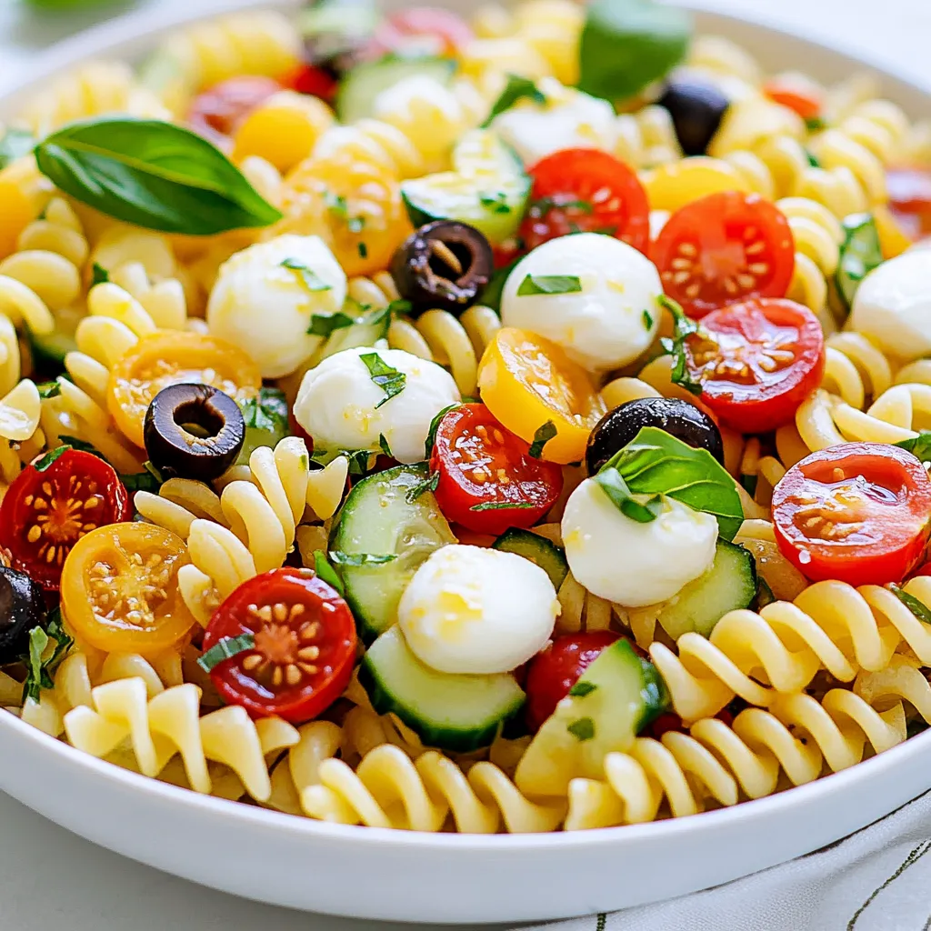 To make a tasty chilled lemon basil pasta salad, you need: - 8 ounces of fusilli or rotini pasta - 1 cup cherry tomatoes, halved - 1 cup cucumber, diced - 1/2 cup red bell pepper, finely chopped - 1/4 cup red onion, finely chopped - 1/4 cup black olives, sliced - 1/2 cup fresh mozzarella balls, halved - 1/4 cup fresh basil leaves, chopped - 1/4 cup olive oil - 2 tablespoons fresh lemon juice - Zest of 1 lemon - Salt and pepper to taste These ingredients bring bright flavors and textures. The pasta acts as a base, while the veggies add crunch. Fresh herbs like basil give aroma and taste. The lemon juice and zest provide a nice zing. You can add more fun to your salad with these optional ingredients: - Cooked chicken or shrimp for protein - Artichoke hearts for a tangy bite - Feta cheese for creaminess - Spinach for more greens - Sun-dried tomatoes for a sweet touch Feel free to mix and match. These add-ins can change the salad's flavor and make it more filling. While the lemon vinaigrette is great, try these dressings for a twist: - Balsamic vinaigrette for a sweet, tangy flavor - Italian dressing for a classic taste - Ranch dressing for creaminess - Pesto for a herby punch Each dressing gives a unique taste to your pasta salad. Experiment with different flavors to find your favorite! {{ingredient_image_1}} To start, boil water in a large pot. Add a pinch of salt to the water. Once the water boils, add 8 ounces of fusilli or rotini pasta. Cook it according to the package instructions, usually about 8-10 minutes. You want it al dente, firm but not hard. When the pasta is done, drain it in a colander. Rinse the pasta under cold water. This stops the cooking process. Set the pasta aside to cool. Next, grab a large mixing bowl. Cut 1 cup of cherry tomatoes in half. Dice 1 cup of cucumber into small pieces. Finely chop 1/2 cup of red bell pepper and 1/4 cup of red onion. Slice 1/4 cup of black olives. Halve 1/2 cup of fresh mozzarella balls. Finally, chop 1/4 cup of fresh basil leaves. Add all these ingredients to the mixing bowl. Stir gently to combine them. In a small bowl, add 1/4 cup of olive oil. Squeeze in 2 tablespoons of fresh lemon juice. Grate the zest from 1 lemon and add it to the bowl. Season with salt and pepper to taste. Use a whisk to mix all the ingredients together until they are well combined. This vinaigrette will give your salad a bright and zesty flavor. Now it’s time to put everything together. Add the cooled pasta to the bowl with the salad ingredients. Toss gently to mix them. Pour the lemon vinaigrette over the pasta salad. Mix gently again until everything is well coated. Cover the salad with plastic wrap or transfer it to an airtight container. Refrigerate it for at least 30 minutes. This chill time helps the flavors meld. Serve the salad cold, garnished with extra basil leaves for a pop of color. To cook pasta just right, follow these steps: - Use a large pot with plenty of water. - Add salt to the water for flavor. - Bring water to a boil before adding pasta. - Stir the pasta often to prevent sticking. - Cook until al dente, which means firm to the bite. - Drain and rinse pasta under cold water. This stops cooking and cools it down. Perfectly cooked pasta gives your salad a great texture. If you overcook it, your salad may turn mushy. Chilling your pasta salad helps the flavors blend. Here are some tips: - Always refrigerate for at least 30 minutes before serving. - Use a shallow dish to cool the salad faster. - Cover the bowl with plastic wrap or a lid. This keeps the salad fresh. For deeper flavor, chill it longer if you can. The longer it sits, the better it tastes! A beautiful presentation makes your salad more inviting. Here’s how to make it pop: - Serve in a large, shallow bowl for a nice display. - Add extra chopped basil on top for color. - Halve some cherry tomatoes and sprinkle them over the salad. This adds a fresh touch. A well-presented salad impresses your guests and makes the meal special. Pro Tips Cook Pasta Al Dente: For the best texture, cook your pasta al dente. This will prevent it from becoming mushy when mixed with the dressing and refrigerated. Use Fresh Ingredients: Fresh basil and ripe tomatoes will enhance the flavor of your salad significantly. Try to use seasonal produce for the best results. Chill Before Serving: Allowing the salad to chill in the refrigerator for at least 30 minutes helps the flavors meld together, making every bite delicious. Customize with Protein: If you'd like to make this salad more filling, consider adding grilled chicken, shrimp, or chickpeas for a boost of protein. {{image_2}} For a classic Italian pasta salad, switch up the ingredients. Use penne or rotini pasta. Add diced salami, pepperoni, or ham for a protein boost. Toss in artichoke hearts and sun-dried tomatoes for extra flavor. A mix of fresh herbs, like parsley and oregano, adds freshness. Drizzle with a balsamic vinaigrette to tie it all together. This salad is perfect for potlucks or family gatherings. Greek pasta salad is a fun twist. Start with your favorite pasta, like farfalle or fusilli. Add Kalamata olives, chopped cucumber, and bell peppers. Crumble feta cheese on top for a tangy taste. A dressing made of olive oil, red wine vinegar, and oregano pulls it all together. The salty feta and briny olives create a tasty Mediterranean vibe. Serve it chilled for a refreshing dish on warm days. If you want a vegetarian option, think outside the box. Use whole wheat or gluten-free pasta for a healthy base. Load up on colorful veggies like bell peppers, carrots, and peas. You can add chickpeas for protein and crunch. A creamy avocado dressing can replace traditional dressings. This adds healthy fats and a smooth texture. These salads are filling and perfect for lunch or dinner. To keep your cold pasta salad fresh, use a tight container. Glass or plastic containers work well. Make sure to cover it with a lid or plastic wrap. This keeps the salad from drying out. When stored in the fridge, cold pasta salad lasts about 3 to 5 days. The flavors get better as it sits. However, check for any signs of spoilage before eating. If it smells off or looks strange, throw it out. Freezing cold pasta salad is tricky. I do not recommend it for best taste. The texture changes when thawed. If you must freeze it, leave out fresh ingredients like tomatoes and basil. Use a freezer-safe container and eat within 2 months. When ready to eat, thaw in the fridge overnight. Yes, you can make pasta salad ahead of time. This dish tastes even better after chilling. Prepare it a few hours before serving. Store it in the fridge to keep it fresh. Fusilli and rotini are great choices for cold pasta salad. Their shapes hold the dressing well. You can also use penne or farfalle for a fun look. Choose any pasta that you enjoy. You can add protein easily. Cooked chicken, tuna, or shrimp work well. Beans like chickpeas or black beans are great, too. Just mix them in when you add the veggies. There are many tasty dressing options for pasta salad. You can use a balsamic vinaigrette for a sweet flavor. A yogurt-based dressing adds creaminess. Try a pesto for a fresh herb taste. Chilled lemon basil pasta salad is refreshing and simple. We covered key ingredients and how to make it. You can add flavors or choose dressings you love. I provided tips for cooking pasta and serving it well. Consider variations like Greek or vegetarian options to mix it up. Remember to store your salad properly for the best taste. Making pasta salad ahead saves time and brings joy to your meals. Enjoy your fresh creation!