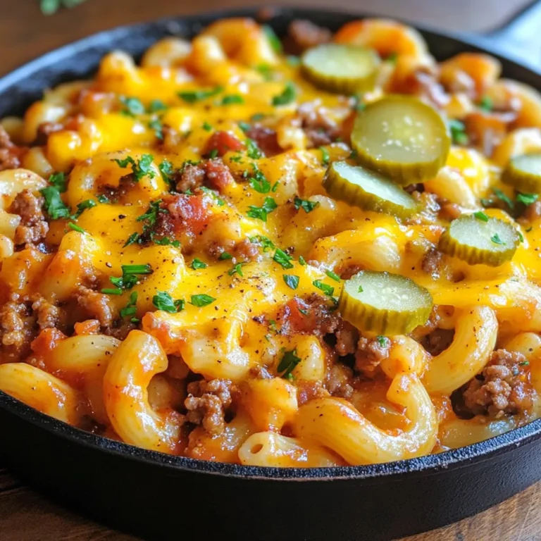 To make a delicious cheeseburger pasta skillet, gather these simple ingredients: - 1 lb ground beef - 8 oz elbow macaroni - 1 small onion, diced - 2 cloves garlic, minced - 1 cup tomato sauce - 1 cup beef broth - 1 cup shredded cheddar cheese - 1 tablespoon Dijon mustard - 1 tablespoon Worcestershire sauce - 1 teaspoon paprika - Salt and pepper to taste - 2 tablespoons olive oil - Pickles, for garnish (optional) - Fresh parsley, chopped, for garnish (optional) These ingredients create a rich and hearty meal. The ground beef adds protein and flavor. Elbow macaroni makes the dish fun and filling. The cheese melts into a creamy sauce, binding everything together. Dijon mustard and Worcestershire sauce provide a unique taste. They add depth to the dish and give that classic cheeseburger flavor. Don't forget the onion and garlic! They boost the aroma and taste. Feel free to customize this list. You can swap out the cheeses or try different pasta shapes. Each choice can change the meal's flavor, making it your own. {{ingredient_image_1}} 1. Sautéing onion and garlic: Start by heating olive oil in a large skillet over medium heat. Add the diced onion and minced garlic. Cook for about 3-4 minutes until they soften and smell great. 2. Browning the ground beef: Next, add the ground beef. Use a spatula to break the meat into smaller pieces. Cook it for 5-7 minutes until it turns brown. If you see grease, drain it out. 3. Combining ingredients and simmering: Stir in the tomato sauce, beef broth, Dijon mustard, Worcestershire sauce, paprika, salt, and pepper. Mix well to combine all the flavors. Bring this mixture to a boil. 1. Adding pasta and cooking time: Now, add the elbow macaroni to the boiling mixture. Reduce the heat to medium-low and cover the skillet. Let it simmer for 10-12 minutes. Stir once in a while until the pasta is soft and has soaked up most of the sauce. 2. Melting cheese into the pasta mixture: Once the pasta is cooked, take the skillet off the heat. Sprinkle the shredded cheddar cheese into the pasta. Stir until the cheese melts and gets creamy. Taste it and adjust the seasoning if needed. You can also add pickles and parsley on top for a fun touch! To avoid overcooking pasta, follow these steps: - Use a timer when cooking the elbow macaroni. Set it for 1-2 minutes less than the package suggests. - When the pasta is close to being done, taste it. It should be al dente, firm but not hard. - Drain the pasta right away to stop the cooking process. For perfect ground beef texture, keep these tips in mind: - Use a spatula to break up the meat as it cooks. This helps it brown evenly. - Cook the beef on medium heat. High heat can make it tough. - Drain excess grease after browning. This keeps your dish from being greasy. Garnishing ideas can make your dish pop. Try these: - Add pickles on top for a classic cheeseburger taste. - Sprinkle fresh parsley for a splash of color and flavor. For a great dining experience, consider these presentation tips: - Serve straight from the skillet for a cozy feel. - For individual plates, top with extra cheese and a few pickle slices. This adds to the cheeseburger vibe. Pro Tips Use Lean Ground Beef: Opt for lean ground beef to reduce excess grease and make the dish healthier without sacrificing flavor. Add Veggies: Incorporate diced bell peppers or mushrooms for added nutrition and flavor, making your pasta even more delicious. Cheese Variations: Experiment with different types of cheese, such as pepper jack or mozzarella, for a unique twist on the classic cheeseburger flavor. Leftover Storage: Store any leftovers in an airtight container in the fridge for up to 3 days; simply reheat on the stovetop with a splash of broth. {{image_2}} You can change the pasta shape in this recipe. While elbow macaroni is classic, rotini or penne work well too. These shapes hold sauce nicely. You can also use whole wheat pasta for a healthier twist. When it comes to cheese, cheddar is a favorite. But you can swap it out for mozzarella if you want a milder taste. Pepper jack adds a spicy kick, perfect for those who love heat. Try mixing different cheeses for a fun flavor twist. Adding vegetables can make this dish even better. Bell peppers bring sweetness and color. Mushrooms add earthiness and depth. You can sauté them with the onion and garlic for great flavor. Spices can enhance the taste too. A sprinkle of Italian seasoning can bring a new vibe. If you enjoy spice, add some chili flakes for a kick. Feel free to experiment with your favorites; creativity makes cooking fun! To keep your cheeseburger pasta skillet fresh, store it in an airtight container. Place it in the fridge within two hours of cooking. It will last up to three days. When you want to reheat, use a skillet for best results. Add a splash of beef broth or water to keep it moist. Heat it over medium-low until warm. Stir often to avoid burning. You can freeze your cheeseburger pasta skillet for longer storage. Allow it to cool completely before packing it in a freezer-safe container. Leave some space at the top to allow for expansion. It can stay frozen for up to three months. When ready to eat, thaw it in the fridge overnight. Reheat it in a skillet over medium heat. Add a bit of broth or water to help it heat evenly. Enjoy the same great taste! Yes, you can make cheeseburger pasta skillet ahead of time. Prepare the dish, then let it cool. Store it in an airtight container in the fridge. It stays fresh for about three days. When ready to eat, warm it on the stove or in the microwave. Add a splash of broth to keep it moist. You can make this dish healthier by using lean ground beef. Turkey or chicken can also work well. Swap elbow macaroni for whole grain or gluten-free pasta. Add more veggies like spinach, bell peppers, or zucchini for extra nutrients. You can also reduce the cheese and use low-fat options. This dish pairs great with a simple green salad. You can also serve it with steamed broccoli or carrots for a colorful plate. Garlic bread is a nice side too, adding a crunchy touch. You can even offer pickles on the side, keeping with the cheeseburger theme. This blog post details how to create a tasty cheeseburger pasta skillet. You learned about the main ingredients, like ground beef and cheese, and how to cook them step by step. I shared tips to avoid overcooking pasta and ideas to make your dish shine. You can even try fun variations with different cheeses and spices! Remember, storing leftovers well makes them last longer. Enjoy this cozy meal and share it with friends and family. Happy cooking!