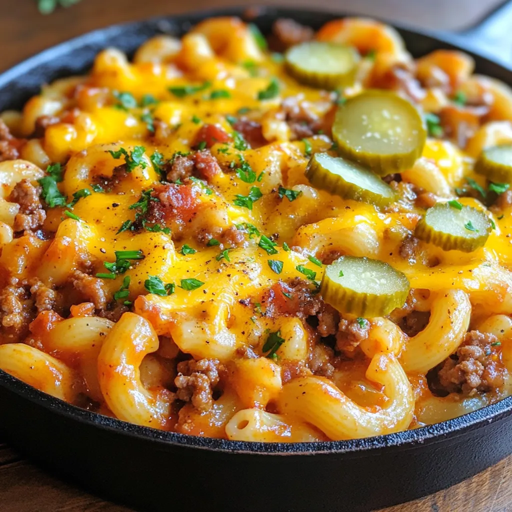 To make a delicious cheeseburger pasta skillet, gather these simple ingredients: - 1 lb ground beef - 8 oz elbow macaroni - 1 small onion, diced - 2 cloves garlic, minced - 1 cup tomato sauce - 1 cup beef broth - 1 cup shredded cheddar cheese - 1 tablespoon Dijon mustard - 1 tablespoon Worcestershire sauce - 1 teaspoon paprika - Salt and pepper to taste - 2 tablespoons olive oil - Pickles, for garnish (optional) - Fresh parsley, chopped, for garnish (optional) These ingredients create a rich and hearty meal. The ground beef adds protein and flavor. Elbow macaroni makes the dish fun and filling. The cheese melts into a creamy sauce, binding everything together. Dijon mustard and Worcestershire sauce provide a unique taste. They add depth to the dish and give that classic cheeseburger flavor. Don't forget the onion and garlic! They boost the aroma and taste. Feel free to customize this list. You can swap out the cheeses or try different pasta shapes. Each choice can change the meal's flavor, making it your own. {{ingredient_image_1}} 1. Sautéing onion and garlic: Start by heating olive oil in a large skillet over medium heat. Add the diced onion and minced garlic. Cook for about 3-4 minutes until they soften and smell great. 2. Browning the ground beef: Next, add the ground beef. Use a spatula to break the meat into smaller pieces. Cook it for 5-7 minutes until it turns brown. If you see grease, drain it out. 3. Combining ingredients and simmering: Stir in the tomato sauce, beef broth, Dijon mustard, Worcestershire sauce, paprika, salt, and pepper. Mix well to combine all the flavors. Bring this mixture to a boil. 1. Adding pasta and cooking time: Now, add the elbow macaroni to the boiling mixture. Reduce the heat to medium-low and cover the skillet. Let it simmer for 10-12 minutes. Stir once in a while until the pasta is soft and has soaked up most of the sauce. 2. Melting cheese into the pasta mixture: Once the pasta is cooked, take the skillet off the heat. Sprinkle the shredded cheddar cheese into the pasta. Stir until the cheese melts and gets creamy. Taste it and adjust the seasoning if needed. You can also add pickles and parsley on top for a fun touch! To avoid overcooking pasta, follow these steps: - Use a timer when cooking the elbow macaroni. Set it for 1-2 minutes less than the package suggests. - When the pasta is close to being done, taste it. It should be al dente, firm but not hard. - Drain the pasta right away to stop the cooking process. For perfect ground beef texture, keep these tips in mind: - Use a spatula to break up the meat as it cooks. This helps it brown evenly. - Cook the beef on medium heat. High heat can make it tough. - Drain excess grease after browning. This keeps your dish from being greasy. Garnishing ideas can make your dish pop. Try these: - Add pickles on top for a classic cheeseburger taste. - Sprinkle fresh parsley for a splash of color and flavor. For a great dining experience, consider these presentation tips: - Serve straight from the skillet for a cozy feel. - For individual plates, top with extra cheese and a few pickle slices. This adds to the cheeseburger vibe. Pro Tips Use Lean Ground Beef: Opt for lean ground beef to reduce excess grease and make the dish healthier without sacrificing flavor. Add Veggies: Incorporate diced bell peppers or mushrooms for added nutrition and flavor, making your pasta even more delicious. Cheese Variations: Experiment with different types of cheese, such as pepper jack or mozzarella, for a unique twist on the classic cheeseburger flavor. Leftover Storage: Store any leftovers in an airtight container in the fridge for up to 3 days; simply reheat on the stovetop with a splash of broth. {{image_2}} You can change the pasta shape in this recipe. While elbow macaroni is classic, rotini or penne work well too. These shapes hold sauce nicely. You can also use whole wheat pasta for a healthier twist. When it comes to cheese, cheddar is a favorite. But you can swap it out for mozzarella if you want a milder taste. Pepper jack adds a spicy kick, perfect for those who love heat. Try mixing different cheeses for a fun flavor twist. Adding vegetables can make this dish even better. Bell peppers bring sweetness and color. Mushrooms add earthiness and depth. You can sauté them with the onion and garlic for great flavor. Spices can enhance the taste too. A sprinkle of Italian seasoning can bring a new vibe. If you enjoy spice, add some chili flakes for a kick. Feel free to experiment with your favorites; creativity makes cooking fun! To keep your cheeseburger pasta skillet fresh, store it in an airtight container. Place it in the fridge within two hours of cooking. It will last up to three days. When you want to reheat, use a skillet for best results. Add a splash of beef broth or water to keep it moist. Heat it over medium-low until warm. Stir often to avoid burning. You can freeze your cheeseburger pasta skillet for longer storage. Allow it to cool completely before packing it in a freezer-safe container. Leave some space at the top to allow for expansion. It can stay frozen for up to three months. When ready to eat, thaw it in the fridge overnight. Reheat it in a skillet over medium heat. Add a bit of broth or water to help it heat evenly. Enjoy the same great taste! Yes, you can make cheeseburger pasta skillet ahead of time. Prepare the dish, then let it cool. Store it in an airtight container in the fridge. It stays fresh for about three days. When ready to eat, warm it on the stove or in the microwave. Add a splash of broth to keep it moist. You can make this dish healthier by using lean ground beef. Turkey or chicken can also work well. Swap elbow macaroni for whole grain or gluten-free pasta. Add more veggies like spinach, bell peppers, or zucchini for extra nutrients. You can also reduce the cheese and use low-fat options. This dish pairs great with a simple green salad. You can also serve it with steamed broccoli or carrots for a colorful plate. Garlic bread is a nice side too, adding a crunchy touch. You can even offer pickles on the side, keeping with the cheeseburger theme. This blog post details how to create a tasty cheeseburger pasta skillet. You learned about the main ingredients, like ground beef and cheese, and how to cook them step by step. I shared tips to avoid overcooking pasta and ideas to make your dish shine. You can even try fun variations with different cheeses and spices! Remember, storing leftovers well makes them last longer. Enjoy this cozy meal and share it with friends and family. Happy cooking!