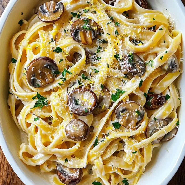 - 300g fettuccine or your favorite pasta - 250g button mushrooms, sliced - 4 cloves garlic, minced In this dish, the fettuccine serves as the base. I love how it holds the sauce perfectly. The button mushrooms bring great texture and a rich flavor. Garlic is the star that adds warmth and aroma to the meal. - 1 cup heavy cream - 1 tablespoon olive oil - 1 tablespoon unsalted butter - 1/2 cup grated Parmesan cheese Heavy cream makes the sauce rich and smooth. Olive oil and butter work together to sauté the mushrooms, enhancing their taste. Parmesan cheese adds a savory depth that makes the sauce irresistible. - Salt and pepper to taste - Fresh parsley, chopped (for garnish) - Zest of 1 lemon (for added freshness) Salt and pepper boost the dish's flavors. Fresh parsley brings a pop of color and freshness. Lemon zest adds a bright note, cutting through the creaminess. Each ingredient plays a big role in making creamy garlic mushroom pasta a favorite for many. The combination creates a rich and flavorful dish that is both comforting and satisfying. To start, fill a large pot with salted water. Bring it to a boil over high heat. Once boiling, add 300 grams of fettuccine. Cook it according to the package instructions. You want the pasta to be al dente, which means it should be firm to the bite. After cooking, reserve one cup of pasta water. This water helps the sauce stick. Drain the fettuccine and set it aside. Next, grab a large skillet. Heat one tablespoon of olive oil and one tablespoon of unsalted butter over medium heat. When the butter melts, add 250 grams of sliced button mushrooms. Sauté them for about 5-7 minutes. You want them to be golden brown and juicy. Stir occasionally to ensure even cooking. Now it's time for the garlic. Stir in four minced garlic cloves. Cook for 1-2 minutes until it smells amazing. Be careful not to let it burn. Lower the heat and pour in one cup of heavy cream. Mix well with the mushrooms and garlic. Let this simmer gently for 3-5 minutes. This helps the sauce thicken a bit. Then, add half a cup of grated Parmesan cheese. Stir until the cheese melts. If the sauce seems too thick, add some reserved pasta water. Do this a little at a time until you reach the right consistency. Finally, add the cooked fettuccine to the skillet. Toss it well to coat all the pasta in the creamy mushroom sauce. Season with salt, pepper, and the zest of one lemon. Toss again to mix everything. This adds a nice pop of flavor. Your creamy garlic mushroom pasta is ready to serve! To get the cream sauce just right, balance the thickness with pasta water. After cooking the fettuccine, save some of the water before draining. If your sauce is too thick, add a bit of this water. This helps you find the perfect texture. The cheese you use is very important. I recommend using fresh, high-quality Parmesan cheese. The flavor will be richer and creamier. Grate it fresh for the best results. This small step makes a big difference in taste. You can add more flavor to your dish by using extra seasonings. Consider adding a pinch of nutmeg or a dash of red pepper flakes. These will give your pasta a nice kick. Fresh herbs make a lovely garnish. I suggest using parsley, but you can also try basil or thyme. Chop them finely and sprinkle on top before serving. This adds color and freshness to your dish. When serving creamy garlic mushroom pasta, use wide, shallow bowls. This creates a nice look and allows the sauce to shine. You can add extra Parmesan on the side for those who want more. For garnish, drizzle a tiny bit of olive oil on top. It adds a shiny finish and enhances the flavor. You can also place a lemon wedge on the plate. This gives your guests a way to brighten up their dish. {{image_2}} You can switch fettuccine for many pasta types. Try penne, rigatoni, or spaghetti. Each type brings its own charm to the dish. If you need gluten-free options, look for rice or chickpea pasta. They cook well and taste great with the sauce. Button mushrooms are tasty, but don't stop there! You can use cremini or shiitake mushrooms. They add a deeper flavor and nice texture. Mix in some spinach or bell peppers for color and taste. This adds nutrients and makes your meal more exciting. Want to add protein? Chicken or shrimp works well. Cook them in the skillet before adding mushrooms. For a vegetarian twist, consider beans or lentils. These options give you a hearty meal without meat. You can enjoy a creamy garlic mushroom pasta that fits your needs perfectly! Store any leftover creamy garlic mushroom pasta in air-tight containers. This keeps the dish fresh and prevents odors from other foods. You can safely refrigerate the pasta for up to three days. Remember to let it cool down before sealing the container to avoid steam buildup. Reheat pasta on the stove for the best results. Add a splash of water or cream to the pan. This keeps the sauce creamy and prevents sticking. Heat on low and stir gently. Avoid high heat to stop the pasta from cooking further. If you prefer the microwave, use a microwave-safe bowl. Cover it loosely and heat in short bursts, stirring in between. For freezing, allow the dish to cool completely. Portion the pasta into freezer-safe bags or containers. Squeeze out any extra air before sealing. Creamy dishes freeze well, but the sauce may change. To thaw, move the pasta to the fridge overnight. When ready to eat, reheat on the stove or microwave. Add a bit of cream for the best texture. You can use coconut cream instead of heavy cream. It gives a nice richness. For cheese, try nutritional yeast or a vegan cheese substitute. These options keep the creamy texture without dairy. Yes, you can use dried herbs. They are handy and last longer. Use about one-third of the amount. Dried herbs pack a strong flavor. They can give your dish a nice taste, but fresh herbs add brightness. This pasta pairs well with a simple green salad. A side of garlic bread adds crunch. You can also serve steamed vegetables for a colorful plate. These sides balance the rich pasta and add freshness. To add heat, try red pepper flakes. A pinch gives a nice kick. You can also add a dash of hot sauce. For more flavor, add diced jalapeños or spicy sausage. Adjust the heat to your taste! This blog post explored making creamy garlic mushroom pasta. We covered ingredients like fettuccine, mushrooms, and garlic. You learned to cook pasta, sauté ingredients, and make a rich cream sauce. Tips helped you perfect the dish’s flavor and presentation. Variations offer new twists, like different pastas and proteins. Proper storage and reheating keep leftovers fresh. Enjoy your creamy pasta creation! Experiment and make it your own!