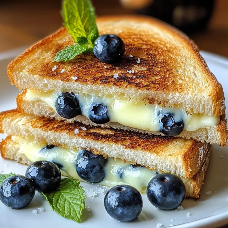 To make your Blueberry Grilled Cheese, you need a few key items: - 2 slices of brioche or sourdough bread - 2 tablespoons cream cheese, softened - 1/4 cup fresh blueberries - 1 teaspoon honey - 3/4 cup shredded mozzarella cheese - 1 tablespoon unsalted butter - Pinch of sea salt These ingredients bring together sweet and savory flavors for a unique sandwich. You can add some extra flair to your dish with these optional items: - Fresh mint leaves for garnish Mint adds a refreshing taste and a pop of color to your sandwich. For the best Blueberry Grilled Cheese, I recommend using brioche or sourdough bread. - Brioche: This bread is soft and buttery, making it rich and delightful. - Sourdough: This gives a nice tang and chewy texture, balancing the sweetness of blueberries. Both options work well to create a perfect crispy crust and a warm, gooey center. {{ingredient_image_1}} First, take a small bowl. Add 2 tablespoons of softened cream cheese. Then, mix in 1 teaspoon of honey. Stir until the mix is smooth and creamy. Grab 2 slices of brioche or sourdough bread. Spread the honey cream cheese on one side of each slice. On one slice, sprinkle 3/4 cup of shredded mozzarella cheese evenly. Next, add 1/4 cup of fresh blueberries on top of the cheese. Press the blueberries down gently. Place the other slice on top, cream cheese side down. Heat a skillet over medium heat. Add 1 tablespoon of unsalted butter and let it melt. Once the butter foams, place your sandwich in the skillet. Cook for 3-4 minutes until the bottom is golden brown. Carefully flip the sandwich and cook for another 3-4 minutes. The cheese should melt, and the bread will be golden. Remove the sandwich from the skillet and let it rest for a minute. Sprinkle a pinch of sea salt on top. If you like, add fresh mint leaves for a pop of color. To get the best melt from your cheese, use low to medium heat. High heat burns the bread before the cheese melts. Always cover the skillet with a lid. This traps heat and helps the cheese melt evenly. If you want extra ooze, mix different cheeses. Mozzarella and cheddar or gouda work well together. To keep your bread crispy, don’t overload the filling. Use just enough cheese and blueberries to hold the sandwich together. Make sure to toast the bread well in the skillet. Start with a hot pan and add butter just before cooking. A pinch of sea salt on the bread adds flavor and helps with texture. Serve your Blueberry Grilled Cheese with a side of fresh fruit. A light salad also makes a great match. Try adding a drizzle of balsamic glaze for a sweet touch. If you want a drink, a chilled glass of lemonade works well. For a twist, pair it with herbal tea or mint-infused water. Pro Tips Use Fresh Ingredients: Opt for fresh blueberries and high-quality bread for the best flavor and texture. Adjust Sweetness: Feel free to adjust the amount of honey based on your preference for sweetness. Perfectly Melted Cheese: Allow the sandwich to cook slowly on medium heat to ensure the cheese melts perfectly without burning the bread. Garnish for Presentation: Adding fresh mint leaves not only enhances flavor but also elevates the dish for a beautiful presentation. {{image_2}} You can play with flavors in many ways. Try adding slices of cooked bacon for a savory touch. The salty bacon pairs well with the sweet blueberries. You can also use balsamic glaze. Drizzle it on top after grilling. It adds a nice tangy flavor to the dish. Another great twist is using almond butter instead of cream cheese. This gives a nutty taste that mixes well with the blueberries. If you want a vegan version, swap cream cheese for vegan cream cheese. Use plant-based butter for cooking. For cheese, try vegan mozzarella or cashew cheese. Both options melt nicely and taste great with blueberries. You can also add nutritional yeast for a cheesy flavor without dairy. This keeps it creamy and delicious while being dairy-free. Mixing different cheeses can change the taste a lot. Try sharp cheddar for a bolder flavor. It contrasts well with the sweet blueberries. Goat cheese is another great choice. It has a creamy texture and a tangy taste. You can even mix mozzarella with gouda for a unique twist. Each cheese can bring its own flavor, making the dish even more exciting. To store your leftover Blueberry Grilled Cheese, wrap it tightly in foil or plastic wrap. You can also place it in an airtight container. This keeps the sandwich fresh and prevents it from drying out. Store it in the fridge for up to three days. If you want to keep it longer, consider freezing it. To reheat your sandwich, use a skillet on low heat. This helps keep the bread crispy while melting the cheese again. Cook it for about five minutes on each side. You can also use a microwave, but that may make the bread soft. If you choose the microwave, wrap it in a paper towel to absorb moisture. If you want to freeze the sandwich, wrap it well in foil or plastic before placing it in a freezer bag. It can stay frozen for up to a month. When you're ready to eat, thaw it in the fridge overnight. Then, reheat it using the skillet method for the best taste. This way, you can enjoy your Blueberry Grilled Cheese whenever you want! Yes, you can use frozen blueberries. They work well in this recipe. Just remember to thaw and drain them first. This helps avoid excess liquid that can make your sandwich soggy. Frozen blueberries may be softer, but they still add great flavor. You can mix it up with different cheeses. Cream cheese adds a nice tang. You might try goat cheese for a rich taste. Cheddar can give a sharp bite that pairs well with blueberries. Feel free to experiment with your favorites! Yes, you can make a gluten-free version. Just use gluten-free bread instead of brioche or sourdough. Many stores offer tasty options that work great in this recipe. Check the label to ensure it fits your diet. Enjoy your grilled cheese without worry! This blog post covered how to make a tasty Blueberry Grilled Cheese. We discussed main and optional ingredients, and shared tips for great flavor and texture. You learned important steps for preparation, cooking, and how to store leftovers properly. In conclusion, experimenting with different cheeses and flavors can elevate your dish. Don't hesitate to try variations that suit your taste. Enjoy your unique creation!