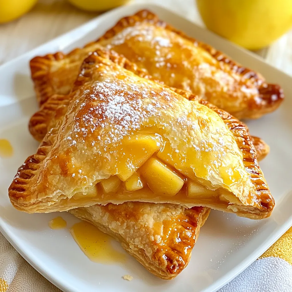 For these Air Fryer Apple Hand Pies, you will need a few simple ingredients. Here’s what you need: - 1 large apple (Granny Smith or Honeycrisp), peeled and diced - 1 tablespoon lemon juice - 1 tablespoon brown sugar - 1/2 teaspoon cinnamon - 1/4 teaspoon nutmeg (optional) - 1 tablespoon butter, melted - 1 package of pre-made pie crusts (2 crusts) - 1 egg, beaten (for egg wash) - 1 tablespoon granulated sugar (for topping) I love using Granny Smith or Honeycrisp apples for these pies. They are sweet and tart. This balance makes the filling tasty. You can also try Fuji or Gala apples for a sweeter option. If you want to cut down on sugar, you can use honey or maple syrup. These sweeteners add a unique flavor. Just adjust the amount to taste. Cinnamon is a must in this recipe. It adds warmth and depth. You can also add nutmeg for a cozy touch. If you like, try a pinch of allspice or ginger for extra flavor. {{ingredient_image_1}} To make the filling, start by mixing diced apple, lemon juice, brown sugar, cinnamon, and nutmeg in a bowl. This blend brings out the sweet and tart flavors. Toss the apple pieces until they are well coated. This step is key for flavor. For measuring, use a kitchen scale if you have one. It gives you the best accuracy. If not, use measuring spoons and cups. Always level off ingredients for precision, especially with sugar and spices. Next, roll out your pie crusts on a lightly floured surface. Use a rolling pin to get even thickness. Cut the dough into 4-inch circles with a cookie cutter or a glass. This gives you perfect shapes for your hand pies. Take half of the circles and spoon about a tablespoon of the apple mixture onto each one. Moisten the edges with beaten egg to help them stick. Fold the crust over to create a half-moon shape. Press the edges with a fork to seal them tightly. This prevents any filling from leaking out. Now, preheat your air fryer to 380°F (193°C). This step is important for even cooking. Let it preheat for about 5 minutes. Once ready, brush the tops of the hand pies with the remaining beaten egg. Sprinkle a little granulated sugar on top for a nice crunch. Place the hand pies in the air fryer basket in a single layer. Make sure they do not touch, or they won’t cook evenly. Cook the hand pies for 10-12 minutes. Flip them halfway through for even browning. They should be golden brown and crisp when done. Carefully remove them and let them cool a bit before serving. Enjoy your tasty treats! To get that golden, crispy top on your hand pies, use an egg wash. Beat one egg until smooth. Brush it on the tops of your pies before cooking. This gives them a nice shine and helps them brown well. You can also add sugar for extra crunch. Granulated sugar works best for this. Sprinkle it on top right after the egg wash. Powdered sugar is great for dusting after baking, but it won’t give the same crispiness. When cooking hand pies, size matters. Make sure they are all about the same size for even cooking. If you make some larger than others, they may cook at different rates. Avoid overcrowding the air fryer basket. If your pies touch, they won’t cook evenly. Cook in batches if needed. This way, each pie has enough space to get crispy and brown all around. Pro Tips Choose the Right Apple: For the best flavor and texture, use tart apples like Granny Smith or Honeycrisp, as they hold up well during cooking and provide a nice balance of sweetness. Seal the Edges Well: Make sure to press the edges firmly with a fork or your fingers to prevent the filling from leaking out during cooking. Don't Overcrowd the Air Fryer: Cook the hand pies in batches if necessary to ensure they have enough space to crisp up evenly without steaming. Experiment with Spices: Feel free to add a pinch of ginger or allspice to the apple filling for extra warmth and flavor that complements the cinnamon and nutmeg. {{image_2}} You can change up the flavor of your air fryer apple hand pies. Try adding other fruits or nuts for a twist. Peaches, pears, or cranberries work well with apples. You can also mix in chopped nuts like walnuts or pecans for crunch. Spices can make a big difference too! Besides cinnamon, you can try adding ginger, allspice, or cardamom. These spices can bring warmth and depth to your pies. Get creative and find the mix that you love! If you need a gluten-free option, look for pre-made gluten-free pie crusts. Many brands offer tasty choices that work great for hand pies. You can also make your own gluten-free crust using almond flour or a mix of gluten-free flours. For vegan alternatives, switch the butter with coconut oil or vegan butter. Instead of the egg wash, you can use a mixture of plant milk and a bit of maple syrup. This will give your pies a nice golden color while keeping them vegan-friendly. Enjoy exploring these options! To keep your apple hand pies fresh, store them in an airtight container. This helps prevent them from getting soggy. Let the pies cool completely before sealing them. If you plan to eat them later, you can store them in the fridge for up to three days. For longer storage, you can freeze the hand pies. Wrap each pie in plastic wrap, then place them in a freezer bag. They can last up to three months in the freezer. When you're ready to eat them, just thaw in the fridge overnight. To reheat the hand pies while keeping them crispy, the air fryer works best. Preheat your air fryer to 350°F (175°C). Place the hand pies in the basket and heat for about 5 minutes. This method ensures the crust stays crunchy. You can also use the oven. Preheat it to 350°F (175°C) and bake for about 10 minutes. Both methods bring back that fresh, warm texture. Enjoy your tasty treat! Yes, you can use frozen apple slices. First, thaw them in the fridge overnight. This helps keep them from being too watery. Once thawed, drain any extra liquid before mixing them with the lemon juice, brown sugar, and spices. This way, your filling stays tasty and not soggy. Making a simple pie crust is easy. Here’s a quick recipe: - 1 1/4 cups all-purpose flour - 1/2 teaspoon salt - 1/2 cup unsalted butter (chilled and diced) - 3 to 4 tablespoons ice water 1. In a bowl, mix the flour and salt. 2. Add the butter and mix until it looks like coarse crumbs. 3. Stir in the ice water, one tablespoon at a time, until the dough forms a ball. 4. Wrap the dough in plastic wrap and chill for at least 30 minutes before rolling out. This crust works well for your hand pies and adds a homemade touch. Serve your hand pies warm for the best taste. You can dust them with powdered sugar for a sweet touch. A scoop of vanilla ice cream on the side makes it even better. You can also drizzle caramel sauce over them for added flavor. Enjoy experimenting with these options! This blog post covered everything you need for delicious Air Fryer Apple Hand Pies. We explored fresh apple varieties, sweeteners, and spices for the filling. You learned how to prepare the filling, create the pies, and cook them perfectly in an air fryer. Tips helped ensure crispiness and even cooking. I shared various flavors and dietary options to try. Finally, we discussed storage and reheating for the best taste. Enjoy making these hand pies; they are fun and tasty treats!