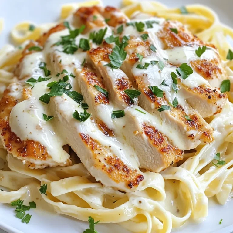 - 2 boneless, skinless chicken breasts - 8 oz fettuccine pasta - 1 tablespoon olive oil - 4 cloves garlic, minced - 1 teaspoon red pepper flakes (optional) - 1 cup heavy cream - 1 cup grated Parmesan cheese - Salt and pepper to taste - Fresh parsley, chopped (for garnish) For this dish, I love using boneless, skinless chicken breasts. They cook fast and stay juicy. Fettuccine pasta works great because it holds onto the sauce well. I add a tablespoon of olive oil to keep the chicken from sticking. Minced garlic adds a rich flavor. If you like a little heat, try red pepper flakes. The creamy sauce comes from heavy cream and grated Parmesan cheese. These ingredients make the dish rich and cheesy. I always season with salt and pepper. Fresh parsley is a must for garnish. It adds color and a nice fresh flavor. Each ingredient plays a key role in making this Garlic Parmesan Chicken and Pasta a favorite family meal. {{ingredient_image_1}} To cook fettuccine pasta, boil a large pot of water. Add a pinch of salt for flavor. Cook the pasta according to the package instructions until it's al dente. This usually takes about 8-10 minutes. Once cooked, drain the pasta but save 1/2 cup of the pasta water. This starchy water helps the sauce stick later. Start by seasoning the chicken breasts with salt and pepper. Heat 1 tablespoon of olive oil in a large skillet over medium heat. Add the chicken breasts and cook for 6-7 minutes on each side. Look for a golden brown color and make sure they are cooked through. After cooking, let the chicken rest for a few minutes. This makes it juicy. Slice the chicken into strips before adding it to the pasta. In the same skillet, lower the heat. Add 4 cloves of minced garlic and 1 teaspoon of red pepper flakes if you like heat. Sauté for about 1 minute. Be careful not to burn the garlic; it should smell great! Next, pour in 1 cup of heavy cream and stir. Bring it to a gentle simmer. Add in 1 cup of grated Parmesan cheese. Stir until it melts into a creamy sauce. If it feels too thick, add a little of that reserved pasta water. Now, it's time to combine everything! Add the cooked fettuccine to the skillet with the sauce. Toss it well to coat each noodle. Finally, stir in the sliced chicken. Mix everything until it’s combined. Taste it, and if needed, add more salt and pepper. Serve hot, and sprinkle with chopped fresh parsley for a bright finish. Enjoy your meal! To make your dish shine, avoid overcooked garlic. Cooking garlic too long makes it bitter. Sauté it just until it turns golden and fragrant. This takes about one minute on low heat. If you see it browning, remove it right away. For the best sauce consistency, start with heavy cream. When you mix in the Parmesan cheese, stir until it melts. If the sauce feels too thick, add a little reserved pasta water. This will help reach your desired creaminess without losing flavor. Meal prepping chicken and pasta can save you time. Cook your chicken breasts ahead of time and store them in the fridge. You can also boil the pasta a day in advance. Just make sure to toss it with a little olive oil to keep it from sticking. For quick cooking methods, use a pressure cooker or an Instant Pot. These tools can cook chicken fast. You can have your meal ready in under 30 minutes, making busy weeknights manageable. For this recipe, use a large skillet. A non-stick skillet works best for easy cleanup. You will also need a pot for boiling the pasta. A good knife and cutting board are must-haves for slicing the chicken. Consider getting a garlic press. It makes mincing garlic easy and fast. A measuring cup for the cream and cheese is also helpful. These tools will streamline your preparation and help you create a delicious meal. Pro Tips Use Fresh Garlic: Freshly minced garlic provides a more vibrant flavor compared to pre-minced options, enhancing the overall taste of your dish. Adjust Creaminess: If the sauce is too thick, gradually add reserved pasta water until you achieve your desired consistency without compromising flavor. Perfectly Cooked Chicken: Ensure the chicken is cooked to an internal temperature of 165°F (75°C) for safety and tenderness, and let it rest before slicing. Garnish for Flavor: Fresh parsley not only adds a pop of color but also a fresh taste that can elevate the dish, so don't skip this step! {{image_2}} You can swap chicken for shrimp or tofu. Shrimp cooks fast and adds a nice flavor. Tofu is a great choice for a vegetarian meal. Both options work well with garlic and cream. For the heavy cream, you can use half-and-half or cashew cream. These alternatives still give a rich texture. If you want less cheese, try using nutritional yeast. It adds a cheesy taste without dairy. Add vegetables to boost nutrition and flavor. Spinach or broccoli are perfect choices. They cook quickly and add color to your dish. You can sauté them with the garlic for a tasty mix. If you like heat, adjust the spice level. Use different peppers like jalapeños or red pepper flakes. This change makes the dish pop and suits your taste. Serve garlic Parmesan chicken over rice or zucchini noodles for a twist. Rice adds a nice base, while zucchini noodles keep it light. Both options pair well with the creamy sauce. You can choose family-style servings or individual plates. Family-style is fun for shared meals. Individual plates can make dinner feel special. Choose what fits your dining style! To store leftovers of garlic Parmesan chicken and pasta, follow these steps: - Cool down: Let the dish cool to room temperature. - Use airtight containers: Place the chicken and pasta in airtight containers. - Refrigerate: Store in the fridge for up to 3 days. This will help keep it fresh. If you want to keep it longer, consider freezing it. In the freezer, it can last up to 3 months. Just remember to label your container with the date. When reheating garlic Parmesan chicken and pasta, keep these tips in mind: - Stovetop method: Place the dish in a skillet over low heat. - Add liquid: Pour in a splash of heavy cream or pasta water. This keeps the sauce creamy. Stir gently until heated through. You can also use the microwave: - Microwave method: Place in a microwave-safe dish. Cover it to prevent drying out. Heat in short intervals, stirring in between. By refreshing the sauce with a bit of liquid, you help restore its smooth texture. Enjoy your meal again! Yes, you can make this dish ahead. Cook the chicken and pasta first. Store them separately in the fridge. This keeps the pasta from getting mushy. You can also prepare the sauce ahead of time. Just reheat it gently when you are ready to serve. To save time, chop the garlic and measure the cheese in advance. This way, your busy week becomes easier. You can easily make this dish gluten-free. Just swap the fettuccine for gluten-free pasta. There are many good brands available now. Look for ones made from rice or chickpeas. These options are tasty and cook well. Always check the package for cooking times, as they may differ from regular pasta. Absolutely! Adding veggies makes your meal healthier. You can toss in spinach, broccoli, or bell peppers. Sauté the veggies with garlic before adding the cream. This way, they stay crisp and colorful. You can also add peas or cherry tomatoes for a sweet bite. Choose your favorites to make it your own. If you need a cheese swap, try these options. Nutritional yeast gives a cheesy flavor without dairy. For a non-dairy option, use cashew cheese. It blends well into the sauce. You can also use pecorino Romano or Grana Padano as substitutes. These cheeses have a similar taste and texture. This blog post covers how to make Garlic Parmesan Chicken and Pasta, step by step. We reviewed key ingredients, cooking methods, and tips for a great meal. You learned about variations, storage, and reheating. In the end, you can make a delicious dish while saving time. Don't hesitate to try your own twists. Cooking should be fun and tasty. Enjoy your kitchen adventure!