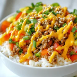 - 1 pound ground turkey - 2 tablespoons olive oil - 1 tablespoon minced garlic - 1 tablespoon minced ginger - 1 red bell pepper, diced - 1 cup shredded carrots - 2 green onions, chopped - 1 cup cooked rice (white or brown) - 1/4 cup mayonnaise - 2 tablespoons sriracha sauce (adjust to taste) - 1 tablespoon soy sauce - Salt and pepper to taste - Optional toppings: sesame seeds, fresh cilantro To create Bang Bang Ground Turkey Bowls, you need simple ingredients. Ground turkey gives a lean base. Olive oil adds richness and helps cook the meat. Minced garlic and ginger bring a fresh, bold flavor. For vegetables, use a red bell pepper for sweetness, shredded carrots for crunch, and green onions for a pop of color. Cooked rice serves as the hearty base for the bowl. The star of the dish is the Bang Bang sauce. Mix mayonnaise, sriracha sauce, and soy sauce for a spicy kick. Adjust the sriracha to your taste if you like it hotter. You can garnish the bowls with sesame seeds or fresh cilantro for extra flavor and a nice look. This meal is not just tasty; it is also colorful and fun to eat! {{ingredient_image_1}} 1. Heat olive oil in the skillet. Start by pouring 2 tablespoons of olive oil into a large skillet. Set the heat to medium. This oil will help cook the turkey and add flavor. 2. Saut&eacute; garlic and ginger. Add 1 tablespoon of minced garlic and 1 tablespoon of minced ginger to the skillet. Stir them for 1 to 2 minutes. You want them fragrant but not burnt. 3. Cook ground turkey until browned. Next, add 1 pound of ground turkey. Season with salt and pepper. Cook it for about 5 to 7 minutes. Break it apart with a spatula until it&rsquo;s fully cooked and browned. 1. Add vegetables to the turkey mixture. Once the turkey is ready, add 1 diced red bell pepper and 1 cup of shredded carrots to the skillet. Stir and cook for another 3 to 4 minutes. The veggies should be tender but still bright. 2. Mix bang bang sauce ingredients. In a small bowl, blend together 1/4 cup of mayonnaise, 2 tablespoons of sriracha sauce, and 1 tablespoon of soy sauce. This will create your bang bang sauce. Adjust the heat by adding more sriracha if you like it spicy. 1. Drizzle sauce over the mixture. Remove the skillet from heat. Drizzle a few tablespoons of the bang bang sauce over the turkey and veggie mix. Stir it well to combine. Save some sauce for later. 2. Serve in bowls with rice. To serve, scoop cooked rice into bowls. Top with the turkey and vegetable mixture. Drizzle with more bang bang sauce. Add chopped green onions, sesame seeds, or fresh cilantro if you want extra flavor and color. Enjoy your tasty Bang Bang Ground Turkey Bowls! To cook ground turkey well, start with medium heat. This keeps the meat juicy. Stir it often to break it apart. It should be brown and fully cooked in about 5-7 minutes. If you like more heat, add sriracha. Start with a small amount, then taste. You can always add more if you want it spicier. Fresh herbs, like cilantro or green onions, give a fresh taste. Add them right before serving for the best flavor. Garnishing makes your dish pop. Top your bowls with sesame seeds and chopped green onions. Fresh cilantro also adds a nice touch. For meal prep, use clear containers. This lets you see the colorful layers. Serve the turkey and veggies over rice for a complete meal. Drizzle some extra bang bang sauce on top for added flavor. Pro Tips Use Lean Turkey: Opt for lean ground turkey to keep the dish healthier while still maintaining flavor. Customize the Spice: Adjust the amount of sriracha sauce to control the heat level according to your preference. Make it Colorful: Feel free to add other colorful veggies like snap peas or zucchini for added nutrition and visual appeal. Batch Cooking: Prepare a larger batch and freeze leftovers for a quick meal option on busy days. {{image_2}} You can swap ground turkey for other meats. Chicken or beef works well. Each option has a unique flavor. You can also change the vegetables. Try adding broccoli or snap peas for variety. These swaps keep the dish fresh and exciting. If you need a gluten-free meal, use gluten-free soy sauce. This small change keeps the flavor without gluten. For a vegetarian option, use plant-based meat. It gives a similar taste and texture. Both options let you enjoy this dish while meeting your needs. To keep your Bang Bang Ground Turkey Bowls fresh, follow these steps: - Refrigeration: Store leftovers in the fridge within two hours of cooking. This keeps bacteria away. - Containers: Use airtight containers to store your meal. Glass or plastic containers work well. They prevent spills and keep food fresh. When you&rsquo;re ready to enjoy your leftovers, here&rsquo;s how to reheat them: - Microwave: Place your food in a microwave-safe dish. Heat in one-minute intervals until hot. Stir in between to heat evenly. - Stovetop: Heat in a skillet over medium heat. Stir often for about 5-7 minutes until it warms through. Enjoy your leftovers within three to four days for the best taste! It takes about 10 minutes to prep and 15 minutes to cook. In total, you need around 25 minutes. This quick time makes it perfect for busy nights. Yes, you can prepare the Bang Bang sauce ahead. Mix mayonnaise, sriracha, and soy sauce in a bowl. Store it in the fridge for up to a week in an airtight container. Just give it a stir before using. You can serve many tasty sides with these bowls. Here are a few ideas: - Steamed broccoli - Roasted sweet potatoes - Saut&eacute;ed green beans - A fresh salad These sides will make your meal complete and delicious! This post shared a simple way to make Bang Bang Ground Turkey Bowls. We covered the main ingredients, from turkey to colorful veggies and zingy sauce. You learned how to cook and combine everything step by step. I offered tips for flavor and presentation, plus ways to swap ingredients based on your needs. In the end, these bowls are not just tasty; they are also flexible and quick. Enjoy this dish your way and make it your own!