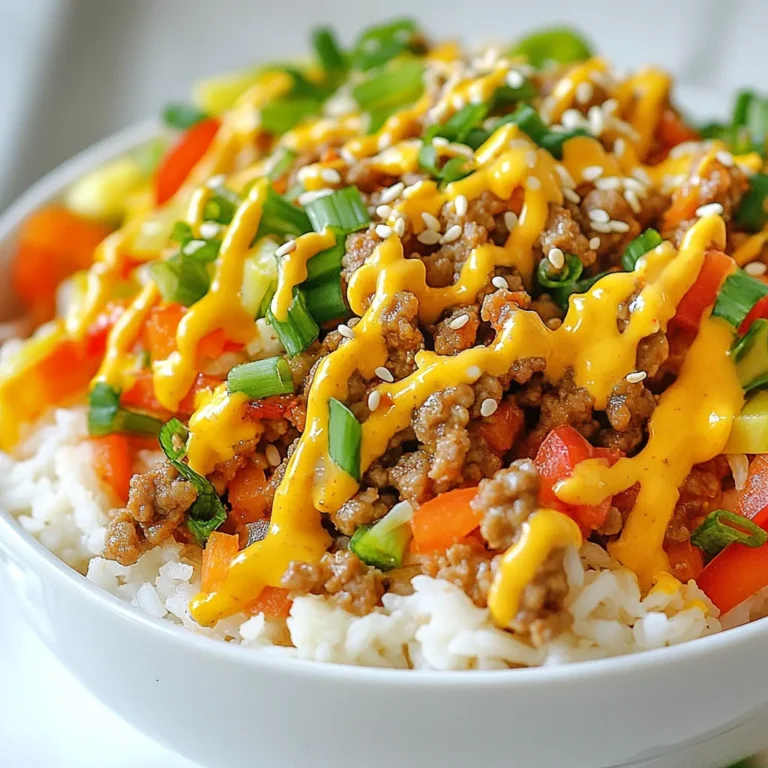 - 1 pound ground turkey - 2 tablespoons olive oil - 1 tablespoon minced garlic - 1 tablespoon minced ginger - 1 red bell pepper, diced - 1 cup shredded carrots - 2 green onions, chopped - 1 cup cooked rice (white or brown) - 1/4 cup mayonnaise - 2 tablespoons sriracha sauce (adjust to taste) - 1 tablespoon soy sauce - Salt and pepper to taste - Optional toppings: sesame seeds, fresh cilantro To create Bang Bang Ground Turkey Bowls, you need simple ingredients. Ground turkey gives a lean base. Olive oil adds richness and helps cook the meat. Minced garlic and ginger bring a fresh, bold flavor. For vegetables, use a red bell pepper for sweetness, shredded carrots for crunch, and green onions for a pop of color. Cooked rice serves as the hearty base for the bowl. The star of the dish is the Bang Bang sauce. Mix mayonnaise, sriracha sauce, and soy sauce for a spicy kick. Adjust the sriracha to your taste if you like it hotter. You can garnish the bowls with sesame seeds or fresh cilantro for extra flavor and a nice look. This meal is not just tasty; it is also colorful and fun to eat! {{ingredient_image_1}} 1. Heat olive oil in the skillet. Start by pouring 2 tablespoons of olive oil into a large skillet. Set the heat to medium. This oil will help cook the turkey and add flavor. 2. Sauté garlic and ginger. Add 1 tablespoon of minced garlic and 1 tablespoon of minced ginger to the skillet. Stir them for 1 to 2 minutes. You want them fragrant but not burnt. 3. Cook ground turkey until browned. Next, add 1 pound of ground turkey. Season with salt and pepper. Cook it for about 5 to 7 minutes. Break it apart with a spatula until it’s fully cooked and browned. 1. Add vegetables to the turkey mixture. Once the turkey is ready, add 1 diced red bell pepper and 1 cup of shredded carrots to the skillet. Stir and cook for another 3 to 4 minutes. The veggies should be tender but still bright. 2. Mix bang bang sauce ingredients. In a small bowl, blend together 1/4 cup of mayonnaise, 2 tablespoons of sriracha sauce, and 1 tablespoon of soy sauce. This will create your bang bang sauce. Adjust the heat by adding more sriracha if you like it spicy. 1. Drizzle sauce over the mixture. Remove the skillet from heat. Drizzle a few tablespoons of the bang bang sauce over the turkey and veggie mix. Stir it well to combine. Save some sauce for later. 2. Serve in bowls with rice. To serve, scoop cooked rice into bowls. Top with the turkey and vegetable mixture. Drizzle with more bang bang sauce. Add chopped green onions, sesame seeds, or fresh cilantro if you want extra flavor and color. Enjoy your tasty Bang Bang Ground Turkey Bowls! To cook ground turkey well, start with medium heat. This keeps the meat juicy. Stir it often to break it apart. It should be brown and fully cooked in about 5-7 minutes. If you like more heat, add sriracha. Start with a small amount, then taste. You can always add more if you want it spicier. Fresh herbs, like cilantro or green onions, give a fresh taste. Add them right before serving for the best flavor. Garnishing makes your dish pop. Top your bowls with sesame seeds and chopped green onions. Fresh cilantro also adds a nice touch. For meal prep, use clear containers. This lets you see the colorful layers. Serve the turkey and veggies over rice for a complete meal. Drizzle some extra bang bang sauce on top for added flavor. Pro Tips Use Lean Turkey: Opt for lean ground turkey to keep the dish healthier while still maintaining flavor. Customize the Spice: Adjust the amount of sriracha sauce to control the heat level according to your preference. Make it Colorful: Feel free to add other colorful veggies like snap peas or zucchini for added nutrition and visual appeal. Batch Cooking: Prepare a larger batch and freeze leftovers for a quick meal option on busy days. {{image_2}} You can swap ground turkey for other meats. Chicken or beef works well. Each option has a unique flavor. You can also change the vegetables. Try adding broccoli or snap peas for variety. These swaps keep the dish fresh and exciting. If you need a gluten-free meal, use gluten-free soy sauce. This small change keeps the flavor without gluten. For a vegetarian option, use plant-based meat. It gives a similar taste and texture. Both options let you enjoy this dish while meeting your needs. To keep your Bang Bang Ground Turkey Bowls fresh, follow these steps: - Refrigeration: Store leftovers in the fridge within two hours of cooking. This keeps bacteria away. - Containers: Use airtight containers to store your meal. Glass or plastic containers work well. They prevent spills and keep food fresh. When you’re ready to enjoy your leftovers, here’s how to reheat them: - Microwave: Place your food in a microwave-safe dish. Heat in one-minute intervals until hot. Stir in between to heat evenly. - Stovetop: Heat in a skillet over medium heat. Stir often for about 5-7 minutes until it warms through. Enjoy your leftovers within three to four days for the best taste! It takes about 10 minutes to prep and 15 minutes to cook. In total, you need around 25 minutes. This quick time makes it perfect for busy nights. Yes, you can prepare the Bang Bang sauce ahead. Mix mayonnaise, sriracha, and soy sauce in a bowl. Store it in the fridge for up to a week in an airtight container. Just give it a stir before using. You can serve many tasty sides with these bowls. Here are a few ideas: - Steamed broccoli - Roasted sweet potatoes - Sautéed green beans - A fresh salad These sides will make your meal complete and delicious! This post shared a simple way to make Bang Bang Ground Turkey Bowls. We covered the main ingredients, from turkey to colorful veggies and zingy sauce. You learned how to cook and combine everything step by step. I offered tips for flavor and presentation, plus ways to swap ingredients based on your needs. In the end, these bowls are not just tasty; they are also flexible and quick. Enjoy this dish your way and make it your own!