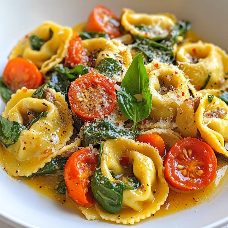 To make Garlic Butter Beef Tortellini, you need the following ingredients: - 12 oz beef tortellini (fresh or frozen) - 4 tablespoons unsalted butter - 4 cloves garlic, minced - 1 teaspoon red pepper flakes - 1 cup cherry tomatoes, halved - 1 cup spinach leaves, packed - Salt and pepper to taste - 1/4 cup grated Parmesan cheese - Fresh basil leaves for garnish Having the right ingredients is key to a great dish. Start with fresh beef tortellini for the best taste. If you can’t find fresh, frozen works just fine. Unsalted butter gives a rich flavor without added salt. Garlic adds depth, while red pepper flakes bring a little heat. Cherry tomatoes add sweetness and color. Spinach gives a healthy boost and brightens the dish. Seasoning with salt and pepper allows you to tailor the flavor to your liking. Finally, Parmesan cheese adds creaminess and umami. Fresh basil leaves not only look nice but add a fresh aroma. Gather all these ingredients before starting. It makes cooking easier and more fun. You can even prep some items in advance, like chopping garlic and halving tomatoes. This dish is simple, but using fresh, quality ingredients makes it shine. {{ingredient_image_1}} How to boil beef tortellini First, fill a large pot with water. Add a pinch of salt. Bring the water to a rolling boil. Once boiling, add the beef tortellini. Cook them according to the package instructions. Usually, it takes about 3-5 minutes for fresh tortellini. If using frozen, it may take a few extra minutes. Test one tortellini to see if it is tender. Timing your cooking Timing is key. Start boiling the water while you gather your ingredients. Once the water boils, add the tortellini. This way, everything stays hot and fresh. While the tortellini cooks, you can prepare your garlic butter sauce. Melting the butter In a large skillet, add four tablespoons of unsalted butter. Heat the skillet on medium heat. Wait for the butter to melt completely. You will see it bubbling. This means it’s ready for the next step. Sautéing garlic and red pepper flakes Add four minced garlic cloves and one teaspoon of red pepper flakes to the melted butter. Stir the mixture gently for about 1-2 minutes. You want the garlic to become fragrant but not browned. A light golden color is perfect. Incorporating tomatoes and spinach Next, add one cup of halved cherry tomatoes to the skillet. Stir them in for 3-4 minutes. You want the tomatoes to soften slightly. After that, add one cup of packed spinach leaves. Stir until the spinach wilts, which takes about one minute. Mixing everything together Now, it’s time to combine everything. Drain the tortellini and add it to the skillet. Gently toss the tortellini with the garlic butter sauce and veggies. Season with salt and pepper to taste. Finally, sprinkle 1/4 cup of grated Parmesan cheese on top. Stir gently one last time to mix everything. Your dish is now ready to serve! To make the best garlic butter beef tortellini, you need to adjust spice levels. If you like heat, add more red pepper flakes. If not, use less or skip them. Taste as you cook. That way, you find the right balance. The texture of the tortellini is key. You want it al dente, which means firm but not hard. Follow the package instructions for cooking time. Check it a minute or two before the time is up. This way, you avoid overcooking. Not a fan of beef tortellini? No problem! You can use cheese or vegetable tortellini instead. These options still work well with the garlic butter sauce. If you want to change up your greens or tomatoes, try kale or arugula. They add a unique taste. For tomatoes, use diced or canned ones if fresh is not available. Just remember to adjust the cooking time for softer tomatoes. For sides, a simple green salad or garlic bread pairs well with this dish. You can also serve it with a glass of white wine for added flavor. When plating, keep it simple yet elegant. Use a large bowl and add a swirl of tortellini in the center. Top it with fresh basil and a sprinkle of Parmesan. This not only looks great but also makes the dish more inviting. Pro Tips Perfect Tortellini Texture: Ensure you cook the tortellini until al dente for the best texture. This prevents them from becoming mushy when mixed with the sauce. Garlic Sautéing: Be careful not to overcook the garlic; it should be fragrant but not browned to avoid a bitter taste in the dish. Fresh Ingredients: Using fresh spinach and ripe cherry tomatoes enhances the flavor and overall presentation of the dish. Cheese Variation: Try different types of cheese like Pecorino Romano or a sprinkle of feta for a unique twist on the classic dish. {{image_2}} You can easily make this dish vegetarian by swapping beef tortellini for vegetable tortellini. This change keeps the dish lively and tasty. You will still enjoy the rich garlic butter flavor paired with fresh veggies. The cherry tomatoes and spinach provide great texture and color. For a vegan version, simply use plant-based butter and cheese alternatives. There are many good brands of vegan butter and cheese. They melt well and add creaminess. Make sure to check labels for hidden dairy. This adaptation allows everyone to enjoy the dish without animal products. If you want more protein, add chicken, shrimp, or sausage. Cook the protein separately and then mix it in with the tortellini. Chicken breast works well when grilled or sautéed. Shrimp cooks quickly and adds a seafood twist. Sausage can bring bold flavors to the dish. Choose your favorite to customize your meal! To keep your garlic butter beef tortellini fresh, follow these steps: - Refrigeration: Place leftovers in an airtight container. They will stay good for about 3 to 4 days in the fridge. Make sure to let it cool down before sealing. - Freezing: For longer storage, freeze the tortellini. Use a freezer-safe container or bag. It can last up to 3 months. Just remember to label it with the date. When it’s time to enjoy your leftovers, reheating correctly is key. Here are the best methods: - Stovetop: Heat a pan over medium heat. Add a splash of water or broth to prevent sticking. Stir frequently until heated through. - Microwave: Place the tortellini in a microwave-safe dish. Add a little water to keep it moist. Cover with a lid or a microwave-safe wrap. Heat in short bursts, stirring in between, until hot. These methods help maintain the flavor and texture of your delicious meal. Enjoy every bite again! Yes, you can use frozen tortellini. Just follow these tips: - Cooking Time: Frozen tortellini needs a bit more time than fresh. Boil it for about 2-3 minutes longer. - Boiling Water: Make sure the water is at a rolling boil before adding the frozen tortellini. - Stirring: Stir gently to prevent sticking. This helps them cook evenly. Using frozen tortellini is easy and quick. It adds convenience to your meal prep! You can easily spice up the dish. Here are some ideas: - Red Pepper Flakes: Add more flakes for extra heat. Start with an extra half teaspoon. - Chili Powder: Try a small amount of chili powder in the garlic butter for warmth. - Hot Sauce: Drizzle your favorite hot sauce over the finished dish for a kick. Adjust the spices to fit your taste. Enjoy your spicy garlic butter beef tortellini! Absolutely! This dish works great for meal prep. Here are some tips: - Cook in Batches: Make a large batch to save time. Store portions in airtight containers. - Keep Sauces Separate: If you want the best texture, store the tortellini and sauce separately. - Refrigerate or Freeze: You can keep the meal in the fridge for up to three days or freeze it for longer. Meal prepping garlic butter beef tortellini makes for easy, tasty meals throughout the week! This post covered a tasty tortellini dish, from ingredients to serving ideas. With fresh beef tortellini, garlic butter, and colorful veggies, you can create a delightful meal. Remember, you can easily tweak spice levels and substitute ingredients to fit your tastes. This recipe is also versatile; try vegetarian or vegan options. Storing leftovers properly allows you to enjoy this meal later. Cook, enjoy, and share this dish with friends or family. You now have all the tools to impress anyone at your table.