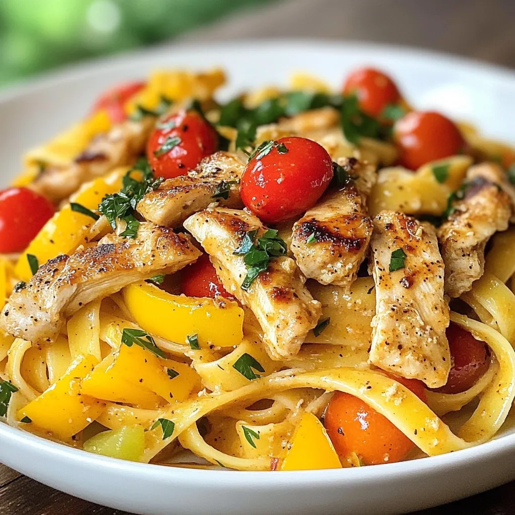 To make Cajun Chicken Pasta, you need a few key ingredients. Here’s what you will need: - 2 boneless, skinless chicken breasts - 2 tablespoons Cajun seasoning - 2 tablespoons olive oil - 1 bell pepper (red or yellow) - 1 small onion - 3 cloves garlic - 8 ounces fettuccine or penne pasta - 1 cup heavy cream - 1 cup chicken broth - 1 cup cherry tomatoes - 1 teaspoon smoked paprika - Salt and pepper - Fresh parsley - Grated Parmesan cheese (optional) These ingredients create a rich and tasty dish. The Cajun seasoning adds a nice kick. The cream makes the sauce smooth and creamy. You can choose your favorite pasta type. I love using fettuccine, but penne works great too. Fresh parsley adds color and flavor. If you like cheese, sprinkle some Parmesan on top for extra taste. Each ingredient plays a role in making this dish special. {{ingredient_image_1}} To start, fill a large pot with water and add a pinch of salt. Bring the water to a rolling boil. This should take about 5-7 minutes. Once boiling, gently add the fettuccine or penne pasta. Cook it according to the package instructions until it is al dente. This usually takes around 8-10 minutes. When done, drain the pasta. Remember to save half a cup of pasta water. This water helps make the sauce smooth later. Next, take your chicken breasts and slice them into strips. In a mixing bowl, add the chicken strips. Sprinkle on the Cajun seasoning and mix well. Make sure every piece is coated evenly. This seasoning brings the bold flavors of Cajun cooking to your dish. Now, heat 2 tablespoons of olive oil in a large skillet over medium-high heat. Once the oil is hot, add the seasoned chicken strips. Cook them for about 5-7 minutes. You want them golden brown and fully cooked. After that, remove the chicken and set it aside. In the same skillet, add the chopped onion, sliced bell pepper, and minced garlic. Sauté these for 4-5 minutes until they become tender and fragrant. To make the sauce, pour in 1 cup of chicken broth and 1 cup of heavy cream into the skillet. Stir the mixture well. Add 1 teaspoon of smoked paprika, along with salt and pepper to taste. Allow the sauce to simmer gently for about 3-4 minutes. This helps it thicken and develop flavor. Now, return the cooked chicken to the skillet. Add in the halved cherry tomatoes and stir everything together. If the sauce seems too thick, add a bit of the reserved pasta water until you like the texture. Once combined, toss in the cooked pasta. Let it heat for 2 minutes so all the flavors can blend. When serving, divide the pasta onto plates. For a fresh touch, sprinkle chopped parsley on top. If you like, add grated Parmesan cheese for extra flavor. This adds a nice finish to your dish. Enjoy your Cajun Chicken Pasta! The best types of pasta for Cajun Chicken Pasta are fettuccine or penne. Fettuccine holds the creamy sauce well. Penne, with its tube shape, captures the sauce inside. You can experiment with other shapes too. Just ensure the pasta is hearty enough to stand up to the bold flavors. To modify the heat, you can adjust the Cajun seasoning. For less spice, use one tablespoon instead of two. You can also add dairy, like cream or cheese, to cool it down. If you want more heat, add a pinch of cayenne pepper or red pepper flakes. Taste as you go to find your perfect balance. To lighten the dish, swap out heavy cream for Greek yogurt or coconut milk. You can also use whole wheat pasta instead of regular pasta. For a low-carb option, try zucchini noodles or spaghetti squash. These swaps can keep the dish tasty while lowering calories and fat. Pro Tips Choose Your Pasta Wisely: Opt for fettuccine for a creamy texture that clings to the sauce, or use penne for a delightful bite that captures the flavors in every tube. Homemade Cajun Seasoning: For a personalized kick, consider making your own Cajun seasoning using paprika, cayenne pepper, garlic powder, and oregano for a fresh and vibrant flavor. Don't Skip the Resting: Allow the cooked chicken to rest for a few minutes before slicing to retain its juices, ensuring each bite is tender and flavorful. Garnish for Extra Flavor: Fresh parsley not only adds color but also enhances the dish's flavor. A sprinkle of lemon zest can brighten the meal further. {{image_2}} To make Cajun Chicken Pasta vegetarian, swap the chicken for veggies. You can use mushrooms, zucchini, or even eggplant. These add great texture and flavor. For protein, try using tofu or tempeh. Just season them with Cajun spice before cooking. This keeps the dish hearty and satisfying. You can change the sauce to fit your taste. For a tomato-based version, use crushed tomatoes or marinara instead of cream. This makes a lighter dish with a fresh taste. If you prefer a pesto twist, add basil pesto to the cream sauce. This gives a bright, herby flavor that pairs well with the Cajun spices. If you want more protein, shrimp or sausage are great choices. For shrimp, sauté them in olive oil until they turn pink. Add them to the pasta at the end. If you like sausage, use smoked or andouille sausage. Slice it and cook with the chicken for a flavorful kick. Both options add depth to your dish. Store your Cajun Chicken Pasta in an airtight container. Make sure to cool it first. Place it in the fridge. It can last up to three days. Keep the chicken and pasta mixed well with the sauce. This will help maintain flavor and moisture. To reheat, use a skillet on low heat. Add a splash of chicken broth or cream. Stir gently to avoid burning. Heat until warm, but not too hot. If you use a microwave, cover it with a lid. This keeps moisture in and prevents drying out. You can freeze Cajun Chicken Pasta for up to three months. Make sure it’s in a freezer-safe container. Allow it to cool before sealing. When you’re ready to eat, thaw it overnight in the fridge. Reheat as needed, adding a bit more cream or broth for a creamy texture. Cajun Chicken Pasta is a creamy pasta dish. It features juicy chicken strips and Cajun spices. The sauce combines chicken broth and heavy cream. Fresh vegetables add color and flavor. It’s a hearty meal that’s easy to make. To add more heat, use extra Cajun seasoning. You can also add crushed red pepper flakes. Chopped jalapeños bring a nice kick too. If you like it really hot, try a spicy hot sauce. Just add a little at a time to control the heat. Yes, you can use shrimp, sausage, or turkey. Shrimp cooks quickly and pairs well with the sauce. Chicken sausage offers a leaner option with great flavor. For a twist, try smoked sausage for a smoky taste. Each meat gives a unique flavor to the dish. This dish goes well with garlic bread or a fresh salad. A simple Caesar salad complements the creamy pasta nicely. You can also serve it with steamed vegetables for added nutrition. A glass of white wine pairs well with the flavors too. Cajun Chicken Pasta lasts about 3-4 days in the fridge. Store it in an airtight container. Make sure it cools down before putting it away. Reheat it on low heat to keep it creamy. Add a splash of broth or cream if it seems dry. Cajun Chicken Pasta combines flavors and textures for a delightful meal. We covered ingredients, step-by-step cooking, and tips for success. Remember, you can tweak spice levels and make it your own. Whether you prefer it creamy or light, this dish is versatile. Feel proud of your creation! Share it with friends or keep it for yourself. Enjoy every bite and explore different variations as you go. Happy cooking!