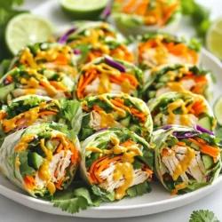 - 2 cups cooked chicken breast, shredded - 1 cup red cabbage, thinly sliced - 1 carrot, julienned - 1 cucumber, julienned - 1 bell pepper (any color), thinly sliced - ½ cup fresh cilantro, chopped - 4 large whole wheat tortillas or lettuce leaves To make Thai Peanut Chicken Wraps, gather these main ingredients first. Cooked chicken breast is your protein. Shred it to mix well. Fresh vegetables add crunch and color. Red cabbage, carrot, cucumber, and bell pepper bring a tasty crunch. Use whole wheat tortillas or lettuce leaves for wrapping. They hold all the goodness inside. - Store-bought vs. homemade - Ingredients for a homemade peanut sauce You can use store-bought peanut sauce for ease. It saves time and tastes great. If you prefer homemade, here’s what you need: peanut butter, soy sauce, lime juice, and honey. Mix these to create a rich, creamy sauce. Adjust the flavors to your liking. Homemade sauce might be a bit more work, but it pays off. - Lime juice - Fresh cilantro - Salt and pepper Lime juice adds a zesty kick. It brightens the flavors in your wraps. Fresh cilantro gives a fresh taste. It's a must for anyone who loves its flavor. Don’t forget salt and pepper. They balance the dish and enhance the taste. Add these ingredients generously to make your wraps pop. {{ingredient_image_1}} First, you need to shred the cooked chicken. Use two forks to pull it apart easily. This makes the chicken nice and fluffy. Next, prepare your veggies. Thinly slice the red cabbage and bell pepper. Julienning the carrot and cucumber adds a nice crunch. In a mixing bowl, combine all your ingredients. Add the shredded chicken, cabbage, carrot, cucumber, and bell pepper. Toss in chopped cilantro for a fresh flavor. Drizzle lime juice over the mix. Season with salt and pepper. Gently mix everything together until well combined. This is the filling for your wraps. Grab a large whole wheat tortilla or a lettuce leaf. Spread about one tablespoon of peanut sauce on it. This sauce adds a rich, nutty taste. Now, take a generous scoop of the chicken and veggie mix. Place it in the center of the wrap. To fold, tuck in the sides first. Then roll from the bottom up. This keeps all the filling inside. Make sure to tuck the filling in as you go. Repeat this with all the tortillas or lettuce leaves until you use all the filling. Once your wraps are done, slice each one in half diagonally. This makes them easier to hold and eat. For a great presentation, arrange the wraps on a platter. Drizzle extra peanut sauce on top for flair. Garnish with more cilantro and lime wedges. This will make them look colorful and inviting. - Ensuring balanced flavors: Use fresh lime juice to brighten the dish. It adds tang and cuts through the richness of the peanut sauce. Taste your mix before wrapping. Adjust the salt and pepper as needed. - How to keep wraps from getting soggy: Spread peanut sauce on the wrap only before serving. This helps keep the tortilla or lettuce crisp. If using tortillas, try warming them first. It makes them more flexible and less prone to tearing. - Quick shredding methods for chicken: Use two forks to shred the chicken quickly. Alternatively, you can pulse it in a food processor. Just be careful not to over-process. You want shredded pieces, not a paste. - Vegetable prep shortcuts: Buy pre-cut vegetables for ease. Look for shredded cabbage and julienned carrots in the produce section. This saves time and makes prep a breeze. - Pairing ideas with wraps: Serve with extra peanut sauce on the side for dipping. Add a light salad with a citrus dressing to balance the meal. You can also include fresh fruit like mango or pineapple for a sweet touch. - Creative ways to serve leftovers: Chop leftover wraps into bite-sized pieces for a fun appetizer. You can also toss the filling into a salad for a quick lunch. Get creative with wraps by using them in a grain bowl. Pro Tips Use Fresh Ingredients: Fresh vegetables and herbs enhance the flavor and texture of the wraps, making them more enjoyable. Experiment with Peanut Sauce: Try different brands or homemade variations of peanut sauce for unique flavor profiles. Make Ahead: Prepare the filling in advance and store it in the refrigerator for quick assembly when you’re ready to eat. Customize to Your Taste: Feel free to add other veggies or proteins like tofu or shrimp to suit your preferences. {{image_2}} You can easily change the protein in your wraps. Instead of chicken, use tofu or shrimp. Tofu gives a nice crunch and absorbs flavors well. Shrimp adds a seafood twist. Both options taste great with the peanut sauce. You can also add different veggies. Try bell peppers, snap peas, or even shredded zucchini. Each vegetable brings its own crunch and color. This makes your wraps even more fun and tasty. If you need a gluten-free option, use gluten-free tortillas. You can also use lettuce leaves instead of tortillas. Lettuce adds a fresh crunch and keeps it low-carb. For a vegan version, swap chicken for tofu or chickpeas. Use a vegan peanut sauce, too. Many store-bought sauces are vegan-friendly. Check the labels to be safe. Want more spice? Add sliced jalapeños or a dash of hot sauce. You can also sprinkle red pepper flakes into the mix. This gives your wraps a nice kick. Try different sauces for fun flavors. You can use sweet chili sauce or even teriyaki sauce. Each sauce adds a unique twist to your meal. Don’t be afraid to mix and match! To keep your Thai Peanut Chicken Wraps fresh, store them in the fridge. Place any leftover wraps in an airtight container. This helps to keep them from drying out. You can store them for up to three days. After that, they may lose their taste and texture. If you want to save wraps for later, freezing is a good option. First, wrap each one tightly in plastic wrap. Then, place them in a freezer bag or container. This way, they stay fresh. You can freeze them for up to two months. To eat, thaw them in the fridge overnight. Reheat in a microwave for about 30 seconds or until warm. Always check for spoilage before eating. If your wraps smell bad or look off, do not eat them. Use clear containers to see the contents easily. Glass or BPA-free plastic containers work best for storage. These tips help keep your food safe and tasty. To make Thai Peanut Chicken Wraps, follow these steps: 1. Mix the filling: In a bowl, combine 2 cups of shredded chicken, 1 cup of thinly sliced red cabbage, 1 julienned carrot, 1 julienned cucumber, and 1 thinly sliced bell pepper. Add ½ cup of chopped cilantro. 2. Add flavor: Drizzle 1 tablespoon of lime juice over the mix, then sprinkle some salt and pepper. Toss everything together gently. 3. Prepare the wraps: Take a large whole wheat tortilla or a lettuce leaf. Spread a tablespoon of peanut sauce on it. 4. Fill and roll: Spoon the chicken and vegetable mix into the center. Fold the sides in and roll it up tightly. 5. Finish: Slice each wrap in half diagonally for easy eating. This process makes wraps that are tasty and fun to eat. Yes, you can use different types of wraps. Here are some options: - Tortillas: Whole wheat tortillas work well for a hearty wrap. - Lettuce leaves: Romaine or butter lettuce makes a fresh, low-carb option. - Rice paper: These can give a fun, chewy texture and are great for a lighter feel. Try what you like best! Each type will change the taste and feel of the wrap. You can store Thai Peanut Chicken Wraps in the fridge for about 2 to 3 days. Here are some tips: - Signs of spoilage: Look for any off smells or changes in color. If the wraps feel slimy, it's best to throw them away. - Storage: Keep them in an airtight container to stay fresh longer. Always check before eating leftovers! You now have a complete guide to making delicious Thai Peanut Chicken Wraps. From selecting fresh ingredients to mastering the perfect peanut sauce, every step makes a difference. Remember to balance flavors and store your wraps properly to keep them fresh. Customize with different proteins or veggies to suit your taste. This dish is versatile and easy, perfect for any meal. Enjoy creating wraps that taste amazing and impress everyone!