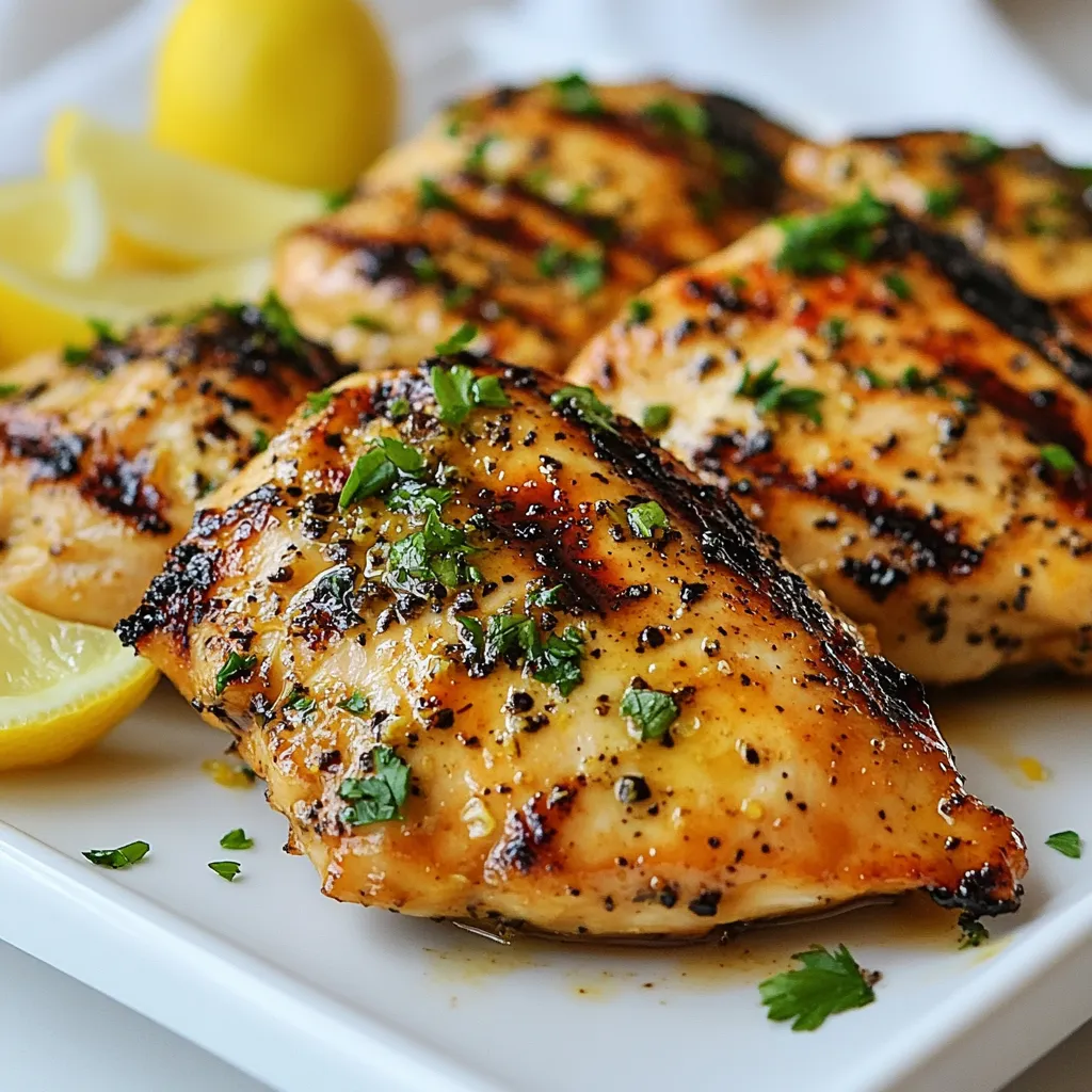 For Lemon Pepper Chicken, you will need: - 4 boneless, skinless chicken breasts - 2 tablespoons olive oil - 2 teaspoons lemon zest - 1/4 cup freshly squeezed lemon juice - 2 teaspoons black pepper (freshly cracked) - 1 teaspoon garlic powder - 1 teaspoon onion powder - Salt to taste - Fresh parsley, chopped (for garnish) These ingredients come together to create a bright, zesty flavor that makes the chicken shine. If you need to swap some items, here are a few ideas: - Olive oil: You can use avocado oil or canola oil. - Lemon zest: Try using lime zest for a different twist. - Black pepper: If you prefer less heat, use white pepper instead. - Garlic powder: Fresh minced garlic works well, just use less. - Onion powder: You can use finely chopped onion instead. These swaps still keep the dish tasty without losing the essence of lemon pepper. The ingredients in this recipe offer many health benefits: - Chicken breasts: These are a great source of lean protein. - Olive oil: It is rich in healthy fats and antioxidants. - Lemon juice: This adds vitamin C and helps with digestion. - Black pepper: It has anti-inflammatory properties and aids in digestion. - Garlic: This can boost the immune system and has heart health benefits. Using these ingredients not only makes the dish flavorful but also nutritious. {{ingredient_image_1}} Start by making the marinade. In a medium bowl, mix olive oil, lemon zest, lemon juice, black pepper, garlic powder, onion powder, and salt. Whisk until it looks well mixed. Take your chicken breasts and place them in a large bag or shallow dish. Pour the marinade over the chicken. Make sure each piece is covered. Seal the bag or cover the dish with plastic wrap. Put it in the fridge for at least 30 minutes. For more flavor, you can marinate the chicken for up to 4 hours. Before you cook, heat your grill or grill pan on medium. Take the chicken out of the marinade. Let any extra marinade drip off. Place the chicken on the hot grill. Cook for about 6-8 minutes on each side. Use a meat thermometer to check that it reaches 165°F (75°C). You want nice grill marks and a golden color. Once the chicken is cooked, move it to a plate. Let it rest for about 5 minutes. This helps keep the juices inside. After resting, slice the chicken into pieces. Sprinkle fresh, chopped parsley on top for color and taste. You can serve it on mixed greens or with roasted vegetables. A drizzle of extra lemon juice adds brightness! To get those tasty grill marks, first, preheat your grill well. Aim for medium heat. Place the chicken on the grill and do not move it for about 3-4 minutes. This helps form nice marks. After that, flip the chicken and repeat. The marks add a great look and flavor. Use a meat thermometer to check the chicken. The safe internal temperature is 165°F (75°C). This keeps the chicken juicy and safe to eat. If you want a golden color, grill until you see a nice char. Remember, every grill is different, so keep an eye on the time. You can boost the flavor of your Lemon Pepper Chicken easily. Try adding fresh herbs like thyme or rosemary in the marinade. These herbs add a fresh taste. You can also mix in some honey for a sweet touch. A pinch of red pepper flakes can add a nice kick too. Experiment with what you like best! Pro Tips Marinate Longer for More Flavor: For the best flavor, marinate the chicken for at least 2 hours or overnight. This allows the marinade to penetrate the meat thoroughly. Use a Meat Thermometer: To ensure your chicken is perfectly cooked, use a meat thermometer. The internal temperature should reach 165°F (75°C) for safe consumption. Let it Rest: After grilling, let the chicken rest for 5 minutes before slicing. This helps the juices redistribute, keeping the meat moist and flavorful. Experiment with Seasonings: Feel free to adjust the spices in the marinade to your taste. Adding herbs like thyme or rosemary can add a delightful twist. {{image_2}} You can add fresh herbs to your lemon pepper chicken for extra flavor. Try using rosemary, thyme, or oregano. Chop the herbs finely and mix them into the marinade. The herbs will give the chicken a bright and fresh taste. You can also sprinkle some on top before serving for a pretty look. Making skewers is a fun twist on the classic recipe. Cut the chicken into bite-sized pieces. Thread the chicken onto skewers, alternating with colorful veggies like bell peppers and onions. Marinate as usual and then grill. The veggies will add more flavor and make your meal look great. For a quick meal, try a stir-fry. Cut your chicken into strips and cook in a hot pan. Add some mixed vegetables like broccoli, carrots, and snap peas. Use the same lemon pepper marinade to flavor the stir-fry. This dish is fast, tasty, and perfect for busy nights. After you enjoy your Lemon Pepper Chicken, store leftovers right away. Place the chicken in an airtight container. Make sure it cools to room temperature first. This helps keep the chicken fresh. Store it in the fridge for up to 3 days. If you want to keep it longer, freezing is a great option. To reheat your chicken, use the oven or microwave. For the oven, preheat it to 350°F (175°C). Place the chicken on a baking sheet and cover it with foil. Heat for about 15 minutes. If using a microwave, cover the chicken lightly. Heat in short bursts until warm. Be careful not to overheat; this keeps it juicy. If you want to freeze the chicken, wrap each piece tightly in plastic wrap. Then, place them in a freezer bag. Remove as much air as possible. This keeps your chicken fresh for up to 3 months. When you're ready to eat, defrost it overnight in the fridge. Then, follow the reheating instructions to enjoy it again. You can tell the chicken is fully cooked when it reaches 165°F (75°C). Use a meat thermometer for accuracy. If you cut into the chicken, the juices should run clear. No pink meat should remain. This ensures the chicken is safe to eat. When cooked right, the chicken will be juicy and tender. Yes, you can use bone-in chicken for this recipe. It may take longer to cook than boneless chicken. Adjust your cooking time to ensure it reaches 165°F (75°C). Bone-in chicken can add more flavor and moisture to the dish. Just be sure to check the temperature in the thickest part of the meat. Lemon Pepper Chicken pairs well with many sides. Here are some tasty options: - Roasted vegetables: Carrots, broccoli, or asparagus work well. - Mixed greens salad: A light salad with lemon vinaigrette adds freshness. - Rice or quinoa: These grains soak up the chicken's flavors. - Mashed potatoes: Creamy potatoes balance the zesty chicken. Try these sides for a complete and delicious meal. This blog covers all you need for Lemon Pepper Chicken. You learned what ingredients to use, along with substitutions and their health benefits. We shared step-by-step cooking instructions to make it easy. Plus, tips for perfect grill marks and extra flavor really help. You can try different variations, like skewers or stir-fry. Don’t forget storage tips for leftovers. Enjoy this dish with your favorite sides. Now, it's your turn to cook delicious Lemon Pepper Chicken!