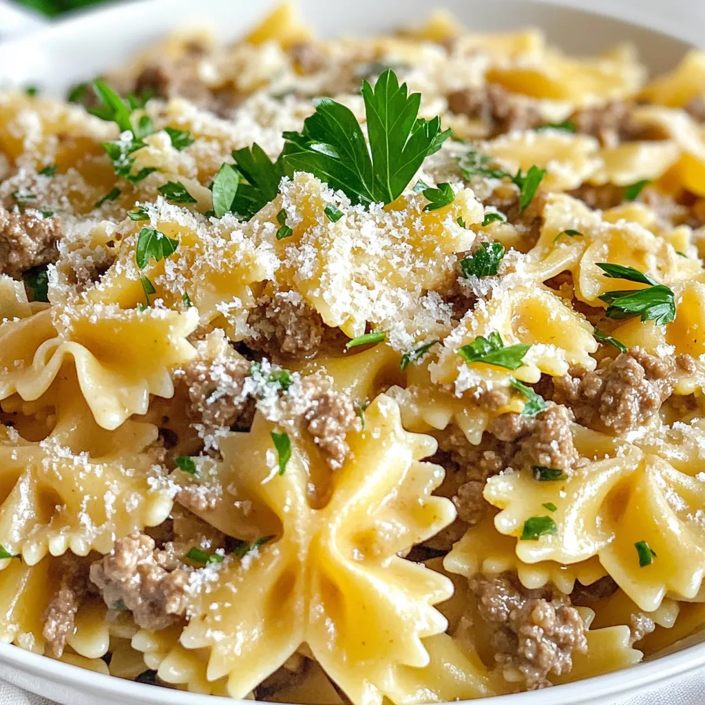 To make Creamy Garlic Beef Bowtie Pasta, gather these ingredients: - 8 oz bowtie pasta - 1 lb ground beef - 4 cloves garlic, minced - 1 medium onion, diced - 1 cup heavy cream - 1 cup beef broth - 1 cup grated Parmesan cheese - 2 tbsp olive oil - 1 tsp Italian seasoning - 1/2 tsp red pepper flakes (optional) - Salt and pepper to taste - Fresh parsley, chopped (for garnish) The key ingredients for this dish are the bowtie pasta, ground beef, garlic, cream, and broth. These form the base of our creamy sauce. You can add red pepper flakes for a little heat. Fresh parsley adds a nice touch at the end. If you need swaps, here are some ideas: - Ground beef: Use ground turkey or chicken for a lighter meal. - Heavy cream: Substitute with half-and-half or coconut cream for a dairy-free option. - Bowtie pasta: Any pasta shape will work. Try penne or fusilli if you prefer. - Beef broth: Chicken broth or vegetable broth can also be tasty. These substitutions keep the dish flavorful while accommodating different diets. {{ingredient_image_1}} To start, fill a large pot with salted water. Bring the water to a boil. Add the bowtie pasta and cook it according to the package instructions. You want it al dente, which means firm but not hard. This usually takes about 8-10 minutes. Once it's done, drain the pasta. Remember to save about 1/2 cup of the pasta water. This water will help mix with the sauce later. Next, grab a large skillet. Heat up 2 tablespoons of olive oil over medium heat. Add the diced onion and minced garlic to the skillet. Cook these for about 3-4 minutes, stirring often. You want the onions to turn clear. Then, add 1 pound of ground beef. Break it up with a spoon and cook it until it's brown. This should take about 5-7 minutes. Season your beef with salt, pepper, Italian seasoning, and optional red pepper flakes for a kick. Now it's time to make the sauce. Pour in 1 cup of beef broth and bring it to a simmer. Next, stir in 1 cup of heavy cream. Bring this back to a gentle simmer, stirring often. Let the sauce reduce slightly for about 3-4 minutes. You want it creamy but not too thick. After that, add the cooked bowtie pasta to the skillet. If the sauce seems too thick, use some of that reserved pasta water to loosen it up. Finally, stir in 1 cup of grated Parmesan cheese until it melts and combines well with the sauce. Cooking pasta may seem simple, but small details matter. Always use a large pot with plenty of salted water. The salt adds flavor. Cook the bowtie pasta until it&rsquo;s al dente, which means firm to the bite. This usually takes about 8-10 minutes. Remember to reserve some pasta water before draining. This water helps the sauce stick to the pasta later. To boost flavor, use fresh herbs and spices. I love adding Italian seasoning. It mixes well with the garlic and beef. Red pepper flakes add a nice kick, but you can skip them if you prefer mild dishes. Finish your pasta with fresh parsley for color and taste. It makes every bite pop. One common mistake is rinsing the pasta after cooking. This washes away the starch that helps the sauce cling. Another mistake is not tasting the sauce. Always taste and adjust the seasoning. If it feels flat, a pinch of salt or more cheese can make a big difference. Finally, don&rsquo;t rush the sauce. Let it simmer and thicken before mixing in the pasta. This step ensures a creamy, delicious dish. Pro Tips Use Fresh Garlic: Freshly minced garlic adds a robust flavor that jarred garlic cannot match, enhancing the overall taste of your dish. Reserve Pasta Water: The starchy pasta water can help adjust the sauce's consistency and make it creamier, so don&rsquo;t forget to save some before draining. Quality Parmesan Cheese: Opt for freshly grated Parmesan cheese instead of pre-grated versions for a richer flavor and better melting quality. Adjust Spiciness: If you prefer a milder dish, omit the red pepper flakes. For more heat, feel free to add extra or incorporate some crushed red pepper into the sauce. {{image_2}} You can easily make this dish vegetarian. Use plant-based ground meat instead of beef. Many brands taste great and mimic the texture of beef. You can also use lentils for a healthy choice. Lentils pack a lot of protein and fiber. They work well with the creamy garlic sauce. Adding veggies can boost the health factor of this dish. Try spinach, bell peppers, or mushrooms. These veggies add color and flavor. Saut&eacute; them with the onions and garlic for the best taste. You can also toss in broccoli or zucchini. They will cook quickly and keep the pasta light. While bowtie pasta is fun, you can use other shapes too. Penne, fusilli, or even spaghetti are great options. Each shape holds the sauce differently. For example, fusilli twists catch more sauce. Experiment with what you have on hand. This keeps the dish fresh and exciting every time you make it. To store your creamy garlic beef bowtie pasta, let it cool down first. Place the leftovers in an airtight container. Make sure to seal it well to keep the flavors fresh. You can store it in the fridge for up to three days. If you want to keep it longer, freezing is a great option. When you are ready to enjoy the leftovers, reheat them gently. You can use a skillet over low heat. Add a splash of beef broth or heavy cream to keep it creamy. Stir it often to avoid burning. You can also microwave it in short bursts. This method works well too but stir in between to heat evenly. Freezing creamy garlic beef bowtie pasta is easy. Just pack it in a freezer-safe container. Leave some space at the top for expansion. You can freeze it for up to three months. When you are ready to eat, thaw it in the fridge overnight. Then, reheat it gently on the stove, adding a bit of cream or broth as needed. This keeps the dish tasty and creamy. You can use several options instead of heavy cream. Good choices include: - Half-and-half: This is a mix of milk and cream. - Milk with butter: Mix 3/4 cup milk with 1/4 cup melted butter for a rich mix. - Coconut cream: This adds a nice flavor and is dairy-free. These substitutes work well in this recipe, keeping it creamy. Yes, you can make Creamy Garlic Beef Bowtie Pasta ahead of time. Cook the pasta and sauce, then combine them. Store in the fridge for up to two days. When you&rsquo;re ready to eat, just reheat it on the stove. Add a splash of broth or milk to keep it creamy. To reheat, place the pasta in a skillet over low heat. Add a splash of beef broth or water to help it warm up. Stir gently until heated through. You can also use the microwave. Heat in short bursts, stirring in between. This keeps the pasta from drying out. We explored the ingredients needed for Creamy Garlic Beef Bowtie Pasta, covering essential and optional items. I shared cooking steps, tips, and variations, so you can find your perfect dish. Remember to store leftovers properly for later meals. Always feel free to adapt the recipe based on what you have at home. Cooking should be fun and flexible. Enjoy creating a meal that pleases everyone at your table!