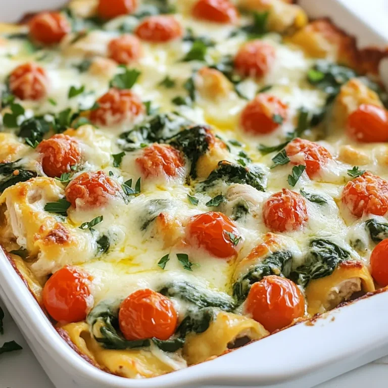 To make a tasty Creamy Spinach Chicken Casserole, gather these items: - 2 cups cooked chicken, shredded - 2 cups fresh spinach - 1 cup ricotta cheese - 1 cup cream cheese, softened - 1 cup shredded mozzarella cheese - 1/2 cup grated Parmesan cheese - 1 cup cherry tomatoes, halved - 3 cloves garlic, minced - 1 teaspoon Italian seasoning - Salt and pepper to taste - 1 tablespoon olive oil - 1 cup cooked pasta (penne or rotini works well) Using fresh and high-quality ingredients makes a big difference. For the chicken, use freshly cooked or rotisserie chicken. Fresh spinach adds a nice color and taste. Cream cheese and ricotta should be full-fat for a rich flavor. Choose good-quality cheeses for that perfect melt. Fresh garlic gives a stronger taste than the powdered kind. Always check the expiration dates on your dairy products. You can swap some ingredients if needed. For the chicken, try cooked turkey or even tofu for a plant-based option. You can use frozen spinach if fresh isn't available, just thaw and drain it well. Cream cheese can be replaced with Greek yogurt for a lighter option. If you want a different cheese, try cheddar or gouda instead of mozzarella. For pasta, any shape you like will work, such as fusilli or farfalle. {{ingredient_image_1}} 1. First, preheat your oven to 350°F (175°C). This makes sure the oven is ready when you need it. 2. Next, heat the olive oil in a large skillet over medium heat. You want it hot but not smoking. 3. Add the minced garlic to the skillet. Sauté it for about 1 minute until you smell the garlic. 4. Toss in the fresh spinach. Cook it for 3-4 minutes until it wilts down. Stir it often so it cooks evenly. 5. In a big mixing bowl, combine the cooked chicken, wilted spinach, ricotta cheese, and cream cheese. 6. Add half of the mozzarella cheese, Italian seasoning, salt, and pepper. Mix everything until it’s well blended. 7. Gently fold in the cooked pasta and halved cherry tomatoes. This helps distribute the flavors. 8. Transfer the mixture into a greased 9x13 inch baking dish. Spread it evenly for even cooking. 9. Sprinkle the rest of the mozzarella cheese and Parmesan cheese on top. This adds a nice cheesy crust. 10. Cover the dish with aluminum foil. Bake it for 25 minutes. After that, remove the foil. 11. Bake for another 15 minutes until it’s bubbly and golden. Keep an eye on it to avoid overcooking. - Let the casserole cool for a few minutes before serving. This helps it set and makes it easier to serve. - For a pop of color, garnish with fresh herbs like parsley or basil. This adds a nice touch to the dish. - Pair it with a simple side salad for a complete meal. The freshness of the salad balances the creamy casserole. To make your Creamy Spinach Chicken Casserole even tastier, try a few tricks. First, use fresh garlic. Fresh garlic gives a strong punch that dried garlic cannot match. Next, add a splash of lemon juice. This adds brightness and balances the creaminess. You can also mix in some red pepper flakes for a bit of heat. Finally, don’t skip on the herbs. Fresh herbs like parsley or basil can really liven up the dish. Many home cooks make simple errors that can change the dish. One common mistake is overcooking the spinach. Always add it to the pan just until it wilts. Also, don't skip seasoning your layers. This helps each bite pack a flavor punch. Another mistake is not greasing the baking dish well. Greasing avoids sticking and makes serving easier. Lastly, be careful not to bake it too long. Overbaking can dry out your casserole and ruin the texture. For the best texture, follow these techniques. Cook your pasta just until al dente. This means it will hold up better when baked. When mixing, gently fold in the ingredients instead of stirring hard. This keeps the chicken and pasta intact. Cover the dish with foil for the first part of baking. This traps steam and keeps the casserole moist. Remove the foil in the final minutes to create a golden crust. This gives the dish a beautiful look and adds crunch. Pro Tips Use Leftover Chicken: This recipe is perfect for utilizing leftover rotisserie chicken, saving time and adding flavor. Make It Ahead: Prepare the casserole a day in advance and store it in the fridge. Just pop it in the oven when you're ready to serve! Experiment with Cheeses: Feel free to mix different cheeses like feta or goat cheese for a unique flavor profile. Vegetable Variations: Add other vegetables such as bell peppers or mushrooms for extra nutrition and flavor. {{image_2}} You can make this creamy spinach chicken casserole lighter. Use Greek yogurt instead of ricotta cheese. It adds creaminess with fewer calories. Substitute low-fat cream cheese for regular cream cheese. You can also swap out the full-fat mozzarella for part-skim mozzarella. These simple changes cut calories while keeping the dish flavorful and rich. Want to spice things up? Add red pepper flakes or diced jalapeños for a kick. You can also mix in fresh herbs, like basil or dill, to boost the flavor. For a smoky twist, try using smoked paprika. Each option gives the casserole a unique taste, making it fun to try new things. If you need a gluten-free casserole, use gluten-free pasta. Most brands offer options that taste great. For a vegetarian dish, you can replace chicken with chickpeas or more veggies. This keeps the dish hearty and filling. Always check labels to ensure all ingredients meet your dietary needs. These swaps allow everyone to enjoy this tasty casserole! To store your creamy spinach chicken casserole, let it cool first. Use an airtight container to keep the flavors fresh. Place the casserole in the fridge. It will stay good for about 3-4 days. Make sure to cover it well to avoid drying out. When you are ready to eat the leftovers, preheat your oven to 350°F (175°C). Remove the casserole from the fridge. Cover it with foil to keep it from drying out. Bake for about 20-25 minutes. You can also use the microwave. Heat it in a microwave-safe dish for about 2-3 minutes. Stir halfway for even warming. If you want to save some for later, freezing is a great option. Let the casserole cool completely before freezing. Use a freezer-safe container or wrap it tightly with plastic wrap. It can last up to 3 months in the freezer. To enjoy it later, thaw it in the fridge overnight before reheating. This way, you can savor your creamy spinach chicken casserole at your convenience. Creamy Spinach Chicken Casserole lasts about 3 to 4 days in the fridge. To store it, let it cool down first. Then, place it in an airtight container. This keeps the flavors fresh and tasty. Yes, you can make this casserole ahead of time. Prepare it up to the baking step. Cover it tightly and store it in the fridge for up to 24 hours. When you’re ready to bake, just add about 10 extra minutes to the cooking time. This is a great way to save time on busy days. Some great sides for this casserole include: - A simple green salad - Garlic bread - Steamed vegetables like broccoli or green beans - Roasted potatoes These sides add color and balance to the meal. Enjoy your delicious dish! This blog post covers everything you need for a tasty casserole. We explored key ingredients, preparation steps, and tips for the best texture. You learned about flavor boosts and common mistakes to avoid. We also discussed healthy variations and storage tips to help you keep leftovers. Now, you have the tools to make a delicious Creamy Spinach Chicken Casserole. Enjoy cooking and sharing this meal with family and friends!