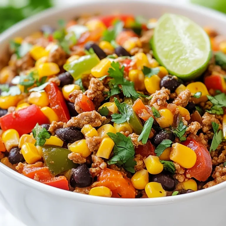 To create a tasty Ground Turkey Pepper Skillet, you need these simple ingredients: - 1 lb ground turkey - 1 red bell pepper, diced - 1 yellow bell pepper, diced - 1 green bell pepper, diced - 1 small onion, chopped - 2 cloves garlic, minced - 1 teaspoon smoked paprika - 1 teaspoon cumin - 1 teaspoon dried oregano - 1 can (15 oz) black beans, drained and rinsed - 1 cup corn (fresh or frozen) - 2 tablespoons olive oil - Salt and pepper to taste - Fresh cilantro, chopped for garnish - Lime wedges for serving Each ingredient plays a key role. Ground turkey is lean and brings protein. The colorful bell peppers add sweetness and crunch, making your meal vibrant. Onions and garlic give a strong base flavor. The spices, like paprika and cumin, add depth to the dish. Black beans and corn boost nutrition and texture. Finally, olive oil helps to sauté everything to perfection. Don't forget the fresh cilantro and lime. They brighten up the dish and add fresh flavor. Enjoy the ease of cooking with these ingredients! {{ingredient_image_1}} - Heating Olive Oil Start by heating 2 tablespoons of olive oil in a large skillet over medium heat. This oil will help cook the veggies and give flavor. - Sautéing Onion and Garlic Next, add 1 small chopped onion and 2 minced garlic cloves. Cook them for about 3-4 minutes. You want the onion to look clear. This step builds a tasty base for the dish. - Browning Ground Turkey Increase the heat to medium-high. Add 1 pound of ground turkey to the skillet. Use a wooden spoon to break it apart. Cook for about 5-7 minutes until it’s brown and fully cooked. This makes the turkey juicy and adds flavor. - Incorporating Bell Peppers Now, toss in 1 diced red bell pepper, 1 diced yellow bell pepper, and 1 diced green bell pepper. Cook these for another 4-5 minutes. You want them to be tender but still bright and colorful. - Mixing in Spices It’s time to add flavor! Sprinkle in 1 teaspoon of smoked paprika, 1 teaspoon of cumin, 1 teaspoon of dried oregano, and salt and pepper to taste. Stir everything well. This step brings warmth and depth to your dish. - Adding Black Beans and Corn Next, add a can of black beans (15 oz), drained and rinsed, and 1 cup of corn, either fresh or frozen. Mix everything together. Allow it to cook for an extra 3-4 minutes until it’s heated through. This boosts the protein and adds sweetness. - Adjusting Seasoning Taste your skillet mix. Adjust the seasoning if needed, adding more salt or pepper. Once it’s perfect, remove it from the heat. Your delicious Ground Turkey Pepper Skillet is ready to be served! When picking ground turkey, you face two main choices: lean or regular. Lean ground turkey has less fat. It can be healthier and lower in calories. Regular ground turkey contains more fat. It can be juicier and more flavorful. I prefer lean turkey for this dish. It keeps the meal light and tasty. You can always add olive oil for moisture if needed. Cooking in a skillet is my favorite method. It gives you great control over heat. You can easily see how the food cooks. A skillet also helps with browning the turkey and veggies. This adds depth to the dish. You can use other methods, like baking, but they may not give the same flavor. Skillets allow for easy stirring and quick cooking. Want to spice things up? Here are some ideas. Add a pinch of cayenne pepper for heat. You might enjoy some chili powder for a smoky flavor. If you love herbs, consider fresh basil or parsley. They can brighten the dish. Don't forget to taste and adjust as you go. Cooking is all about finding your perfect balance! Pro Tips Use Fresh Ingredients: Fresh vegetables enhance the flavor and texture of the dish, making it more vibrant and delicious. Customize Your Spices: Feel free to adjust the spices to suit your taste; adding a pinch of cayenne can provide an extra kick! Meal Prep Friendly: This dish stores well in the fridge for up to 3 days, making it perfect for meal prep or leftovers. Garnish for Flavor: Don’t skip the cilantro and lime; they add a fresh, zesty flavor that elevates the entire dish. {{image_2}} You can swap ground turkey for other proteins. Ground beef offers a rich flavor. It works well with the spices. Chicken is another great choice. It keeps the dish lean and tender. Just ensure you cook it fully. Each protein gives a different taste. Feel free to mix it up! For a meatless version, try tofu or tempeh. Tofu soaks up flavors well. Press it first to remove extra water. Cut it into cubes and sauté until golden. Tempeh adds a nutty taste and chewy texture. Crumble it into the skillet like ground meat. Both options fit perfectly in this dish. You can use different vegetables based on the season. In summer, add zucchini or squash. They cook quickly and add moisture. In fall, consider sweet potatoes for a hearty feel. You could also throw in spinach for a pop of color. The key is to keep it colorful and fresh! To keep your Ground Turkey Pepper Skillet fresh, store it in an airtight container. Make sure it cools down before sealing. Place it in the fridge within two hours of cooking. This helps keep harmful bacteria at bay. You can safely refrigerate it for up to 3 days. You can freeze your skillet meal for later use. First, let it cool completely. Then, place it in a freezer-safe container or bag. Remove as much air as possible to prevent freezer burn. It will last up to 3 months in the freezer. To reheat, thaw it in the fridge overnight. Then, heat it in a skillet over medium heat until it’s hot. The shelf life for this dish varies by storage method. In the fridge, aim to eat your leftovers within 3 days. If frozen, you can enjoy them for up to 3 months. Always check for signs of spoilage before eating. If it smells off or looks strange, it’s safer to toss it. It takes about 5 to 7 minutes to cook ground turkey. You want it to brown and break apart as you stir. Make sure it reaches 165°F for safe eating. Yes, you can make this dish ahead of time. Cook the ground turkey and peppers, then cool it down. Store it in an airtight container in the fridge for up to three days. You can also freeze it for up to three months. Just reheat it on the stove when you are ready to eat. This dish goes well with several sides. Here are a few ideas: - Steamed rice - Quinoa - Tortillas for wraps - A fresh salad - Avocado slices Experiment with different sides to find your favorite! This blog post covered making a delicious Ground Turkey Pepper Skillet. We explored the essential ingredients like ground turkey, bell peppers, and spices. I provided step-by-step instructions from prepping to cooking. You learned tips for choosing turkey and cooking methods, along with variations and storage tips. In the end, this dish is easy to prepare and adjust to your taste. Enjoy it with different sides or make it vegetarian! I hope you feel inspired to try this simple yet tasty recipe.