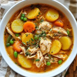 To make this warm and filling stew, you will need the following main ingredients: - 4 boneless, skinless chicken thighs - 3 cups low-sodium chicken broth - 2 cups baby potatoes, halved - 2 large carrots, chopped - 1 cup green beans, trimmed and cut into pieces - 1 onion, diced - 3 cloves garlic, minced - 2 teaspoons dried thyme - 1 teaspoon smoked paprika - Salt and pepper to taste - 2 tablespoons olive oil These ingredients create a base full of flavor and comfort. You can add a few optional ingredients to boost flavor even more: - 1 tablespoon cornstarch (for thickening) - Fresh parsley, chopped (for garnish) These additions can make your stew even more delightful. Each serving of this stew is not only tasty but also healthy. Here's a simple breakdown of the nutritional information: - Calories: Approximately 320 - Protein: 25g - Carbohydrates: 30g - Fat: 10g - Fiber: 5g This meal is satisfying and provides a good balance of nutrients, making it a great choice for dinner. {{ingredient_image_1}} First, gather all your ingredients. You will need: - 4 boneless, skinless chicken thighs - 3 cups low-sodium chicken broth - 2 cups baby potatoes, halved - 2 large carrots, chopped - 1 cup green beans, trimmed and cut into pieces - 1 onion, diced - 3 cloves garlic, minced - 2 teaspoons dried thyme - 1 teaspoon smoked paprika - Salt and pepper to taste - 2 tablespoons olive oil - 1 tablespoon cornstarch (optional, for thickening) - Fresh parsley, chopped (for garnish) Start by heating olive oil in a skillet over medium heat. Add the diced onion and sauté it for about five minutes. You want the onion to be soft and clear. Then, add the minced garlic. Sauté for one to two more minutes until you smell that lovely garlic aroma. Now, it's time to layer everything in the slow cooker. Place the chicken thighs at the bottom. Season them with salt, pepper, smoked paprika, and dried thyme. The spices will add great flavor to your stew. Next, add the sautéed onion and garlic on top of the chicken. This way, the chicken absorbs all those tasty flavors. Now, layer the halved baby potatoes, chopped carrots, and green beans over the chicken and onions. Pour the chicken broth over all the ingredients. Make sure everything is submerged in the broth for even cooking. Cover the slow cooker and set it to low for six to seven hours or high for three to four hours. The chicken should be tender and easy to shred when it’s done. Once your cooking time is up, it’s time to shred the chicken. Use two forks and pull the chicken apart right in the slow cooker. This allows it to soak up more flavor. After shredding, taste the stew. Adjust the seasoning if you need to. If you want a thicker stew, mix the cornstarch with a little water to make a slurry. Stir this into the stew in the last 30 minutes of cooking. For a nice touch, serve the stew in deep bowls and garnish it with fresh parsley. Enjoy this warm, savory comfort food! To keep your chicken juicy, use thighs instead of breasts. Chicken thighs have more fat, which adds flavor. Season the chicken well with salt and pepper before cooking. This simple step makes a big difference. Searing the chicken in olive oil adds a nice touch. It locks in the juices and enhances the taste. If you have time, sauté the onion and garlic first. This step builds a deeper flavor base for your stew. If you want a thick stew, cornstarch is your friend. Mix one tablespoon of cornstarch with a bit of water to make a slurry. Stir this into the stew in the last 30 minutes of cooking. This method helps achieve that perfect texture. You can also mash some of the baby potatoes. As they cook, they break down and naturally thicken the stew. This adds creaminess without extra ingredients. When serving your stew, use deep bowls for a cozy feel. Garnish with fresh parsley to brighten the dish. This small touch adds color and freshness. For a complete meal, serve the stew with crusty bread. It’s great for soaking up all the tasty broth. You can also serve it over a bed of rice for a hearty option. Both pairings enhance the comfort of this dish. Pro Tips Brown the Chicken: For extra flavor, sear the chicken thighs in the skillet before adding them to the slow cooker. This will add a nice depth of flavor to your stew. Use Fresh Herbs: In addition to dried thyme, consider adding fresh herbs such as rosemary or parsley right before serving for a burst of freshness. Customize Vegetables: Feel free to swap out or add other vegetables like bell peppers or zucchini based on your preference or what you have on hand. Let It Rest: After cooking, let the stew sit for 10-15 minutes before serving. This allows the flavors to meld together even more. {{image_2}} You can boost the health of your stew by adding more veggies. Try using bell peppers, zucchini, or celery. You can also add peas for a pop of color. Just chop them into bite-sized pieces and toss them in. They will cook well in the slow cooker. Each new veggie brings its own flavor and texture, making your stew even better. If you like heat, add spices like cayenne pepper or red pepper flakes. You can also try a dash of hot sauce for a kick. For a different flavor, use cumin or coriander. These spices will change the taste and give your stew a new life. Adjust the amount to your taste. Start small and add more if you want it spicier. While chicken is classic, you can try other meats too. Turkey works well and gives a lighter taste. Beef or pork can also be used for a heartier stew. Just make sure to cut the meat into small pieces. Adjust the cooking time based on the meat you choose. Each type of meat will change the flavor, keeping your stew exciting. After enjoying your slow cooker chicken stew, let it cool down. Once cooled, transfer it to an airtight container. You can store leftovers in the fridge for up to three days. Make sure to keep it sealed to avoid any odors from other foods. When you're ready to enjoy your stew again, reheat it gently. You can use the microwave or stovetop. If using the microwave, heat in short bursts to avoid overheating. If using the stovetop, add a splash of water or broth. This helps keep the stew moist and delicious. You can freeze chicken stew for later use. Make sure it is completely cool before freezing. Place it in a freezer-safe container, leaving some space at the top. This allows for expansion as it freezes. Your stew can last in the freezer for about three months. When you’re ready to eat it, thaw it overnight in the fridge for the best results. Yes, you can use frozen chicken in this recipe. Just add the frozen chicken directly to the slow cooker. Remember, cooking time might change. If your chicken is frozen, you may need to cook it for an extra hour. Make sure it reaches a safe internal temp of 165°F. You can store slow cooker chicken stew in the fridge for up to four days. Make sure to cool it down first before sealing it in an airtight container. If you want to keep it longer, you can freeze it. It stays good in the freezer for up to three months. If you don't have chicken broth, you can use vegetable broth or water. For added flavor, try using bouillon cubes or powders mixed with water. Another option is to use a mix of white wine and water. This adds a nice taste to your stew. In this post, I covered how to make a delicious slow cooker chicken stew. We looked at main and optional ingredients, along with their nutrition. I shared step-by-step cooking tips for great results. You learned about enhancing flavor, thickening the stew, and serving ideas. Finally, I gave storage tips and answered common questions. Slow cooker chicken stew is simple, tasty, and can be changed up in many ways. Enjoy making your own!