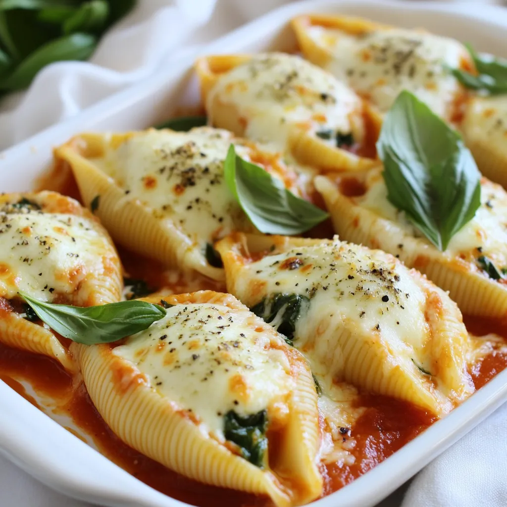 - 12 large jumbo pasta shells - 1 cup ricotta cheese - 1 cup fresh spinach, chopped - 1 cup mozzarella cheese, shredded - 1/2 cup grated Parmesan cheese - 1 egg, lightly beaten - 2 cloves garlic, minced - 1 teaspoon dried oregano - 1/2 teaspoon salt - 1/4 teaspoon black pepper - 2 cups marinara sauce - Fresh basil leaves for garnish I recommend using Galbani for ricotta cheese. Their cheese has a great flavor and texture. For mozzarella, try Sargento. It melts beautifully and adds that gooey finish. When it comes to marinara sauce, Rao's Homemade is a favorite. It has a rich taste that elevates the dish. You can use tofu instead of ricotta for a vegan option. Just blend it well with some lemon juice and nutritional yeast for added flavor. If you're gluten-free, look for gluten-free jumbo shells made from rice or corn. For a lighter option, use zucchini noodles instead of pasta shells. This gives you a fresh twist while keeping it healthy. {{ingredient_image_1}} First, bring a large pot of water to a boil. Add a pinch of salt to the water. Cook twelve jumbo pasta shells according to the package directions. You want them to be al dente, which means they should still be a bit firm. This helps them hold their shape while you cook them again later. Once cooked, drain the shells and set them aside to cool slightly. In a mixing bowl, combine one cup of ricotta cheese and one cup of chopped fresh spinach. Add half of the mozzarella cheese, along with half a cup of grated Parmesan cheese. Crack one egg into the bowl and add two cloves of minced garlic. Next, sprinkle in one teaspoon of dried oregano, half a teaspoon of salt, and a quarter teaspoon of black pepper. Mix all these ingredients well until they are fully combined. The filling should be creamy and rich. Now, it’s time to stuff the shells. Preheat your oven to 375°F (190°C). Grab a teaspoon or a piping bag for easy filling. Carefully fill each cooked shell with the ricotta-spinach mixture. Take a 9x13 inch baking dish and spread one cup of marinara sauce on the bottom. Place the stuffed shells in a single layer over the sauce. Pour the rest of the marinara sauce over the shells and sprinkle the remaining mozzarella cheese on top. Cover the dish with aluminum foil and bake for 25 minutes. After that, remove the foil and bake for another 10-15 minutes, until the cheese is bubbly and golden brown. Let the dish cool a few minutes before serving. Garnish with fresh basil leaves for a pop of color and flavor. To cook perfect pasta shells, use a large pot. Fill it with water and add salt. Bring the water to a rolling boil. Cook the shells until they are al dente, about 9 to 11 minutes. Stir gently to prevent sticking. Drain the shells and rinse them under cold water. This stops the cooking process and keeps them firm. Lay the shells flat on a clean towel to cool. For the best filling, mix your ingredients well. Use ricotta cheese, spinach, and half of the mozzarella. Add Parmesan cheese, an egg, garlic, oregano, salt, and pepper. Make sure to chop the spinach finely. This helps it mix easily into the ricotta. The filling should be creamy but not too runny. If it seems too wet, add more cheese or a bit of bread crumbs. When serving, place the stuffed shells on a plate with marinara sauce. Garnish with fresh basil leaves for color. You can also sprinkle extra Parmesan on top. Serve with a side salad or garlic bread for a full meal. This dish pairs well with a light red wine or sparkling water. Enjoy the flavors and share with friends! Pro Tips Cook the Shells Al Dente: Ensure you cook the pasta shells until al dente to prevent them from becoming mushy during baking. Customize Your Cheese: Feel free to mix in other cheeses like feta or goat cheese for a unique flavor twist in the filling. Add Extra Veggies: Enhance the filling by adding other vegetables such as mushrooms or bell peppers for added nutrition and flavor. Let It Rest: Allow the dish to cool for a few minutes after baking; this helps the flavors meld and makes serving easier. {{image_2}} You can add protein to your stuffed shells easily. Cooked chicken or turkey works well. Shred the meat and mix it into the ricotta filling. This adds flavor and makes the dish heartier. You can use rotisserie chicken for quick prep. Just make sure to balance the amount of meat with the cheese and spinach. Want to boost nutrition? Add more veggies! Chopped bell peppers, zucchini, or mushrooms blend well with spinach. Sauté them lightly before mixing them into the filling. This gives your dish extra texture and taste. You can also try using kale instead of spinach for a new twist. If you need a gluten-free option, look for gluten-free shells. Many brands now offer these. You can find them in most grocery stores. Cook them just like regular pasta. Fill and bake as usual. Your dinner will still taste amazing, and everyone can enjoy it! To store leftover stuffed shells, let them cool down first. Place them in an airtight container. You can keep them in the fridge for up to three days. This way, you can enjoy them later without losing flavor. Freezing is a great option for meal prep. After you make the stuffed shells, let them cool completely. Arrange them in a single layer on a baking sheet. Freeze until solid, then transfer to a freezer-safe bag. They can last for up to three months in the freezer. When you're ready to eat, preheat your oven to 350°F (175°C). Place the shells in a baking dish. Cover them with foil to keep them moist. Bake for about 20 minutes until heated through. You can also add a bit of marinara sauce on top for extra flavor. Enjoy your savory delight! Yes, you can make the stuffed shells ahead. Prepare them up to the baking step. Store them in the fridge for up to 24 hours. This saves time on busy days. Just cover the dish tightly with foil. When ready, bake as directed. You may need to add a few extra minutes to the baking time. If you want a substitute for ricotta cheese, use cottage cheese. Blend it until smooth for a similar texture. Cream cheese is another option. Just soften it first. You can also try silken tofu for a dairy-free choice. Each option gives a different flavor but works well in the recipe. You will know the stuffed shells are done when the cheese is bubbly and golden. Check for a slight browning on top. If you insert a knife, the filling should be hot. Let them cool for a few minutes before serving. This helps the flavors settle and makes them easier to serve. We covered every step to make delicious spinach ricotta stuffed shells. You learned about the key ingredients, cooking tips, and fun variations. Remember, you can swap ingredients if needed. Don't hesitate to store leftovers or prepare meals in advance. Enjoy those tasty shells any time. With these tips, you can impress your family and friends. Happy cooking!