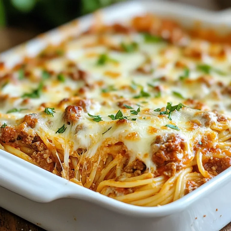 - 12 oz spaghetti - 1 lb ground beef - 1 onion, diced - 2 cloves garlic, minced - 28 oz crushed tomatoes - 1 tsp dried oregano - 1 cup ricotta cheese - 2 cups shredded mozzarella cheese - 1/2 cup grated Parmesan cheese - Salt and pepper to taste In this recipe, each ingredient plays a key role. The spaghetti forms the base of our dish, giving it structure. I prefer using 12 ounces of spaghetti for a nice balance. Ground beef adds heartiness and rich flavor. Diced onion and minced garlic bring depth and aroma. Crushed tomatoes create a delicious sauce. I use 28 ounces for a perfect consistency. Dried oregano enhances the flavor profile. It adds that classic Italian taste we love. Cheese is where the magic happens. Ricotta cheese gives creaminess. I add one cup to blend well with the sauce. Shredded mozzarella cheese adds gooeyness, and two cups ensure every bite is cheesy. Finally, grated Parmesan cheese adds a salty, nutty finish. Adjust salt and pepper to your taste for the best flavor. Each ingredient in Million Dollar Spaghetti works together to create a rich and flavorful delight. Enjoy cooking with these key components! {{ingredient_image_1}} To start, fill a large pot with water and set it on the stove. Add a pinch of salt to the water. Bring the water to a boil. Once boiling, add 12 oz of spaghetti. Cook the spaghetti according to the package instructions until it is al dente. This means it should be firm to the bite. Drain the spaghetti and set it aside for later. Next, grab a large skillet and drizzle some olive oil in it. Heat the skillet over medium heat. Add the diced onion and minced garlic to the skillet. Sauté them until they become translucent. This usually takes about 3-4 minutes. Then, add 1 lb of ground beef. Cook it until it is browned. Drain any excess fat from the skillet. Stir in 28 oz of crushed tomatoes, 1 tsp of dried oregano, 1 tsp of dried basil, 1 tsp of sugar, and salt and pepper to taste. Allow the sauce to simmer for about 15 minutes. This will help the flavors blend together nicely. Now it’s time to put everything together. Preheat your oven to 375°F (190°C). In a large mixing bowl, combine the cooked spaghetti with the meat sauce and 1 cup of ricotta cheese. Mix well until everything is well incorporated. Next, take a greased 9x13 inch baking dish. Layer half of the spaghetti mixture in the dish. Sprinkle half of the 2 cups of shredded mozzarella cheese on top. Add the rest of the spaghetti mixture on top of that. Finish by adding the remaining mozzarella and 1/2 cup of grated Parmesan cheese on top. Cover the dish with aluminum foil and bake it for 25 minutes. After that, remove the foil and bake for an additional 10-15 minutes. You want the cheese to be bubbly and golden. Once done, take the dish out of the oven. Let it cool for a few minutes before serving it up. - Using fresh herbs for enhanced flavor: Fresh herbs can make your dish pop. I love using fresh basil or parsley. Just chop them up and sprinkle them on top before serving. You will taste the difference! - Ensuring perfect al dente spaghetti: The key to great spaghetti is cooking it just right. Boil water with a pinch of salt. Cook the spaghetti until it’s firm but tender. This texture makes every bite enjoyable. - Recommended garnishes: For a lovely finish, add fresh basil leaves or a sprinkle of grated Parmesan. These simple touches make your meal look and taste amazing. - Pairing with sides or salads: Million Dollar Spaghetti pairs well with a crisp salad or garlic bread. A light side salad with greens and vinaigrette complements the rich flavors nicely. - Serving style in dishes: Serve the spaghetti in large, shallow bowls. This style allows everyone to see the layers of cheese and sauce. It makes the dish look inviting. - Photo inspiration for social media: Capture the moment! Take a photo of your plated spaghetti with a few fresh herbs on top. Natural light helps the colors pop, making it Instagram-ready. Pro Tips Perfect Pasta: Always cook spaghetti until al dente to retain its firmness and avoid mushiness when baking. Layering for Flavor: For a richer taste, consider adding a layer of sautéed vegetables like bell peppers or mushrooms in between the spaghetti layers. Cheese Variations: Mix different cheeses like fontina or gouda with mozzarella for a unique flavor profile. Rest Before Serving: Let the baked spaghetti rest for a few minutes before serving to help it set and make it easier to slice. {{image_2}} You can easily make Million Dollar Spaghetti meat-free. Start by using plant-based ground meat. This choice keeps the texture similar to the original dish. It also cuts back on fat. You can find many brands in stores today. Adding more veggies to the sauce makes it even better. Think about bell peppers, mushrooms, or zucchini. These veggies add color and flavor. They also provide extra nutrients. Just chop them up and sauté them with the onions and garlic. Cheese plays a big role in Million Dollar Spaghetti. You don’t have to stick with just mozzarella. Try different cheeses for fun flavors. Cheddar or provolone can bring a new twist. For a creamier mix, add cream cheese. This makes the dish rich and smooth. Simply mix in the cream cheese with the ricotta. It blends well and gives a special touch. Want some heat? Add spicy elements like red pepper flakes. They give a nice kick without being too hot. You can also use fresh chili peppers for more flavor. Herbs can change the taste a lot too. Add fresh parsley or thyme for bright notes. You can also try rosemary for a bold flavor. Mixing different herbs makes each bite exciting. After enjoying Million Dollar Spaghetti, store the leftovers in the fridge. Use an airtight container to keep it fresh. Make sure to cool the dish before sealing it. This helps prevent moisture buildup. The spaghetti can last up to four days in the refrigerator. When it’s time to reheat, use a microwave or oven. For the microwave, place the spaghetti in a bowl and cover it with a damp paper towel. This keeps the moisture in. Heat in short bursts, stirring in between. If using the oven, preheat to 350°F (175°C). Place the spaghetti in a baking dish and cover with foil. Heat for about 20 minutes or until warmed through. This keeps the flavors intact and makes it taste fresh. If you want to save some for later, freezing is a great option. First, let the spaghetti cool completely. Then, divide it into portions. This makes it easier to thaw later. Use freezer-safe containers or heavy-duty freezer bags. Make sure to remove as much air as possible before sealing. Million Dollar Spaghetti can be frozen for up to three months. When you’re ready to eat, thaw the spaghetti overnight in the fridge. For a quicker option, submerge the sealed bag in cold water. After thawing, reheat as mentioned above. This way, you enjoy a delicious meal without losing flavor. You can store Million Dollar Spaghetti in the fridge for about 3 to 5 days. Make sure to place it in an airtight container. This keeps it fresh and prevents odors from other foods. Yes, you can make Million Dollar Spaghetti ahead of time. Prepare it up to the baking step, then cover it and store it in the fridge. When ready to bake, just add 10 minutes to the cooking time. For a low-carb version, swap regular spaghetti with zucchini noodles or spaghetti squash. You can also use ground turkey or chicken instead of beef. This keeps the flavor but lowers the carbs. This blog post covered all the key steps to make Million Dollar Spaghetti. We discussed the main ingredients, like ground beef and cheese, and the cooking process. I shared useful tips for perfecting the dish. You can also try variations to suit your taste. In the end, this meal offers comfort and creativity. Whether you stick to the classic or explore alternatives, there’s something here for everyone. Enjoy cooking and sharing this delightful dish!