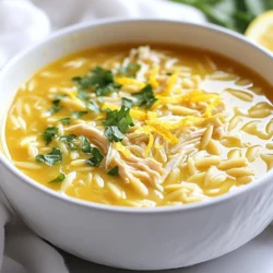 For this creamy lemon orzo chicken soup, you need the following ingredients: - 1 tablespoon olive oil - 1 medium onion, diced - 2 cloves garlic, minced - 1 carrot, diced - 1 celery stalk, diced - 1 teaspoon dried thyme - 1 lb (450g) cooked chicken, shredded (rotisserie chicken works great!) - 6 cups chicken broth - 1 cup orzo pasta - 1 cup heavy cream - Juice of 1 lemon - Zest of 1 lemon - Salt and pepper to taste - Fresh parsley, chopped (for garnish) You can easily swap ingredients in this soup. Here are some options: - Use canola or avocado oil instead of olive oil. - If you don’t have fresh chicken, rotisserie chicken is a great choice. - For a lighter soup, replace heavy cream with half-and-half or coconut milk. - If you lack orzo, use rice or another small pasta. - Fresh herbs like dill or basil can replace thyme for a different flavor. This soup is quite flexible for various diets: - To make it gluten-free, swap regular orzo for gluten-free orzo. - If you follow a dairy-free diet, substitute heavy cream with coconut cream or almond milk. - The soup is high in protein from the chicken, making it filling and satisfying. - For a vegetarian version, replace chicken with chickpeas or lentils. By keeping these substitutions and dietary options in mind, you can enjoy this creamy lemon orzo chicken soup tailored to your needs! {{ingredient_image_1}} To start, gather all your ingredients. You need olive oil, onion, garlic, carrot, celery, thyme, chicken, broth, orzo, heavy cream, lemon juice, lemon zest, salt, and pepper. Dice the onion, carrot, and celery. Mince the garlic. Shred the chicken if you haven't done so. This makes everything ready for cooking. 1. Heat a large pot on medium heat and add the olive oil. 2. Add the diced onion and cook for about 3-4 minutes. The onion should be soft and clear. 3. Next, stir in the minced garlic, diced carrot, and diced celery. Cook for 2-3 minutes. The veggies should feel tender. 4. Now, sprinkle in the dried thyme and mix it all well. 5. Add the shredded chicken and pour in the chicken broth. Bring it to a gentle boil. 6. Once it is boiling, add the orzo pasta. Cook it according to the package, usually 8-10 minutes. Stir it from time to time. 7. Lower the heat and add the heavy cream, lemon juice, and lemon zest. Mix it all together until heated through. 8. Season with salt and pepper to taste. Let it simmer for another 5 minutes. This helps all the flavors mix well. 9. Finally, take it off the heat and serve hot. Don’t forget to sprinkle fresh parsley on top. To get the best texture, watch the orzo closely while cooking. If it cooks too long, it can get mushy. Stir gently to keep it from sticking. When you add the heavy cream, do it slowly. This helps it blend into the soup smoothly. If you want it creamier, you can add more cream. Always taste before serving. Adjust the salt and pepper as needed to make it just right! When making creamy lemon orzo chicken soup, some mistakes can ruin your dish. Overcooking the orzo is a common error. It can turn mushy and lose its nice bite. Always follow the package instructions for cooking time. Another mistake is skipping the sauté step. This step builds a strong flavor base. Make sure to cook your veggies until they are tender before adding broth. You can make your soup even better with a few simple tricks. Add a splash of white wine while sautéing. This gives a depth of flavor that lifts the whole dish. Try using fresh herbs like thyme or parsley to brighten the taste. Lemon zest adds a fresh note, so don’t skip it. Finally, taste and adjust salt and pepper as needed; this makes a big difference. For a cozy meal, serve this soup with crusty bread. It’s perfect for dipping! You can also pair it with a light salad. A simple green salad with lemon vinaigrette works well. For a fun twist, sprinkle some Parmesan cheese on top before serving. It melts nicely and adds richness to the soup. Pro Tips Use Fresh Herbs: Adding fresh thyme or parsley at the end enhances the soup's flavor and aroma. Adjust Creaminess: If you prefer a lighter soup, reduce the amount of heavy cream or substitute with half-and-half. Perfectly Cooked Orzo: To prevent orzo from becoming mushy, add it to the soup just 10 minutes before serving. Flavor Boost: For a more intense lemon flavor, consider adding an extra tablespoon of lemon juice and zest. {{image_2}} You can switch up the protein in this soup. If you want to try something new, use turkey instead of chicken. Rotisserie turkey works great, just like chicken. You can also use shredded beef for a heartier dish. If you love seafood, shrimp can add a nice twist. Simply add the shrimp during the last few minutes of cooking. This way, they cook through but stay tender. To make this dish vegetarian, skip the chicken and use veggie broth. Replace the heavy cream with coconut milk for a creamy texture. You can also use silken tofu blended until smooth. This gives a rich flavor while keeping it vegan. Add more vegetables, like spinach and bell peppers, for extra nutrition. Don't forget to add a bit of nutritional yeast for a cheesy flavor. You can change the soup's flavor easily. For a spicy kick, add red pepper flakes or a dash of hot sauce. If you like herbs, try adding fresh basil or dill. These herbs bring a fresh taste. You can also make it more citrusy by adding more lemon juice and zest. Experimenting with flavors can lead to your perfect bowl of soup! To keep your Creamy Lemon Orzo Chicken Soup fresh, use an airtight container. Make sure it cools down to room temperature first. This helps to prevent moisture build-up, which can make your soup soggy. Store it in the fridge for up to three days. If you plan to eat it later, consider separating the soup from any pasta. This keeps the orzo from soaking up too much broth. When it's time to enjoy your soup again, gently reheat it on the stove. Use low heat and stir often to avoid burning. If the soup seems too thick, add a splash of chicken broth or water. You can also microwave it, but make sure to heat it in short bursts. Stir between each burst to heat evenly. If you want to save your soup for later, freezing works well. Pour the cooled soup into freezer-safe bags or containers. Leave some space at the top, as liquid expands when frozen. Label each bag with the date. It can stay in the freezer for up to three months. When you're ready to eat it, thaw it overnight in the fridge before reheating. Yes, you can make this soup in a slow cooker. First, sauté the onion and garlic in a pan. Then, add them to your slow cooker with the other ingredients. Cook on low for 6-8 hours. Add orzo and cream in the last 30 minutes. This gives the soup a nice texture without overcooking the pasta. This soup lasts about 3-4 days in the fridge. Make sure to store it in an airtight container. The flavors deepen over time, making it even more tasty. Just remember to stir well before serving again. Yes, you can use whole grain orzo instead of regular orzo. Whole grain orzo adds more fiber and nutrients. Just be aware that it might take a bit longer to cook. Check the package for specific cooking times to get it just right. In this blog post, I covered the key ingredients, step-by-step cooking instructions, and helpful tips. You learned about various protein options, substitutions, and dietary needs. Understanding how to store, reheat, and freeze your soup is vital for enjoying it later. My final thoughts: with these insights, you can make a delicious, adaptable soup that suits your taste. Don't be afraid to experiment—your perfect bowl is just a recipe away!