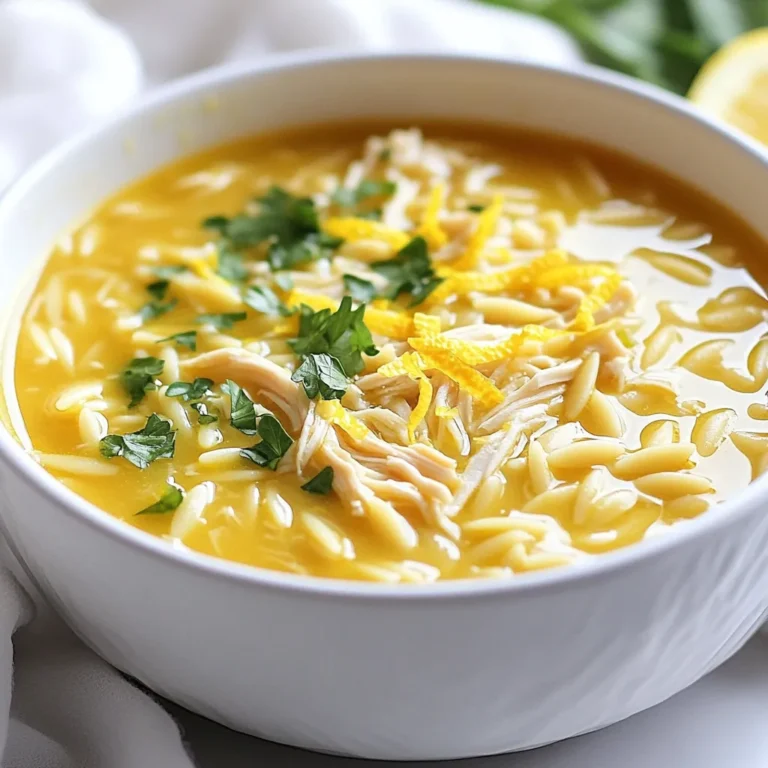 For this creamy lemon orzo chicken soup, you need the following ingredients: - 1 tablespoon olive oil - 1 medium onion, diced - 2 cloves garlic, minced - 1 carrot, diced - 1 celery stalk, diced - 1 teaspoon dried thyme - 1 lb (450g) cooked chicken, shredded (rotisserie chicken works great!) - 6 cups chicken broth - 1 cup orzo pasta - 1 cup heavy cream - Juice of 1 lemon - Zest of 1 lemon - Salt and pepper to taste - Fresh parsley, chopped (for garnish) You can easily swap ingredients in this soup. Here are some options: - Use canola or avocado oil instead of olive oil. - If you don’t have fresh chicken, rotisserie chicken is a great choice. - For a lighter soup, replace heavy cream with half-and-half or coconut milk. - If you lack orzo, use rice or another small pasta. - Fresh herbs like dill or basil can replace thyme for a different flavor. This soup is quite flexible for various diets: - To make it gluten-free, swap regular orzo for gluten-free orzo. - If you follow a dairy-free diet, substitute heavy cream with coconut cream or almond milk. - The soup is high in protein from the chicken, making it filling and satisfying. - For a vegetarian version, replace chicken with chickpeas or lentils. By keeping these substitutions and dietary options in mind, you can enjoy this creamy lemon orzo chicken soup tailored to your needs! {{ingredient_image_1}} To start, gather all your ingredients. You need olive oil, onion, garlic, carrot, celery, thyme, chicken, broth, orzo, heavy cream, lemon juice, lemon zest, salt, and pepper. Dice the onion, carrot, and celery. Mince the garlic. Shred the chicken if you haven't done so. This makes everything ready for cooking. 1. Heat a large pot on medium heat and add the olive oil. 2. Add the diced onion and cook for about 3-4 minutes. The onion should be soft and clear. 3. Next, stir in the minced garlic, diced carrot, and diced celery. Cook for 2-3 minutes. The veggies should feel tender. 4. Now, sprinkle in the dried thyme and mix it all well. 5. Add the shredded chicken and pour in the chicken broth. Bring it to a gentle boil. 6. Once it is boiling, add the orzo pasta. Cook it according to the package, usually 8-10 minutes. Stir it from time to time. 7. Lower the heat and add the heavy cream, lemon juice, and lemon zest. Mix it all together until heated through. 8. Season with salt and pepper to taste. Let it simmer for another 5 minutes. This helps all the flavors mix well. 9. Finally, take it off the heat and serve hot. Don’t forget to sprinkle fresh parsley on top. To get the best texture, watch the orzo closely while cooking. If it cooks too long, it can get mushy. Stir gently to keep it from sticking. When you add the heavy cream, do it slowly. This helps it blend into the soup smoothly. If you want it creamier, you can add more cream. Always taste before serving. Adjust the salt and pepper as needed to make it just right! When making creamy lemon orzo chicken soup, some mistakes can ruin your dish. Overcooking the orzo is a common error. It can turn mushy and lose its nice bite. Always follow the package instructions for cooking time. Another mistake is skipping the sauté step. This step builds a strong flavor base. Make sure to cook your veggies until they are tender before adding broth. You can make your soup even better with a few simple tricks. Add a splash of white wine while sautéing. This gives a depth of flavor that lifts the whole dish. Try using fresh herbs like thyme or parsley to brighten the taste. Lemon zest adds a fresh note, so don’t skip it. Finally, taste and adjust salt and pepper as needed; this makes a big difference. For a cozy meal, serve this soup with crusty bread. It’s perfect for dipping! You can also pair it with a light salad. A simple green salad with lemon vinaigrette works well. For a fun twist, sprinkle some Parmesan cheese on top before serving. It melts nicely and adds richness to the soup. Pro Tips Use Fresh Herbs: Adding fresh thyme or parsley at the end enhances the soup's flavor and aroma. Adjust Creaminess: If you prefer a lighter soup, reduce the amount of heavy cream or substitute with half-and-half. Perfectly Cooked Orzo: To prevent orzo from becoming mushy, add it to the soup just 10 minutes before serving. Flavor Boost: For a more intense lemon flavor, consider adding an extra tablespoon of lemon juice and zest. {{image_2}} You can switch up the protein in this soup. If you want to try something new, use turkey instead of chicken. Rotisserie turkey works great, just like chicken. You can also use shredded beef for a heartier dish. If you love seafood, shrimp can add a nice twist. Simply add the shrimp during the last few minutes of cooking. This way, they cook through but stay tender. To make this dish vegetarian, skip the chicken and use veggie broth. Replace the heavy cream with coconut milk for a creamy texture. You can also use silken tofu blended until smooth. This gives a rich flavor while keeping it vegan. Add more vegetables, like spinach and bell peppers, for extra nutrition. Don't forget to add a bit of nutritional yeast for a cheesy flavor. You can change the soup's flavor easily. For a spicy kick, add red pepper flakes or a dash of hot sauce. If you like herbs, try adding fresh basil or dill. These herbs bring a fresh taste. You can also make it more citrusy by adding more lemon juice and zest. Experimenting with flavors can lead to your perfect bowl of soup! To keep your Creamy Lemon Orzo Chicken Soup fresh, use an airtight container. Make sure it cools down to room temperature first. This helps to prevent moisture build-up, which can make your soup soggy. Store it in the fridge for up to three days. If you plan to eat it later, consider separating the soup from any pasta. This keeps the orzo from soaking up too much broth. When it's time to enjoy your soup again, gently reheat it on the stove. Use low heat and stir often to avoid burning. If the soup seems too thick, add a splash of chicken broth or water. You can also microwave it, but make sure to heat it in short bursts. Stir between each burst to heat evenly. If you want to save your soup for later, freezing works well. Pour the cooled soup into freezer-safe bags or containers. Leave some space at the top, as liquid expands when frozen. Label each bag with the date. It can stay in the freezer for up to three months. When you're ready to eat it, thaw it overnight in the fridge before reheating. Yes, you can make this soup in a slow cooker. First, sauté the onion and garlic in a pan. Then, add them to your slow cooker with the other ingredients. Cook on low for 6-8 hours. Add orzo and cream in the last 30 minutes. This gives the soup a nice texture without overcooking the pasta. This soup lasts about 3-4 days in the fridge. Make sure to store it in an airtight container. The flavors deepen over time, making it even more tasty. Just remember to stir well before serving again. Yes, you can use whole grain orzo instead of regular orzo. Whole grain orzo adds more fiber and nutrients. Just be aware that it might take a bit longer to cook. Check the package for specific cooking times to get it just right. In this blog post, I covered the key ingredients, step-by-step cooking instructions, and helpful tips. You learned about various protein options, substitutions, and dietary needs. Understanding how to store, reheat, and freeze your soup is vital for enjoying it later. My final thoughts: with these insights, you can make a delicious, adaptable soup that suits your taste. Don't be afraid to experiment—your perfect bowl is just a recipe away!