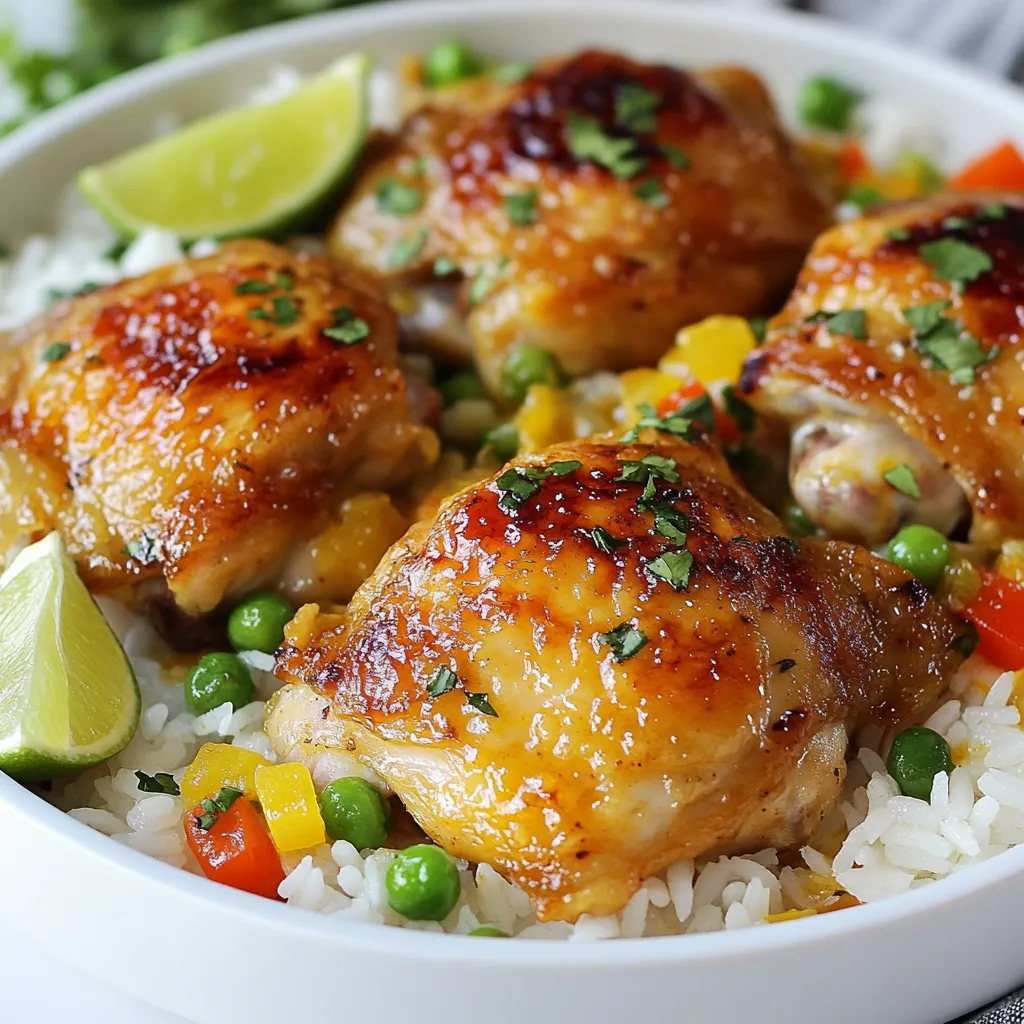 - 4 chicken thighs, bone-in and skin-on - 1 cup long-grain white rice - 2 cups chicken broth - 1 medium onion, finely chopped - 4 cloves garlic, minced - 1 red bell pepper, diced - 1 cup peas (fresh or frozen) - 2 tablespoons aji amarillo paste (or substitute with mild chili paste) - 1 teaspoon cumin - 1 tablespoon paprika - Salt and pepper to taste - 2 tablespoons olive oil - Fresh cilantro, chopped for garnish - Lime wedges for serving Peruvian chicken and rice shines with its bold flavors. The key ingredient is aji amarillo paste. This bright yellow chili adds heat and a fruity taste. It gives the dish its unique flair. Cumin and paprika also play a big role. They add warmth and depth to the dish. Fresh ingredients, like garlic and onion, build the base flavor. Don't skip the lime! Its tangy zest brings brightness. When picking chicken, choose thighs with smooth skin. The meat should feel firm. Look for vibrant, free-range options. For rice, long-grain white rice is best. Check for shiny grains without any broken pieces. Fresh vegetables should be crisp and colorful. Pick onions that feel heavy for their size. Choose red bell peppers that are firm and shiny. If using peas, fresh is great, but frozen works well too. Always opt for the freshest ingredients for the best taste! {{ingredient_image_1}} To start, grab a bowl. Add the chicken thighs, aji amarillo paste, cumin, paprika, salt, and pepper. Mix them well. This step infuses the chicken with great flavor. Let it marinate for at least 30 minutes. If you have time, marinating longer helps deepen the taste. First, heat olive oil in a large skillet on medium-high heat. Place the marinated chicken thighs skin-side down in the hot oil. Sear them for about 5-7 minutes until golden brown. Then, flip the chicken and cook for another 5 minutes. Remove the chicken and set it aside. Next, in the same skillet, toss in chopped onion, minced garlic, and diced red bell pepper. Sauté them until the onion turns translucent. This should take about 4-5 minutes. After that, stir in the long-grain rice. Make sure it coats well with the oil for about 2 minutes. Now, pour in the chicken broth and bring it to a simmer. Nestle the seared chicken back into the skillet, skin-side up. Cover tightly and reduce the heat to low. Let it cook for 20-25 minutes until the rice is tender and has absorbed most of the liquid. Five minutes before the cooking time ends, add the peas. Cover again to let them steam with the rice. Once everything is cooked, turn off the heat. Let it sit covered for 5 minutes. This helps the flavors meld together. Fluff the rice with a fork and sprinkle fresh cilantro on top. Serve warm with lime wedges for squeezing on your meal. Enjoy! To make rice that is fluffy and tender, follow these steps: - Rinse the rice before cooking. This removes excess starch. - Use the right rice-to-broth ratio, which is 1 cup of rice to 2 cups of broth. - Bring the broth to a boil before adding the rice. This helps it cook evenly. - Once you add the rice, stir it only once. This keeps the grains separate. - Cover the pot tightly and lower the heat to simmer. This traps steam for even cooking. - Let the rice sit covered for a few minutes after cooking. This helps it finish cooking. Marinating chicken adds depth and taste. Here’s how to do it right: - Use aji amarillo paste, cumin, and paprika for a classic Peruvian flavor. - Mix these spices with salt and pepper. This gives the chicken a nice kick. - Let the chicken sit in the marinade for at least 30 minutes. Longer is better for flavor. - If you can, marinate overnight in the fridge. This allows the flavors to soak in deeply. - Always save some marinade to add to the rice. It brings all the flavors together. Avoid these common errors to ensure your chicken and rice turn out great: - Don’t skip rinsing the rice. This can make it sticky. - Don’t overcrowd the pan when searing chicken. This prevents browning. - Avoid cooking on high heat after adding broth. This can burn the rice. - Don’t lift the lid while cooking the rice. This releases steam and affects texture. - Forgetting to add in the peas at the right time can lead to overcooked veggies. These tips will help you create a flavorful and satisfying Peruvian chicken and rice dish. Enjoy your cooking! Pro Tips Marinating Time Matters: The longer you let the chicken marinate, the more flavor it will absorb. Aim for at least 1 hour if possible. Don’t Rush the Sear: Allow the chicken to sear properly without moving it too soon. This will help achieve a crispy skin. Check Rice Doneness: If the rice is not fully cooked but the liquid is absorbed, add a splash of water and cover to steam. Fresh Herbs for Flavor: Adding fresh cilantro right before serving enhances the dish's freshness and vibrancy. {{image_2}} You can swap out some ingredients if you can't find them. For the chicken thighs, use chicken breasts. They cook faster but will still taste great. If you can't find aji amarillo paste, try mild chili paste. It gives a different flavor, but it works well. Instead of chicken broth, use vegetable broth for a lighter taste. You can also replace the long-grain rice with jasmine rice. It adds a nice aroma to the dish. You can make a vegetarian or vegan version easily. Instead of chicken, use firm tofu or tempeh. Cut them into cubes and sauté them like the chicken. Use vegetable broth instead of chicken broth. For the rice, add more veggies, like carrots or zucchini. This adds color and taste. You can also use chickpeas for extra protein. Peruvian chicken and rice can change based on the region. In the coastal areas, people often add seafood, like shrimp. This makes the dish lighter with a different flavor. In the mountains, they might use local spices and herbs. They often add potatoes for a heartier meal. Each region brings its own twist, making this dish exciting and diverse. To store leftovers, let the dish cool down first. Place the chicken and rice in an airtight container. You can keep it in the fridge for up to three days. Make sure to seal it well to keep out air. This way, the flavors stay fresh. When you want to enjoy your leftovers, reheat them on the stove or in the microwave. If you use the stove, add a splash of chicken broth for moisture. Stir it over medium heat until hot. If using the microwave, cover the dish with a lid or a damp paper towel. Heat in short bursts, checking often so it heats evenly. Freezing is great for long-term storage. Portion the chicken and rice into smaller containers. Leave some space at the top for expansion. Wrap the containers tightly with plastic wrap and then foil. This keeps the food safe from freezer burn. You can freeze it for up to three months. When ready to eat, thaw in the fridge overnight and reheat as mentioned before. Peruvian Chicken and Rice comes from Peru. It blends various flavors from the country. The dish features spices and sauces common in Peruvian cooking. Aji amarillo, a yellow chili pepper, gives it a unique taste. Peru's diverse culture influences this dish, mixing native and Spanish flavors. It's a comfort food for many Peruvians, enjoyed for family meals. Yes, you can make Peruvian Chicken and Rice in a pressure cooker. Start by marinating the chicken as usual. Sear the chicken in the pressure cooker with olive oil. After browning, take the chicken out and sauté the onion, garlic, and bell pepper. Add the rice and broth, then nestle the chicken back in. Cook on high pressure for about 8-10 minutes. Let the pressure release naturally for best results. Add peas at the end, and let them steam with the rice for flavor. To adjust the recipe for more servings, increase each ingredient. For every four servings, add more chicken, rice, and broth. Keep the same ratios for spices and vegetables. If you want to serve eight, double the ingredients. Remember to use a larger pot to fit everything. Cooking time may change slightly, so check the rice for doneness. You’ve learned about key ingredients in Peruvian chicken and rice and how to use them. We covered steps for cooking, tips for perfect rice, and common mistakes. Remember, you can adapt this dish with various substitutes. Store leftovers smartly to enjoy later. This dish is not just food; it’s a taste of Peru’s rich culture. Embrace these tips and make a meal that delights everyone. Now, get cooking and enjoy this flavorful journey!