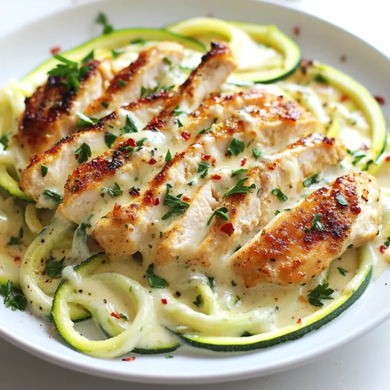 - 2 medium zucchinis, spiralized into noodles - 1 pound boneless, skinless chicken breast, sliced thin - 1 cup heavy cream - 1 cup grated Parmesan cheese - 2 tablespoons olive oil - 3 cloves garlic, minced - 1 teaspoon Italian seasoning - Salt and pepper to taste - Fresh parsley, chopped (for garnish) - Red pepper flakes (optional, for a kick) Zucchini noodles are a great base for this dish. They are light and fun to eat. You can make them using a spiralizer or a vegetable peeler. For this recipe, I use two medium zucchinis. Their mild taste pairs well with the creamy sauce. Next, the chicken breast brings protein and flavor. I slice one pound of boneless, skinless chicken into thin pieces. This way, it cooks quickly and evenly. Heavy cream is key for a rich sauce. I use one cup, which makes the dish creamy and smooth. The Parmesan cheese adds a salty kick and depth of flavor. Grating one cup gives the best melt and taste. To add flavor, I use two tablespoons of olive oil for cooking. Garlic adds a nice aroma. I use three cloves, minced. Italian seasoning brings herbs together, creating a nice blend. Salt and pepper help enhance all the flavors. I add them to taste. Fresh parsley adds a pop of color and freshness at the end. Red pepper flakes are optional if you want some heat. They can give a nice kick to the dish. With these ingredients, you'll create a flavorful Zucchini Noodle Chicken Alfredo that stands out! {{ingredient_image_1}} To start, grab your spiralizer. Use it to turn 2 medium zucchinis into fun noodles. If you don’t have a spiralizer, just use a vegetable peeler. Make thin, ribbon-like strips. This gives you a nice texture. After spiralizing, set the noodles aside. They will soak up the flavor later. Now, let's cook the chicken. Take 1 pound of boneless, skinless chicken breast. Slice it thin to help it cook faster. Heat a large skillet over medium heat. Add 2 tablespoons of olive oil. Once the oil is hot, add the chicken slices. Season with salt, pepper, and 1 teaspoon of Italian seasoning. Cook for 5 to 7 minutes. Look for that golden-brown color. When done, remove the chicken and set it aside. In the same skillet, add 3 cloves of minced garlic. Sauté for about 1 minute. This makes the kitchen smell amazing! Next, pour in 1 cup of heavy cream. Stir it well and bring it to a gentle simmer. When it bubbles, slowly add 1 cup of grated Parmesan cheese. Keep stirring until it melts and gets smooth. If it’s too thick, add a splash of water or chicken broth. Time to combine everything! Add the cooked chicken back into the skillet. Then, toss in the zucchini noodles. Cook for about 2 to 3 minutes. You want the noodles to be tender but still crisp. Mix well so all the noodles are coated in that creamy sauce. Give it a taste and adjust with more salt, pepper, or red pepper flakes if you like a kick. Finally, add some freshly chopped parsley for a nice touch! To make perfect zucchini noodles, choose firm zucchinis. Look for ones that are straight and not too large. When spiralizing, keep the zucchini steady. This helps create even noodles. If you don't own a spiralizer, use a vegetable peeler. Just peel long strips to mimic noodles. Aim for thin ribbons for the best texture. For juicy chicken, slice it thin. This allows it to cook evenly and quickly. Heat the olive oil in the skillet before adding the chicken. Season it with salt, pepper, and Italian seasoning. Cook until it is golden brown. This gives depth to the chicken's flavor. Make sure to remove it from the heat when done to keep it moist. When making the Alfredo sauce, watch the thickness. If it becomes too thick, add water or chicken broth. Stir it in slowly to reach your desired texture. A creamy sauce coats the noodles better. If you want a bit of kick, sprinkle in red pepper flakes. This adds a touch of heat without overpowering the dish. Pro Tips Use Fresh Zucchini: Fresh zucchini will give you the best texture and flavor. Choose firm zucchinis with smooth skin for optimal results. Adjust Sauce Thickness: If your Alfredo sauce is too thick, add a splash of pasta water or chicken broth to achieve the desired consistency. Season to Taste: Always taste and adjust seasoning at the end. This ensures the dish is flavorful and tailored to your preference. Garnish for Flair: A sprinkle of fresh parsley or a dash of red pepper flakes not only adds color but also enhances the overall flavor profile of the dish. {{image_2}} You can make this dish even healthier by adding more vegetables. Try bell peppers, spinach, or broccoli. These veggies add color, crunch, and nutrients. Just sauté them in the skillet before adding the chicken. This way, you get a tasty mix of flavors and health benefits. If you want a change, you can swap chicken for other proteins. Shrimp or tofu works great in this dish. Cook shrimp until pink, or sauté tofu cubes until golden. Both add their own unique flavor. This keeps your meals exciting and gives you more options. To make this dish vegan or dairy-free, replace the cream and cheese. Use coconut cream for a rich taste. Nutritional yeast is a fantastic cheese substitute. It adds a cheesy flavor without any dairy. You can still enjoy a creamy texture while keeping it plant-based. To keep your Zucchini Noodle Chicken Alfredo fresh, place it in an airtight container. Make sure it cools down first. Store it in the fridge for up to three days. If you want to keep it longer, consider freezing it. When you are ready to eat your leftovers, reheat them gently. You can use a microwave or a skillet. If using a microwave, heat in short bursts, stirring in between. If using a skillet, add a splash of water or broth to help with moisture. Heat until warmed through, about 5 minutes. Freezing this dish can change the texture of the zucchini noodles. For best results, freeze the chicken and sauce separately from the noodles. Use freezer-safe bags or containers. Label them with the date. You can freeze them for up to three months. When ready to eat, thaw in the fridge overnight and reheat as mentioned above. Yes, you can use regular pasta. However, zucchini noodles add a fresh twist. They are lower in carbs and calories. If you prefer pasta, choose your favorite type. Just cook it according to the package instructions. To make this dish gluten-free, use gluten-free pasta. You can also stick with zucchini noodles. Always check labels on sauces and cheese to ensure they are gluten-free. This way, you avoid gluten without losing flavor. Zucchini Noodle Chicken Alfredo is a healthier option. It has fewer carbs than traditional pasta. You get added nutrients from zucchini. The dish has protein from chicken and calcium from cheese. Use less heavy cream for a lighter sauce. Cooking zucchini noodles takes about 2-3 minutes. You want them slightly tender but still firm. Overcooking makes them mushy, which isn’t ideal. Just toss them in the sauce until they are warm. This post covered how to make Zucchini Noodle Chicken Alfredo. We explored the ingredients, with options for variations and nutrition tips. You learned to prepare zucchini, cook chicken, and make a creamy sauce. I shared storage methods and answers to common questions. Embrace this dish for its tasty flavors and healthy benefits. It’s simple, fun, and perfect for any meal. Try it out and enjoy your creation!