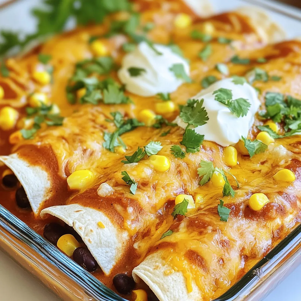 - 2 cups black beans, rinsed and drained - 1 cup corn kernels (fresh or frozen) - 1 cup shredded cheese (cheddar or Mexican blend) - 1/2 cup diced red onion - 1 teaspoon ground cumin - 1 teaspoon garlic powder - 1 teaspoon chili powder - 8 small corn tortillas - 2 cups enchilada sauce (store-bought or homemade) When making bean and cheese enchiladas, the right ingredients set the stage. Black beans offer a rich texture full of protein. Corn kernels add a sweet crunch that balances the dish. Cheese melts beautifully, giving a creamy finish. Diced red onion gives a sharp kick that wakes up your taste buds. Seasoning is key to flavor. Ground cumin brings warmth and depth. Garlic powder adds savory notes. Chili powder gives a gentle heat that enhances each bite. For the tortillas, I prefer corn. They hold up well and provide a classic taste. The enchilada sauce is vital. You can use store-bought for speed or make your own for a personal touch. Just remember, the right sauce ties everything together! {{ingredient_image_1}} 1. Preheat your oven to 375°F (190°C). This step helps the enchiladas cook evenly. 2. In a large bowl, mix the following: - 2 cups black beans, rinsed and drained - 1 cup corn kernels - 1/2 cup diced red onion - 1 teaspoon ground cumin - 1 teaspoon garlic powder - 1 teaspoon chili powder - Half of the 1 cup shredded cheese Stir well to combine all the tasty ingredients. 1. Heat a skillet over medium heat. Lightly toast each tortilla for about 30 seconds on each side. This makes them soft and easy to roll. 2. Take a warmed tortilla and spoon a good amount of the bean and cheese mixture in the center. Roll it up tight and place it seam-side down in a baking dish. Repeat with the rest of the tortillas. 1. Pour 2 cups of enchilada sauce over the rolled enchiladas. Make sure they are well-covered. 2. Sprinkle the remaining cheese on top. 3. Bake in the oven for 20-25 minutes. Look for melted and bubbly cheese as a sign they are ready. How to avoid tearing tortillas To stop your tortillas from tearing, warm them first. Heat a skillet over medium heat. Place each tortilla in the skillet for about 30 seconds per side. This softens them and makes rolling easy. Do not skip this step. It helps keep your enchiladas intact. Best practices for even cheese melting Use a mix of cheeses for the best melt. I recommend cheddar or a Mexican blend. Spread cheese evenly on top of the enchiladas. This way, every bite is cheesy. Bake until the cheese is bubbly and golden. This takes about 20 to 25 minutes at 375°F (190°C). Suggestions for additional spices Want to amp up the flavor? Add spices like smoked paprika or cayenne. A pinch of oregano also gives depth. Feel free to experiment with your favorite spices. This will make your enchiladas unique and tasty. Using fresh ingredients for better taste Fresh ingredients make a big difference. Use ripe tomatoes and fresh cilantro. Fresh corn adds sweetness and crunch. The more fresh ingredients you use, the better your dish will taste. Don't settle for bland; go fresh! Ideal accompaniments Serve your enchiladas with sour cream and guacamole. These add creaminess and richness. A side of Mexican rice or a fresh salad works well too. They balance the flavors and make the meal complete. Presentation tips For a beautiful plate, stack your enchiladas in a row. Drizzle enchilada sauce over the top. Sprinkle with more cheese and fresh cilantro. A colorful presentation makes the dish more inviting. Remember, we eat with our eyes first! Pro Tips Use Fresh Ingredients: For the best flavor, opt for fresh corn and ripe tomatoes when making your enchiladas. Customize Your Heat: Adjust the chili powder to your taste; add more for extra spice or use a milder blend for a gentler flavor. Experiment with Cheese: Try different types of cheese such as Monterey Jack or pepper jack for a unique twist on the classic recipe. Add Vegetables: Enhance the filling by including diced bell peppers or zucchini for added nutrition and texture. {{image_2}} You can get creative with your bean and cheese enchiladas. Here are some fun ideas for fillings: - Additional beans: Try pinto beans or kidney beans. Each offers a unique flavor and texture. - Protein options: Add cooked chicken, ground beef, or tofu for more protein. These choices make the dish heartier. - Vegetables: Consider adding spinach, bell peppers, or zucchini. These veggies boost nutrition and add color. If you have dietary needs, you can still enjoy enchiladas: - Gluten-free options: Use corn tortillas labeled gluten-free. You can also make your own from masa harina. - Dairy-free cheese substitutes: Use almond-based or soy-based cheese. These options melt well and taste great. The sauce can change your enchilada game. Here are some options: - Homemade enchilada sauce: Combine 1 can of tomato sauce, 1 teaspoon of chili powder, and 1 teaspoon of cumin. Simmer this mix for a tasty sauce. - Alternative sauces to try: Consider green salsa or mole sauce. Each brings a new flavor twist to your dish. Experimenting with these variations keeps your enchiladas exciting and delicious! To store leftover enchiladas, place them in an airtight container. This keeps them fresh and safe to eat. You can also cover the dish tightly with foil or plastic wrap. When stored properly, enchiladas stay good in the fridge for 3 to 4 days. Make sure to let them cool down before putting them in the fridge. To freeze enchiladas, wrap each one tightly in plastic wrap. Then, place them in a freezer-safe bag or container. This helps prevent freezer burn. You can freeze them for up to 2 months. When ready to eat, thaw them in the fridge overnight. Reheat them in an oven at 350°F (175°C) for 20 to 25 minutes, until heated through. Leftover enchiladas can be a fun base for new meals. You can chop them up and mix them into a salad. They also make a great filling for burritos or quesadillas. Another idea is to blend them into a hearty soup. This way, you can enjoy the flavors in different ways without wasting food. You can use pinto beans or kidney beans instead of black beans. Both options work well. Pinto beans have a creamy texture and mild taste. Kidney beans add a slightly sweet flavor and a firmer bite. You can even try lentils for a new twist. Each bean will change the dish's taste and texture, so choose what you enjoy. Yes, you can prep enchiladas ahead of time. Start by making the filling and rolling them in tortillas. Place the rolled enchiladas in a baking dish. Cover the dish with plastic wrap or foil. Store it in the fridge for up to 24 hours. When ready to bake, pour the sauce over them and heat as normal. To make simple enchilada sauce, mix the following: - 2 tablespoons of oil - 2 tablespoons of flour - 1 teaspoon of chili powder - 1 can of tomato sauce - 1 cup of vegetable broth Cook the oil and flour in a pan to make a roux. Stir in the chili powder, then add the tomato sauce and broth. Simmer for 10 minutes. You can customize it by adding garlic, onion, or spices like cumin for extra flavor. You learned how to make tasty enchiladas with simple ingredients. First, gather black beans, corn, cheese, and onions. Then mix spices like cumin and chili powder. Assemble the dish using tortillas and your choice of sauce. Don’t forget the tips to avoid tearing tortillas and enhance flavor. In the end, these enchiladas are easy to customize. You can try different fillings or sauces. Whether it’s for dinner or leftovers, these enchiladas will impress anyone. Enjoy your cooking adventure!