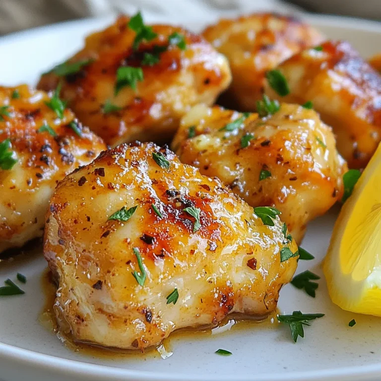 - 1 pound boneless, skinless chicken breasts - 4 tablespoons unsalted butter - 5 cloves garlic, minced - 1 teaspoon smoked paprika - 1 teaspoon Italian seasoning - Salt and pepper to taste - Juice of 1 lemon - 2 tablespoons fresh parsley, chopped The key to great garlic butter chicken bites starts with simple, fresh ingredients. You need chicken that is both tender and juicy. I prefer boneless, skinless chicken breasts. They cook evenly and absorb all the flavors. Butter is essential for richness. Unsalted butter gives you control over the salt level. Use fresh garlic for the best taste. It adds a bold flavor that makes this dish shine. Smoked paprika brings warmth, while Italian seasoning adds depth. Always season with salt and pepper. This enhances all the flavors. The juice of one lemon adds a bright note. It balances the richness of the butter. For the final touch, fresh parsley adds a pop of color. It also gives a fresh taste. When you chop it, make sure it's fine for even distribution. With these ingredients, you're ready to make a dish that is both juicy and full of flavor! {{ingredient_image_1}} 1. Melt the butter in a skillet Start with a large skillet. Place it on medium-high heat. Add four tablespoons of unsalted butter. Wait until the butter melts and starts to foam. This step builds a rich flavor base. 2. Sauté minced garlic Next, add five cloves of minced garlic to the skillet. Sauté the garlic for about 30 seconds. You want it fragrant but not burnt. Stir it gently as it cooks. 3. Add chicken and seasonings Now, toss in one pound of bite-sized chicken pieces. Sprinkle in a teaspoon of smoked paprika, a teaspoon of Italian seasoning, and season with salt and pepper. Stir well to coat the chicken evenly with those flavors. 4. Cook until golden brown Cook the chicken for about 8 to 10 minutes. Stir occasionally, watching for it to turn golden brown. Make sure the internal temperature reaches at least 165°F (75°C). This ensures the chicken is safe to eat. 5. Add lemon juice and combine Squeeze the juice of one lemon over the cooked chicken. Stir to combine everything well. Let the flavors meld together for an extra minute on the heat. 6. Garnish and serve Remove the skillet from the heat. Garnish with two tablespoons of chopped fresh parsley. Now, your garlic butter chicken bites are ready to enjoy! To make tender chicken bites, start with fresh, high-quality chicken. Cut the chicken into even pieces. This helps it cook evenly. Make sure your skillet is hot before adding the butter. Choose a heavy skillet for best results. Non-stick or cast iron works well. For side dishes, I love pairing these bites with steamed broccoli or rice. You can also serve them with a fresh salad. For presentation, use a large platter. Drizzle extra garlic butter over the chicken. Scatter chopped parsley on top for color. This makes the dish look inviting. Avoid burning the garlic. Cook it just until fragrant, about 30 seconds. Overcooking will make it bitter. Also, check the chicken's internal temperature. It should reach 165°F (75°C). Using a meat thermometer ensures safety and doneness. Pro Tips Use Fresh Garlic: Freshly minced garlic will provide a more robust flavor compared to pre-minced varieties. Always opt for fresh for the best taste! Check Chicken Temperature: Ensure that the chicken is cooked to an internal temperature of 165°F (75°C) for food safety and optimal tenderness. Let It Rest: After cooking, allow the chicken to rest for a few minutes before serving. This helps the juices redistribute, making the chicken more succulent. Pair with Fresh Herbs: Fresh herbs like basil or thyme can enhance the dish's flavor. Feel free to experiment with different herbs as a garnish! {{image_2}} You can make garlic butter chicken bites even tastier. Try adding fresh herbs like thyme or rosemary. These herbs add a nice twist. You can also experiment with spices. A pinch of cayenne pepper gives a nice kick. If you want a different protein, swap chicken for shrimp or tofu. Shrimp cooks fast and absorbs flavors well. Tofu is a great choice for a plant-based option. Just make sure you press it to remove extra water. You can cook garlic butter chicken bites in different ways. Baking them in the oven is easy. Preheat your oven to 400°F (200°C). Place the chicken on a baking sheet. Bake for about 15-20 minutes. The bites will be crispy and flavorful. Using an air fryer is another great method. Set the air fryer to 375°F (190°C). Cook the chicken bites for about 10-12 minutes. This method keeps them juicy with a nice crunch. If you need gluten-free options, use gluten-free soy sauce instead of regular. This keeps the flavor while making it safe for gluten-sensitive folks. For low-carb diets, skip the rice and serve the chicken over a salad instead. You can add fresh veggies for extra crunch and nutrients. These adjustments help you enjoy the dish while sticking to your diet. To keep your garlic butter chicken bites fresh, place them in an airtight container. Make sure they cool down before sealing. The chicken will last in the fridge for up to three days. This helps retain the flavor and moisture. When you’re ready to enjoy the leftovers, I recommend using a skillet. Heat a little butter over low heat, then add the chicken. Stir gently to avoid drying it out. You can also use a microwave, but cover the dish with a damp paper towel. This keeps the chicken moist while reheating. To freeze your garlic butter chicken bites, first, let them cool completely. Then, place them in a freezer-safe bag or container. Make sure to remove as much air as possible. They can stay in the freezer for up to three months. When you’re ready to eat, thaw them overnight in the fridge. Cook them on the stovetop until heated through for the best results. You can tell the chicken is fully cooked by checking its internal temperature. Use a meat thermometer to check the thickest part of the chicken. It should read at least 165°F (75°C). This ensures the chicken is safe to eat. If you don’t have a thermometer, cut into a piece. The meat should be white, not pink. Yes, you can make garlic butter chicken bites ahead of time. Cook the chicken bites and let them cool completely. Place them in an airtight container. You can store them in the fridge for up to three days. For longer storage, you can freeze them. Just make sure to thaw them in the fridge before reheating. Garlic butter chicken bites pair well with many sides. You can serve them with steamed vegetables like broccoli or green beans. Rice is also a great choice; it soaks up the garlic butter nicely. A fresh salad with a light dressing complements the dish well. Try serving with mashed potatoes for a comforting meal. You now know how to make garlic butter chicken bites. We covered the main ingredients, step-by-step instructions, and helpful tips. You learned about variations, storage, and common mistakes to avoid. Armed with this info, you can cook up a tasty dish every time. Try it out, and don’t be afraid to experiment. Your perfect meal is just a recipe away! Enjoy your cooking, and share this delicious dish with friends and family!