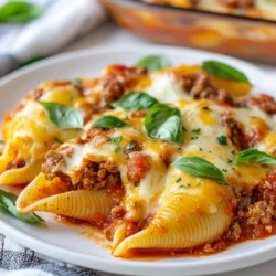 - 12 jumbo pasta shells - 1 pound ground beef - 1 cup ricotta cheese - 1 cup mozzarella cheese, shredded - 1/2 cup Parmesan cheese, grated - 1 egg - 2 cups marinara sauce - 2 cloves garlic, minced - 1 teaspoon Italian seasoning - Salt and pepper to taste - Fresh basil leaves for garnish You need jumbo pasta shells for this dish. They hold the filling well and taste great. Ground beef is the star of this meal. It gives a hearty flavor and pairs well with cheese. Ricotta cheese adds creaminess to the filling. Mozzarella cheese melts beautifully, adding a nice stretch. Parmesan cheese gives a salty kick to the mix. Don’t forget the egg. It helps bind the filling. Marinara sauce adds a rich tomato flavor. Minced garlic boosts the taste with a bit of zing. Italian seasoning brings herbs into the mix. Salt and pepper enhance all the flavors. Fresh basil leaves add a nice touch when serving. Gather these ingredients for a tasty stuffed shells dish. Each one plays a crucial role in making this meal delicious and satisfying. Enjoy the process of cooking and the joy it brings to your table! {{ingredient_image_1}} - Boil the pasta shells in a large pot with salted water. - Cook them until they are al dente. This takes about 10 minutes. - Drain the shells and set them aside on a clean surface. - In a skillet, brown the ground beef over medium heat. It should take about 5 to 7 minutes. - Once the beef is brown, add minced garlic. - Season with salt, pepper, and Italian seasoning. Cook for an extra 1 to 2 minutes. - In a mixing bowl, combine the cooked beef, ricotta, half of the mozzarella, Parmesan, and egg. - Mix everything well until fully blended. - Carefully stuff each shell with the beef and cheese mixture. - Spread half of the marinara sauce at the bottom of a baking dish. - Place the stuffed shells in a single layer on top of the sauce. - Pour the remaining marinara sauce over the shells. - Sprinkle the rest of the mozzarella cheese on top. - Cover the dish with aluminum foil and bake in the preheated oven at 375°F (190°C) for 25 minutes. - After 25 minutes, remove the foil. Bake for an additional 10 minutes. - The cheese should be bubbly and golden when done. - Once baked, let the dish sit for a few minutes. Add fresh basil leaves for garnish before serving. - Cooking pasta to al dente: Cook the jumbo shells just until they are firm. This way, they won’t break when you stuff them. Al dente pasta holds its shape well and adds a nice bite to your dish. - Avoid overstuffing: Stuff each shell with just enough filling. Too much filling can cause the shells to burst during baking. Aim for a generous but controlled amount for the best result. - Use fresh herbs: Fresh basil or parsley can brighten your dish. Add them to the filling or sprinkle on top before serving. Fresh herbs add great flavor and a pop of color. - Experiment with different cheeses: Try using provolone or goat cheese. Mixing cheeses can create new flavors. Don’t be afraid to mix it up for a unique taste. - Pair with garlic bread or salad: Garlic bread adds a crunchy contrast. A fresh salad provides a light side to balance the meal. Together, they make a complete dinner. - Best wine pairings: A medium-bodied red wine like Chianti works well. It complements the beef and marinara sauce nicely. Enjoy with a glass to elevate your meal experience. Pro Tips Perfect Pasta Texture: Make sure to cook the jumbo shells until al dente. They will continue to cook when baked, ensuring they don’t become mushy. Cheese Variations: Feel free to customize the cheese blend! Adding a bit of goat cheese or cheddar can elevate the flavor profile. Extra Flavor Boost: Sauté some chopped onions or bell peppers with the ground beef for added flavor and nutrition. Make Ahead: You can assemble the stuffed shells a day in advance and store them in the fridge. Just add a few extra minutes to the baking time when you're ready to cook! {{image_2}} You can switch up the meat in stuffed shells for a new twist. Ground turkey or chicken works well. These meats are leaner but still rich in flavor. Use the same amount as the ground beef. Italian sausage is another great option. It adds a nice spice and depth to the dish. You can mix it with the ground beef for extra flavor. Just remember to adjust the seasonings for a balanced taste. If you want a meatless option, try a spinach and cheese filling. Mix fresh spinach with ricotta and some herbs. This filling is creamy and tasty. Another good choice is a mushroom and ricotta combination. Sauté mushrooms until soft, then mix them with ricotta cheese. This adds a nice earthy flavor to your shells. Both options are hearty and satisfying. The sauce can change the whole dish. Alfredo sauce is a rich, creamy choice. It pairs well with the cheesy filling. You can layer it with marinara for a unique flavor combo. Adding different cheeses on top can also enhance the taste. Try mixing in provolone or gouda for a new twist. These cheeses melt beautifully and add depth to your meal. To keep your stuffed shells fresh, you should store them right. - Refrigeration tips: Place leftovers in an airtight container. They stay good in the fridge for up to three days. Make sure to cool them down first before sealing. - Freezing guidelines: If you want to save them longer, freeze the stuffed shells. Use a freezer-safe container or wrap them tightly in plastic wrap. They can last up to three months in the freezer. When you are ready to enjoy your leftovers, reheating is key. - Best methods for reheating: The oven works best for even heating. Preheat the oven to 350°F (175°C). Cover the dish with foil to keep moisture in. Heat for about 20 minutes. - Oven vs microwave: The microwave is quicker but may not heat evenly. If using the microwave, place on a microwave-safe plate. Heat in short bursts, stirring in between. This way, you avoid cold spots. Yes, you can prep stuffed shells ahead of time. This makes dinner easy. You can stuff the shells and place them in a baking dish. Cover them tightly with plastic wrap or foil. Keep them in the fridge for up to 24 hours. This way, you save time on busy nights. Stuffed shells need to bake for a total of 35 minutes. First, cover the dish with foil and bake for 25 minutes. Then, remove the foil and bake for 10 more minutes. This helps the cheese get bubbly and golden. Make sure to watch them closely in the last few minutes to avoid burning. You can substitute cheese in this recipe. If you want a different taste, try goat cheese or feta cheese. You can also use ricotta alternatives like cottage cheese. For a dairy-free option, look for vegan cheese. Just make sure it melts well for the best flavor. Stuffed shells are a tasty dish filled with ground beef, cheese, and herbs. I shared steps to cook them easily, like boiling pasta and preparing fillings. Remember to keep your shells al dente and play with flavors to make them your own. Whether you try different meats or go vegetarian, there’s a version for everyone. Store any leftovers properly and enjoy them later. With these tips, you can create delicious stuffed shells that impress your family and friends. Happy cooking!