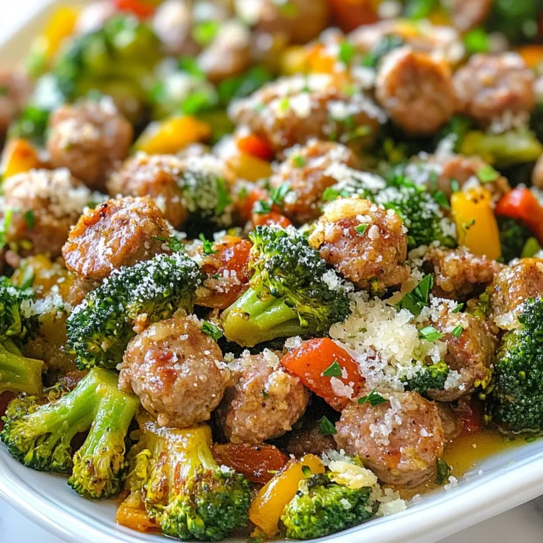 - 1 pound Italian sausage (mild or spicy) - 4 cups fresh broccoli florets - 1 medium onion, sliced - 3 cloves garlic, minced - 1 red bell pepper, sliced - 1 tablespoon olive oil - 1 teaspoon red pepper flakes (optional) - Salt and pepper to taste - ½ cup grated Parmesan cheese - Fresh parsley, chopped (for garnish) This dish starts with hearty Italian sausage. You can choose mild or spicy based on your taste. The sausage gives the meal a rich flavor. Fresh broccoli florets add color and nutrition. They also cook quickly, keeping their crunch. The onion adds sweetness and depth. Next, we have garlic and red bell pepper. Garlic brings a strong aroma, and red bell pepper gives a sweet taste. Olive oil is key for sautéing and helps the ingredients blend well. For seasoning, red pepper flakes can add heat. You can skip these if you prefer a milder dish. Salt and pepper are must-haves to enhance the flavors. Finally, we top with Parmesan cheese. Its salty flavor melts beautifully into the dish. Don't forget fresh parsley for a pop of color and freshness! This mix of ingredients is simple yet packed with flavor. It’s a great way to enjoy a healthy meal in under 30 minutes. Now you are ready to create a delicious sausage and broccoli skillet! {{ingredient_image_1}} - Heat olive oil in a large skillet over medium heat. - Crumble and brown Italian sausage for 5-7 minutes. Start by warming the olive oil. This helps to create a nice base for our sausage. When the oil shimmers, it’s time to add the sausage. Remove the casing from the Italian sausage first. Crumbling it into the pan makes it cook evenly. Keep stirring until the sausage turns a nice brown. This step adds flavor to the dish. - Sauté sliced onion, red bell pepper, and minced garlic for 3-4 minutes. - Stir in broccoli florets with a splash of water and cover for 5-6 minutes. Once the sausage is browned, add sliced onion, red bell pepper, and minced garlic. Sauté these for about 3-4 minutes. This softens the veggies and brings out their sweetness. Next, add the broccoli florets. Pour in a small splash of water to help steam them. Cover the skillet with a lid. Let it cook for 5-6 minutes until the broccoli is bright green and tender. - Remove lid, add red pepper flakes, salt, and pepper. - Sprinkle Parmesan cheese, combine and heat through for 2 minutes. After the broccoli is cooked, take off the lid. Add red pepper flakes for some heat. Season with salt and pepper to your taste. Then, sprinkle grated Parmesan cheese over everything. Stir well to combine. Heat it for another 2 minutes until the cheese melts and everything is warm. This final touch makes the dish creamy and delicious. To prevent sausage from sticking, start with a hot skillet. Heat your olive oil first. Then, add the crumbled sausage. This helps create a nice sear quickly. Stir often for even cooking. If it does stick, use a wooden spoon to scrape it off. To ensure broccoli stays vibrant, do not overcook it. Add the broccoli florets when your other veggies are tender. A splash of water helps steam it quickly. Cover the skillet and cook for only 5-6 minutes. This keeps the bright color and crunchy texture. For side dishes, I recommend serving rice or crusty bread. They pair well with the bold flavors of this dish. You can also serve it with a light salad for freshness. Consider a simple green salad with lemon dressing. Wine pairings can elevate your meal. A crisp white wine like Sauvignon Blanc works great. If you prefer red, try a light Pinot Noir. Both wines balance the rich flavors of the sausage. For healthier options, you can substitute the sausage. Ground turkey or chicken works well. You can also try plant-based sausage for a meatless meal. These options reduce fat but keep the taste. Adding more veggies boosts nutrition. Consider bell peppers, carrots, or snap peas. These add color and fiber. Plus, they complement the flavors without overpowering the dish. Pro Tips Use Fresh Ingredients: Fresh broccoli and quality Italian sausage will enhance the flavor and texture of your dish, making it more vibrant and delicious. Adjust Spice Levels: If you prefer less heat, reduce or omit the red pepper flakes. You can always add more spice later if desired. Experiment with Cheese: While Parmesan is classic, try using other cheeses like mozzarella or pecorino for a different flavor profile. Meal Prep Friendly: This dish can be prepped in advance. Store cooked sausage and veggies in the fridge for a quick and easy meal later in the week. {{image_2}} You can swap the Italian sausage for chicken or turkey. These meats are leaner and still tasty. Just make sure to cook them well. For a plant-based option, try using lentils or chickpeas. They add fiber and protein without meat. You can even use store-bought vegan sausage for a quick fix. If you want more heat, try using jalapeños or serrano peppers. These will give your dish a nice kick. For milder flavors, skip the red pepper flakes. Instead, try sweet paprika or smoked paprika. These spices can add depth without burning your tongue. You can also make this dish in the oven. Just place everything in a baking dish and roast at 400°F for 25-30 minutes. For a slow cooker, combine all the ingredients and cook on low for 4-6 hours. This allows the flavors to blend well. If you want easy cleanup, use a one-pan method. Cook all ingredients in one skillet and enjoy less mess. To store leftovers, you should cool the dish to room temperature first. This helps keep the food fresh. Place the Sausage and Broccoli Skillet in an airtight container. This will prevent moisture loss. You can store it in the fridge for up to three days. If you want to enjoy it later, remember to label your container with the date. You can freeze this skillet meal too! First, let it cool down completely. Then, transfer it into a freezer-safe bag or container. Squeeze out the air to avoid freezer burn. For best taste, use it within three months. When you are ready to eat it, thaw it in the fridge overnight. For reheating, the best method is using the stove. Heat the skillet over medium heat. Stir often to keep it from sticking. You can add a splash of water to help steam the broccoli. If you want to avoid soggy broccoli, do not microwave it. Instead, use the stovetop method to maintain the taste and texture. Can I use frozen broccoli instead of fresh? Yes, you can use frozen broccoli. Just reduce the cooking time. Frozen broccoli is already blanched, so it cooks faster. Add it to the skillet when you stir in the other veggies. What if I don't have Italian sausage? You can use other types of sausage. Chicken or turkey sausage works well too. For a vegetarian option, try plant-based sausage. Each choice will change the dish's flavor slightly, but it will still taste great! Is this recipe gluten-free? Yes, this recipe is gluten-free. Just make sure the sausage you choose is labeled gluten-free. Most Italian sausages do not contain gluten, but check the label to be safe. How can I make this dish dairy-free? You can skip the Parmesan cheese for a dairy-free version. Use nutritional yeast for a cheesy flavor without dairy. It adds a nice umami taste and keeps the dish creamy. How long can I store leftovers in the fridge? You can store leftovers in the fridge for up to 3 days. Use an airtight container to keep the dish fresh. Can I meal prep this dish ahead of time? Yes, you can meal prep this dish. Cook it, cool it, and store in the fridge. This makes a quick lunch or dinner on busy days! This blog post detailed a tasty Sausage and Broccoli Skillet dish. We covered the key ingredients, step-by-step cooking, tips, and variations to enjoy. You learned how to customize it with different proteins or spices. I also shared storage and reheating tips to keep it fresh. In conclusion, this dish is simple, flexible, and delicious. You can make it your own while keeping it healthy and fun. Enjoy cooking and sharing your Sausage and Broccoli Skillet with friends and family!