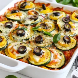 - 3 medium zucchinis, sliced into thin rounds - 1 cup marinara sauce - 1 cup shredded mozzarella cheese - 1/2 cup grated Parmesan cheese - 1 bell pepper, diced (any color) - 1 small red onion, diced - 1/2 cup black olives, sliced - 3 cloves garlic, minced - 1 teaspoon Italian seasoning - 1/2 teaspoon red pepper flakes (optional) - Salt and pepper to taste - Fresh basil leaves for garnish (optional) - 1 cup = 8 fluid ounces - 1/2 cup = 4 fluid ounces - 1 teaspoon = 5 milliliters - 1/2 teaspoon = 2.5 milliliters When you pick zucchini, look for ones that feel firm. The skin should be smooth and shiny. Avoid zucchini with soft spots or blemishes. Choose smaller zucchinis, as they tend to be sweeter and more tender. If you can, buy organic to avoid pesticides. Fresh zucchini will last about a week in your fridge. Store it in a plastic bag to keep it fresh longer. {{ingredient_image_1}} Start by washing the zucchinis. Slice them into thin rounds. This helps them cook evenly. Next, chop the bell pepper and red onion. I like to use a mix of colors for fun. Then, mince the garlic. This adds great flavor to the dish. In a large skillet, heat some oil over medium heat. Add the diced onion and bell pepper. Sauté them for about five minutes. You want them soft and fragrant. After that, stir in the minced garlic. Cook for another minute. This makes your kitchen smell amazing! Now, in a big bowl, combine the sliced zucchinis, sautéed veggies, marinara sauce, and seasonings. Add Italian seasoning, salt, and pepper. Mix well until the zucchini is coated. Grab a 9x13 inch baking dish. Spread half of the zucchini mixture evenly on the bottom. This creates a solid base for your casserole. Next, sprinkle half of the shredded mozzarella cheese on top. Now, layer the rest of the zucchini mixture over this cheese layer. Finish it off with the remaining mozzarella cheese. Sprinkle grated Parmesan and sliced black olives on top. If you like a kick, add some red pepper flakes too. Cover the baking dish with aluminum foil. This keeps the moisture in while it cooks. Bake it in your preheated oven at 375°F (190°C) for 30 minutes. After 30 minutes, remove the foil. Bake for an additional 15 minutes. This step melts the cheese and makes it golden. Allow the casserole to cool for five minutes before slicing. If you want, garnish with fresh basil leaves before serving. Enjoy this tasty meal! To make your zucchini pizza casserole extra tasty, use fresh ingredients. Fresh zucchinis give the best flavor. Slice them thin for even cooking. Don't skip the garlic; it adds a rich taste. Mix the marinara sauce well with the zucchini. Ensure every bite is flavorful. Layering is key. Spread the ingredients evenly to cook well. For a crispy top, bake uncovered the last 15 minutes. One mistake is using too much salt. The cheese and marinara are salty already. Avoid soggy zucchini by not overcooking them. If they sit too long, they release water. Drain any excess liquid before baking. Another common error is skipping the foil. Covering the dish helps cook the zucchini evenly. Remove it later to achieve a nice golden top. Bake your casserole at 375°F (190°C) for best results. Start with 30 minutes covered. After that, uncover and bake for 15 more minutes. If your oven runs hot, check a bit earlier. If you prefer a softer texture, add a few extra minutes. Always let it cool for about 5 minutes before slicing. This helps the layers hold together better. Pro Tips Prep Zucchini Ahead: To avoid excess moisture, slice and salt the zucchini beforehand, letting it sit for 15 minutes before patting it dry. Layer for Flavor: Consider adding layers of different vegetables like mushrooms or spinach for added flavor and nutrition. Cheese Variations: Experiment with different cheeses such as provolone or goat cheese for a unique twist on the classic mozzarella. Make it a Meal: Serve this casserole with a side salad or garlic bread to make it a complete and satisfying meal. {{image_2}} You can easily make a vegetarian version of this casserole. The recipe is already meat-free. You can add more veggies if you want. Think about spinach, mushrooms, or eggplant. Each veggie adds a new taste. You can also use different sauces, like pesto or spicy marinara. If you want to add meat, there are many choices. Ground beef or turkey works well. Just brown the meat before adding it to the mix. You can also use cooked sausage or pepperoni for extra flavor. These meats pair well with the zucchini and cheese. For a gluten-free version, check your marinara sauce. Some sauces contain gluten. You can also skip the breadcrumbs often found in other casseroles. Just focus on fresh veggies and cheese. This way, you still get a tasty meal without gluten. You can store your zucchini pizza casserole in the fridge. First, let it cool down. Transfer it to an airtight container. It will stay fresh for up to three days. Make sure to cover it well to keep the flavors locked in. When you want to enjoy the leftovers, preheat your oven to 350°F (175°C). Place the casserole in a baking dish. Cover it with foil to prevent drying out. Heat it for about 20 minutes. You can also microwave individual servings for quick snacks. Just heat for about 1-2 minutes, checking for warmth. If you want to save some for later, freezing is a great option. Let the casserole cool completely first. Then, cut it into portions. Wrap each piece tightly in plastic wrap, then place them in a freezer-safe bag. It should keep well for up to three months. When you’re ready to eat it, thaw in the fridge overnight. Reheat as mentioned above for a tasty meal. Yes, you can use different cheeses. If you want a sharp taste, try cheddar cheese. For a creamier texture, use provolone or fontina. Mixing cheeses can add depth to the flavor. I often mix mozzarella and cheddar for a tasty twist. Just keep the total amount close to two cups for best results. To add some heat, sprinkle red pepper flakes into the mix. You can also use spicy sausage or pepperoni for extra flavor. If you like a kick, add jalapeños or banana peppers. Adjust the amount to fit your taste. Start small and taste as you go. Yes, you can prep this casserole ahead of time. Just assemble it and cover it tightly. Store it in the fridge for up to two days. When ready to bake, let it sit at room temperature for 30 minutes. This helps it cook evenly. You can also freeze it for later. Just thaw it in the fridge overnight before baking. This blog post covered everything you need to know about making a delicious zucchini pizza casserole. We talked about choosing fresh ingredients, prepping, and baking. I shared tips to avoid common mistakes and offered variations for different diets. Remember, perfecting this dish takes practice. Trust your taste buds and have fun experimenting. You'll create a meal everyone will love. Keeping leftovers and reheating them well will ensure nothing goes to waste. Enjoy your cooking journey!