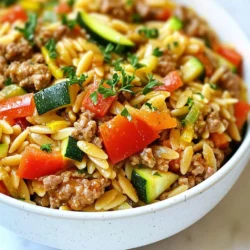 - 1 pound ground turkey - 1 cup orzo pasta - 1 medium onion, diced - 2 cloves garlic, minced - 1 red bell pepper, diced - 1 zucchini, diced The star of this dish is the ground turkey. It is lean and full of flavor. Orzo pasta is like little rice grains but with a pasta twist. The mix of onion, garlic, bell pepper, and zucchini adds color and crunch. These veggies bring a fresh taste to the meal. - 1 teaspoon dried oregano - 1 teaspoon smoked paprika - 2 cups chicken broth Dried oregano gives a nice herbal note. Smoked paprika adds a warm, smoky flavor. Chicken broth is the liquid gold that ties it all together. It makes the orzo creamy and rich as it cooks. - 1 tablespoon lemon juice - Fresh parsley, chopped (for garnish) - Salt and pepper to taste A squeeze of lemon juice brightens the dish. Fresh parsley adds a pop of color and flavor. Adjust salt and pepper to your liking for the perfect taste. This combination of ingredients makes a simple yet delicious meal. {{ingredient_image_1}} Start by dicing the onion, garlic, bell pepper, and zucchini. Use a sharp knife for clean cuts. Next, measure out your spices: oregano and smoked paprika. Pour two cups of chicken broth into a measuring cup. This prep makes cooking easy and quick. Heat two tablespoons of olive oil in a large skillet over medium heat. Add the diced onion. Sauté it until it turns translucent, about three to four minutes. Then, toss in the minced garlic and diced red bell pepper. Cook for another two minutes until the mix smells great. Now, raise the heat to medium-high. Add the ground turkey next. Use a spatula to break it up as it cooks. Keep cooking until it turns brown and there is no pink left, about five to six minutes. Once browned, stir in the diced zucchini, oregano, smoked paprika, salt, and pepper. Cook for three more minutes. This lets the veggies soften and soak up all those tasty flavors. Now, it’s time to combine! Add the orzo to the skillet and mix it well with the turkey and veggies. Pour in the chicken broth and bring the mix to a boil. When it boils, lower the heat to low, cover, and let it simmer. Cook for about ten to twelve minutes until the orzo is tender and the broth is absorbed. Remove the skillet from heat. Stir in the lemon juice to brighten the dish. Taste it and adjust the seasoning if needed. Let the dish rest for a few minutes before serving. This helps the flavors settle. Just before serving, garnish with fresh chopped parsley for a pop of color and taste. Enjoy your one-pan meal! - Best practices for browning ground turkey: Start with a hot skillet and add olive oil. Use medium-high heat. Break the turkey into small pieces as it cooks. This helps it brown evenly and adds flavor. Stir often to avoid burning. - Ensuring orzo cooks perfectly: Use enough chicken broth to cover the orzo. Let it boil before lowering the heat. Cover the skillet to trap steam. Check for doneness after 10 minutes. The orzo should be tender but not mushy. - Ideal side dishes to complement the meal: This dish pairs well with steamed vegetables. A fresh green salad adds crunch and brightness. Garlic bread is also a great choice to soak up any extra broth. - Pairing with salads or bread: A simple green salad with lemon vinaigrette works well. It balances the richness of the dish. Sourdough or baguette enhances the meal's overall comfort. - Garnishing for a gourmet look: Use fresh parsley to add color. A sprinkle of lemon zest gives a bright touch. Serve it in a shallow bowl for a restaurant-style feel. - Serving suggestions for meal prep: Store in clear containers for easy viewing. Layer with extra parsley and a lemon wedge on top. This makes it look appealing and ready to eat. Pro Tips Use Fresh Ingredients: Fresh vegetables and herbs can elevate the flavor of your dish significantly. Opt for seasonal produce whenever possible. One-Pan Cooking: This recipe can be made in one skillet, minimizing cleanup. Ensure to use a large enough skillet to accommodate all ingredients. Customize Your Seasoning: Feel free to adjust the spices according to your taste. Adding a pinch of red pepper flakes can give it a nice kick! Rest Before Serving: Letting the dish sit for a few minutes after cooking allows the flavors to meld together, enhancing the overall taste. {{image_2}} You can swap out the ground turkey for other proteins. Use chicken, beef, or even a plant-based option. Each choice brings a new taste. For the veggies, try spinach, carrots, or peas. Each vegetable adds a unique flavor and boosts nutrition. You can mix and match based on what you have at home. To make your dish even better, add spices like cumin or thyme. These spices give a warm, rich taste. You can also try adding herbs like basil or cilantro for freshness. For a creamy touch, mix in some cheese. Feta or mozzarella works well. You can also stir in a dollop of sour cream for a tangy flavor. If you need a gluten-free meal, look for gluten-free orzo. Many brands offer pasta that fits this need. You can also use quinoa as a great substitute. For a low-carb option, use cauliflower rice instead of orzo. It gives a similar texture while lowering the carbs. To keep your ground turkey and orzo dish fresh, place leftovers in an airtight container. Refrigerate them right after your meal. This helps avoid bacteria growth. You can store it in the fridge for up to three days. If you want to keep it longer, consider freezing it. When reheating, you want to keep the dish tasty. The best way is to use a skillet. Heat it on medium, stirring often. You can also use the microwave; just cover it to keep moisture in. Add a splash of chicken broth if it seems dry. Stir well to bring back the flavor. This dish freezes well. To freeze, let it cool completely. Divide it into meal-sized portions. Use freezer-safe bags or containers, removing as much air as you can. It can stay frozen for up to three months. To thaw, move it to the fridge overnight. Reheat as usual for a quick meal. How do I know when ground turkey is fully cooked? Ground turkey is done when it reaches an internal temperature of 165°F. Use a meat thermometer for accuracy. The meat should be brown with no pink spots. This ensures safety and enhances the flavor. Always check before serving! Can I make this recipe ahead of time? Yes, you can make this dish ahead of time. Cook it fully, then let it cool. Store it in an airtight container in the fridge. It will stay fresh for about 3 days. When ready to eat, just reheat it on the stove or in the microwave. What are the calorie counts per serving? Each serving of this ground turkey and orzo dish has about 400 calories. This includes the turkey, orzo, and veggies. It makes a filling meal without too many calories. Are there any health benefits to this dish? Yes! Ground turkey is lean and high in protein. It helps build and repair muscles. The veggies add vitamins and fiber. Orzo provides carbs for energy. This dish is a balanced meal that supports a healthy diet. Can I use other types of pasta? Absolutely! You can use any small pasta like ditalini or even whole wheat pasta. Just make sure to adjust the cooking time based on the type of pasta you choose. What can I substitute for chicken broth? You can use vegetable broth for a vegetarian option. Water with seasoning can work too. Just keep the flavor in mind. You want to maintain the dish's taste and depth. This blog post provided a clear guide for a delicious turkey meal. We discussed key ingredients, cooking steps, and variations. You learned how to prepare, cook, and store the dish. Remember, you can modify it to suit your taste and dietary needs. Whether you choose different proteins or enhance flavors, make it your own. Enjoy creating this recipe, and it can become a family favorite. Don't forget to try the tips for perfecting each step. Happy cooking!