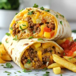 - 1 pound ground beef - 1 cup shredded sharp cheddar cheese - 1 cup refried beans - 1 cup cooked rice - ½ cup diced tomatoes - ½ cup diced onions - 2 cloves garlic, minced - 1 tablespoon taco seasoning - 4 large flour tortillas - 2 cups frozen French fries - 2 tablespoons olive oil - Salsa and sour cream When making Cheesy Beef Burritos, you need quality ingredients. Ground beef is the star. It adds flavor and protein. Sharp cheddar cheese gives the burritos a rich taste. Refried beans and rice create a hearty filling. Diced tomatoes, onions, and minced garlic add freshness. Taco seasoning brings that classic flavor we love. You can’t forget the flour tortillas. They wrap everything up nicely. Frozen French fries are the perfect side. A bit of olive oil helps cook them crispy. For serving, salsa and sour cream enhance the flavors. Don't skip these! With this list, you can create a tasty meal. Each ingredient plays a role, making your burritos a hit. {{ingredient_image_1}} - Preheat your oven for the frozen French fries. Check the package for the right temperature. - While it heats, chop the onions and mince the garlic. - Measure out the ground beef and have all your ingredients ready. - Heat olive oil in a large skillet over medium heat. - Add the chopped onions and minced garlic. Cook them until they smell great and look clear, about 2-3 minutes. - Next, add the ground beef to the skillet. Brown it for 5-7 minutes. Drain any extra fat. - Now, stir in the taco seasoning and diced tomatoes. Sprinkle in salt and pepper to taste. Mix it all well and cook for another 2-3 minutes. - In another bowl, mix the refried beans and cooked rice until they are combined. - Take a flour tortilla and lay it flat. Scoop about ⅓ cup of the beef mixture into the center. - Add a few spoonfuls of the bean and rice mix. Top it with some cheddar cheese. - Fold the sides of the tortilla in and roll it up tightly from the bottom. Repeat this for the other tortillas. - Place each burrito seam-side down on a baking sheet, and sprinkle any leftover cheese on top. - Bake the burritos in the preheated oven for about 10-15 minutes. They should be golden and crispy. - While the burritos bake, cook the frozen French fries according to the package instructions. - Once the burritos are ready, serve them hot with the crispy fries. - Garnish with fresh cilantro and serve with salsa and sour cream for dipping. - Choosing the right tortilla size: Use large flour tortillas. They hold more filling. A bigger tortilla makes it easier to wrap tightly. This helps keep the burrito intact while you eat. - Properly browning beef for flavor: Start with a hot skillet. Add olive oil, then the onions and garlic. Let them cook until they smell good. Next, add the ground beef. Brown it well for rich flavor. Drain any fat to keep it light. - Best dips and toppings: Salsa and sour cream are perfect. They add creaminess and spice. You can also use guacamole for a fresh taste. Chopped cilantro adds a nice touch, too. - Ideal sides to pair with burritos: Serve your burritos with crispy French fries. They add crunch and balance the meal. You can also try a side salad for freshness. A simple green salad works well. - Arranging burritos and fries on the plate: Place each burrito next to a generous pile of fries. This looks inviting and appetizing. Make sure the burrito is seam-side down for a neat look. - Using garnishes for visual appeal: Drizzle salsa over the burritos. This adds color and flavor. Top with chopped cilantro for a fresh pop. A sprinkle of cheese can also enhance the look. Pro Tips Use Fresh Ingredients: Fresh tomatoes and onions will enhance the flavor of your burritos significantly compared to canned options. Customize Your Fillings: Feel free to add or substitute with your favorite ingredients like bell peppers, jalapeños, or corn for extra texture and flavor. Don't Overstuff: While it’s tempting to fill your burritos, overstuffing may make them difficult to roll and could lead to spills during baking. Serve Hot: Burritos are best enjoyed hot out of the oven. Serve them immediately for a delightful experience! {{image_2}} You can swap ground beef for ground turkey or chicken. This change keeps the dish light and tasty. The flavor remains rich, and you still get that comforting burrito feel. For a vegetarian option, try using meat substitutes like lentils or black beans. These options bring a hearty texture and flavor without the meat. Want to spice things up? Add jalapeños or other peppers to the beef mixture. This addition gives a nice kick. You can also play with cheese types. Try pepper jack for a spicy twist, or go for a creamy queso for a different flavor. Mixing cheeses adds depth and makes each bite exciting. For a fun twist, serve burrito bowls instead of wrapped burritos. Layer crispy fries as the base, then pile on the beef and toppings. This style is great for sharing. You can also make wrap-style burritos. Add your favorite toppings like guacamole, sour cream, or fresh veggies for extra crunch. This way, everyone can customize their meal as they like. To keep your cheesy beef burritos fresh, wrap them tight in plastic wrap or foil. Store them in an airtight container in your fridge. This way, they stay tasty and safe. Burritos last about 3 to 4 days in the fridge. After that, they may lose flavor or texture. You can freeze both cooked and uncooked burritos. For cooked ones, let them cool first. Wrap them well in plastic wrap and then in foil. For uncooked burritos, you can freeze them after rolling. This keeps them fresh for up to 3 months. When it's time to eat, reheat cooked burritos in the oven at 350°F for about 20 minutes. If you freeze uncooked burritos, bake them straight from the freezer. Just add a few extra minutes to the cooking time. To maintain flavor and texture, let burritos cool before storing. This prevents sogginess. When reheating, cover them with foil to keep moisture in. Adding a sprinkle of cheese on top before reheating can also boost flavor. Enjoying your leftovers fresh is easy with these simple tips! To keep your burritos intact, rolling is key. Start with a warm tortilla; it bends better. Spoon the filling into the center, leaving room on the sides. Fold the sides in first, then roll from the bottom up. Press gently as you roll. Seal the edge with a bit of water. This helps it stick. Yes, you can prep these burritos ahead. Assemble them and wrap each one tightly in plastic wrap. Store in the fridge for up to 24 hours. When ready, just bake them straight from the fridge. This keeps them fresh and tasty. Crispy French fries are a perfect match. You can also serve a fresh salad or guacamole. Try rice and beans for a hearty option. Chips and salsa are great for snacking too. Each side adds a fun twist to your meal. To lighten up your burritos, use lean ground turkey or chicken. Swap the cheese for a low-fat version. You can add more veggies like bell peppers or spinach. Use whole wheat tortillas for extra fiber. These simple swaps keep the flavor but cut calories. Cheesy beef burritos are a delicious mix of flavor and fun. We covered key ingredients, from ground beef to sharp cheddar cheese. I shared step-by-step instructions, cooking tips, and variations to suit your taste. Remember, you can get creative with substituting ingredients or changing up how you serve them. Store leftovers right to keep them fresh. With these tips, you can make perfect burritos every time. Enjoy exploring this tasty dish that brings joy to your table!