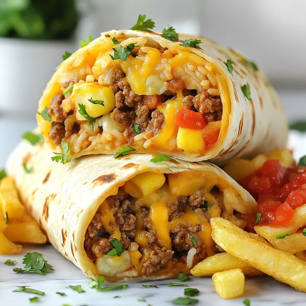 - 1 pound ground beef - 1 cup shredded sharp cheddar cheese - 1 cup refried beans - 1 cup cooked rice - ½ cup diced tomatoes - ½ cup diced onions - 2 cloves garlic, minced - 1 tablespoon taco seasoning - 4 large flour tortillas - 2 cups frozen French fries - 2 tablespoons olive oil - Salsa and sour cream When making Cheesy Beef Burritos, you need quality ingredients. Ground beef is the star. It adds flavor and protein. Sharp cheddar cheese gives the burritos a rich taste. Refried beans and rice create a hearty filling. Diced tomatoes, onions, and minced garlic add freshness. Taco seasoning brings that classic flavor we love. You can’t forget the flour tortillas. They wrap everything up nicely. Frozen French fries are the perfect side. A bit of olive oil helps cook them crispy. For serving, salsa and sour cream enhance the flavors. Don't skip these! With this list, you can create a tasty meal. Each ingredient plays a role, making your burritos a hit. {{ingredient_image_1}} - Preheat your oven for the frozen French fries. Check the package for the right temperature. - While it heats, chop the onions and mince the garlic. - Measure out the ground beef and have all your ingredients ready. - Heat olive oil in a large skillet over medium heat. - Add the chopped onions and minced garlic. Cook them until they smell great and look clear, about 2-3 minutes. - Next, add the ground beef to the skillet. Brown it for 5-7 minutes. Drain any extra fat. - Now, stir in the taco seasoning and diced tomatoes. Sprinkle in salt and pepper to taste. Mix it all well and cook for another 2-3 minutes. - In another bowl, mix the refried beans and cooked rice until they are combined. - Take a flour tortilla and lay it flat. Scoop about ⅓ cup of the beef mixture into the center. - Add a few spoonfuls of the bean and rice mix. Top it with some cheddar cheese. - Fold the sides of the tortilla in and roll it up tightly from the bottom. Repeat this for the other tortillas. - Place each burrito seam-side down on a baking sheet, and sprinkle any leftover cheese on top. - Bake the burritos in the preheated oven for about 10-15 minutes. They should be golden and crispy. - While the burritos bake, cook the frozen French fries according to the package instructions. - Once the burritos are ready, serve them hot with the crispy fries. - Garnish with fresh cilantro and serve with salsa and sour cream for dipping. - Choosing the right tortilla size: Use large flour tortillas. They hold more filling. A bigger tortilla makes it easier to wrap tightly. This helps keep the burrito intact while you eat. - Properly browning beef for flavor: Start with a hot skillet. Add olive oil, then the onions and garlic. Let them cook until they smell good. Next, add the ground beef. Brown it well for rich flavor. Drain any fat to keep it light. - Best dips and toppings: Salsa and sour cream are perfect. They add creaminess and spice. You can also use guacamole for a fresh taste. Chopped cilantro adds a nice touch, too. - Ideal sides to pair with burritos: Serve your burritos with crispy French fries. They add crunch and balance the meal. You can also try a side salad for freshness. A simple green salad works well. - Arranging burritos and fries on the plate: Place each burrito next to a generous pile of fries. This looks inviting and appetizing. Make sure the burrito is seam-side down for a neat look. - Using garnishes for visual appeal: Drizzle salsa over the burritos. This adds color and flavor. Top with chopped cilantro for a fresh pop. A sprinkle of cheese can also enhance the look. Pro Tips Use Fresh Ingredients: Fresh tomatoes and onions will enhance the flavor of your burritos significantly compared to canned options. Customize Your Fillings: Feel free to add or substitute with your favorite ingredients like bell peppers, jalapeños, or corn for extra texture and flavor. Don't Overstuff: While it’s tempting to fill your burritos, overstuffing may make them difficult to roll and could lead to spills during baking. Serve Hot: Burritos are best enjoyed hot out of the oven. Serve them immediately for a delightful experience! {{image_2}} You can swap ground beef for ground turkey or chicken. This change keeps the dish light and tasty. The flavor remains rich, and you still get that comforting burrito feel. For a vegetarian option, try using meat substitutes like lentils or black beans. These options bring a hearty texture and flavor without the meat. Want to spice things up? Add jalapeños or other peppers to the beef mixture. This addition gives a nice kick. You can also play with cheese types. Try pepper jack for a spicy twist, or go for a creamy queso for a different flavor. Mixing cheeses adds depth and makes each bite exciting. For a fun twist, serve burrito bowls instead of wrapped burritos. Layer crispy fries as the base, then pile on the beef and toppings. This style is great for sharing. You can also make wrap-style burritos. Add your favorite toppings like guacamole, sour cream, or fresh veggies for extra crunch. This way, everyone can customize their meal as they like. To keep your cheesy beef burritos fresh, wrap them tight in plastic wrap or foil. Store them in an airtight container in your fridge. This way, they stay tasty and safe. Burritos last about 3 to 4 days in the fridge. After that, they may lose flavor or texture. You can freeze both cooked and uncooked burritos. For cooked ones, let them cool first. Wrap them well in plastic wrap and then in foil. For uncooked burritos, you can freeze them after rolling. This keeps them fresh for up to 3 months. When it's time to eat, reheat cooked burritos in the oven at 350°F for about 20 minutes. If you freeze uncooked burritos, bake them straight from the freezer. Just add a few extra minutes to the cooking time. To maintain flavor and texture, let burritos cool before storing. This prevents sogginess. When reheating, cover them with foil to keep moisture in. Adding a sprinkle of cheese on top before reheating can also boost flavor. Enjoying your leftovers fresh is easy with these simple tips! To keep your burritos intact, rolling is key. Start with a warm tortilla; it bends better. Spoon the filling into the center, leaving room on the sides. Fold the sides in first, then roll from the bottom up. Press gently as you roll. Seal the edge with a bit of water. This helps it stick. Yes, you can prep these burritos ahead. Assemble them and wrap each one tightly in plastic wrap. Store in the fridge for up to 24 hours. When ready, just bake them straight from the fridge. This keeps them fresh and tasty. Crispy French fries are a perfect match. You can also serve a fresh salad or guacamole. Try rice and beans for a hearty option. Chips and salsa are great for snacking too. Each side adds a fun twist to your meal. To lighten up your burritos, use lean ground turkey or chicken. Swap the cheese for a low-fat version. You can add more veggies like bell peppers or spinach. Use whole wheat tortillas for extra fiber. These simple swaps keep the flavor but cut calories. Cheesy beef burritos are a delicious mix of flavor and fun. We covered key ingredients, from ground beef to sharp cheddar cheese. I shared step-by-step instructions, cooking tips, and variations to suit your taste. Remember, you can get creative with substituting ingredients or changing up how you serve them. Store leftovers right to keep them fresh. With these tips, you can make perfect burritos every time. Enjoy exploring this tasty dish that brings joy to your table!