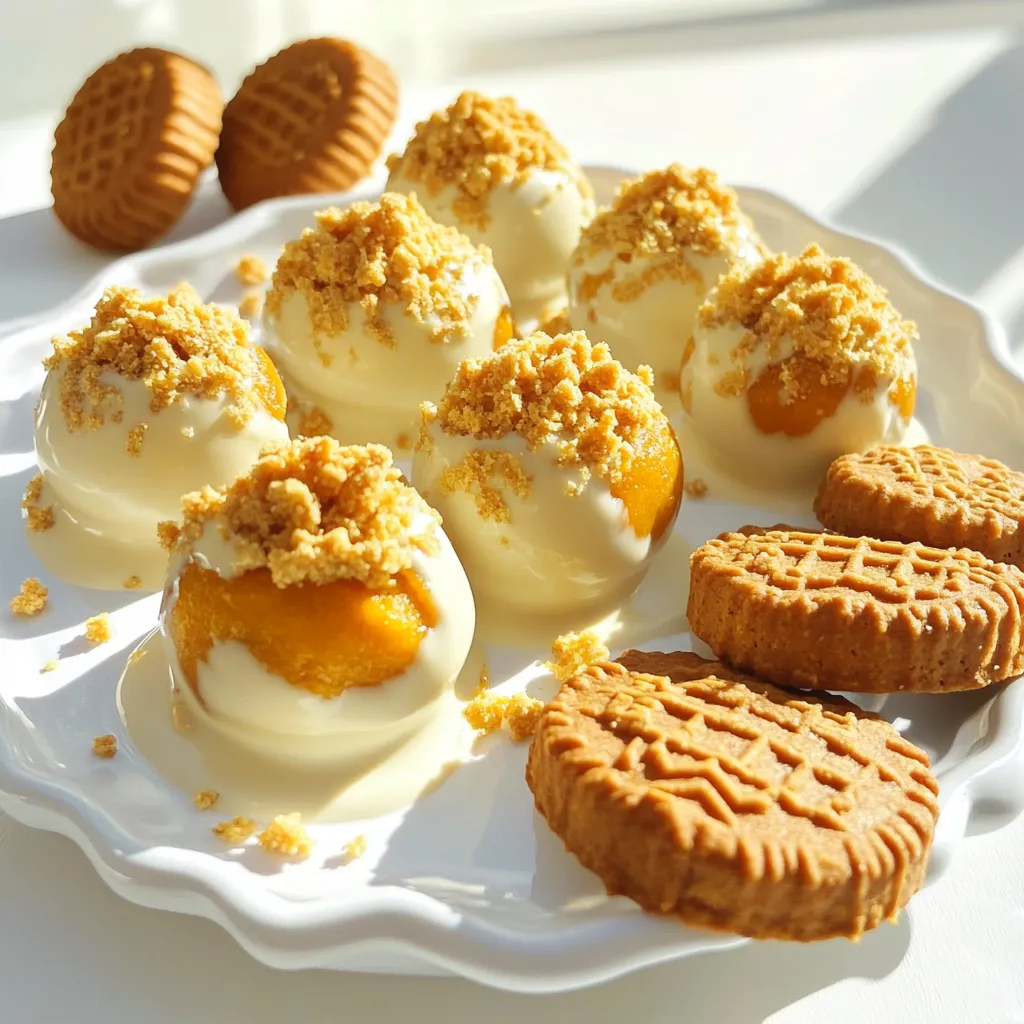 To make No Bake Biscoff Pumpkin Truffles, you will need these key items: - 1 cup pumpkin puree - 1 cup Biscoff cookie crumbs - 1/2 cup cream cheese, softened - 1/4 cup powdered sugar - 1 teaspoon pumpkin spice - 1/4 teaspoon vanilla extract - 1/3 cup white or dark chocolate chips (for coating) - Extra Biscoff cookie crumbs for garnish These ingredients work together to create a rich, creamy truffle with a warm pumpkin flavor. You can add your own touch with these optional ingredients: - Chopped nuts, like pecans or walnuts, for crunch - A pinch of sea salt to enhance flavor - A splash of maple syrup for sweetness Feel free to mix and match to suit your taste! If you need alternatives, try these options: - Use Greek yogurt instead of cream cheese for a tangy twist. - Swap pumpkin puree with sweet potato puree for a different flavor. - Use almond or coconut flour instead of Biscoff crumbs for gluten-free truffles. These substitutions can help you adapt the recipe to your needs while keeping the deliciousness intact. First, grab a medium mixing bowl. Add 1 cup of pumpkin puree, 1/2 cup of softened cream cheese, and 1/4 cup of powdered sugar. Sprinkle in 1 teaspoon of pumpkin spice and 1/4 teaspoon of vanilla extract. Use a hand mixer to beat this mixture until it is smooth. This will take about one minute. Next, slowly add 1 cup of Biscoff cookie crumbs. Stir the crumbs into the mixture until a thick dough forms. If the dough feels sticky, use your hands to knead it lightly. This helps combine everything well. After that, cover the bowl and place it in the refrigerator. Let it chill for about 30 minutes. This step makes the dough easier to shape later. Once the dough is firm, take it out of the fridge. Scoop about 1 tablespoon of the mixture. Roll it into a ball using your hands. It should feel smooth and round. Place each truffle on a parchment-lined baking sheet. Repeat this step with the rest of the dough. You should end up with 12 to 15 truffles. Now, it’s time to melt the chocolate! In a microwave-safe bowl, add 1/3 cup of white or dark chocolate chips. Heat in the microwave in 15-second intervals. Stir in between until the chocolate is fully melted and smooth. Take each truffle and dip it into the melted chocolate. Let any excess chocolate drip off before placing it back on the baking sheet. While the chocolate is still wet, sprinkle extra Biscoff cookie crumbs on top to garnish. Finally, return the truffles to the fridge for about 30 minutes. This allows the chocolate to harden, making your truffles ready to enjoy! To get the best texture, use softened cream cheese. It blends well with the pumpkin puree. Make sure to beat the mixture until it is smooth. Gradually add Biscoff cookie crumbs. This helps create a thick dough. If it's too sticky, chill it for a while. A firm mixture makes rolling easier. One common mistake is not chilling the dough. If you skip this step, the truffles can fall apart. Another mistake is over-melting the chocolate. Heat it slowly in short bursts. Stir in between to keep it smooth. Lastly, don’t skip the extra cookie crumbs on top. They add flavor and make your truffles look great. When serving, arrange truffles on a nice plate. You can drizzle melted chocolate over them for flair. Add whole Biscoff cookies on the side for fun. For a seasonal touch, use fall-themed decorations. These small details make your treat extra special. Enjoy showing off your delicious No Bake Biscoff Pumpkin Truffles! {{image_2}} You can change the spice mix to fit your taste. Instead of pumpkin spice, try cinnamon or nutmeg. You can also add a hint of ginger for a warm kick. Each spice brings its own charm. Adjust the amounts based on what you like. For example, use one teaspoon of cinnamon if you want a strong flavor. This simple swap can make your truffles unique! While chocolate is a classic choice, consider other coatings. You can use white chocolate or dark chocolate. If you want something different, try crushed nuts or coconut. A light dusting of cocoa powder adds a nice touch. You can also coat them in more Biscoff crumbs for extra flavor. Each coating option adds a new layer of taste and texture. Feel free to add more ingredients for extra fun! Chopped nuts like pecans or walnuts add crunch. You can mix in mini chocolate chips for sweetness. For a creamier texture, add a little more cream cheese. Want a touch of salt? A pinch of sea salt can balance the sweet flavors. Get creative and make these truffles your own! To keep your No Bake Biscoff Pumpkin Truffles fresh, store them in an airtight container. Place parchment paper between layers to avoid sticking. The truffles taste best when chilled. They stay fresh for about a week in the fridge. If you want to keep them longer, consider using a freezer. Wrap each truffle in plastic wrap. Then, place them in a freezer-safe bag. This method can keep them fresh for up to three months. Remember to label the bag with the date. To freeze, make sure the truffles are fully set. Once they are, follow the wrapping steps mentioned above. When you're ready to enjoy, take them out and let them thaw in the fridge. This way, they come back to their creamy texture. Yes, you can use other cookies. Try ginger snaps or Oreos for a twist. Both add unique flavors. Just crush them well to get the right texture. Each cookie will change the taste a bit. Experiment to find your favorite! These truffles stay fresh for about one week. Store them in the fridge to keep them firm. If you want them to last longer, they can be frozen. Just place them in an airtight container. They will still taste great after freezing. Yes, you can make vegan truffles! Use vegan cream cheese instead of regular. Swap the chocolate chips for dairy-free ones too. The Biscoff cookies are often vegan, but check the label to be sure. This way, everyone can enjoy these tasty treats! In this post, we covered how to make truffles, starting with the ingredients needed. I detailed the mixing, shaping, and coating steps for perfect results. You learned tips to avoid common mistakes and how to serve your treats. We discussed fun variations and storage methods to keep them fresh. Making truffles is fun and easy. With practice, you’ll create tasty and unique treats. Enjoy experimenting and sharing these delights with friends and family!